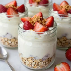 To make Strawberry Cheesecake Overnight Oats, gather these simple ingredients: - 1 cup rolled oats - 1 cup almond milk (or your preferred milk) - 1/2 cup Greek yogurt (plain or vanilla) - 1 tablespoon cream cheese, softened - 2 tablespoons honey or maple syrup - 1 teaspoon vanilla extract - 1/2 cup fresh strawberries, diced - 2 tablespoons crushed graham crackers (for topping) - Optional: 1 tablespoon chia seeds (for added texture and nutrition) You can swap some ingredients based on your needs: - Use any milk you like, such as cow's milk or oat milk. - Greek yogurt can be replaced with dairy-free yogurt for a vegan option. - For a lower-sugar option, try a sugar-free sweetener instead of honey. - You can use ricotta cheese instead of cream cheese for a lighter taste. - If you want more fiber, add flax seeds instead of chia seeds. Top your overnight oats for extra flavor and texture: - Add more fresh strawberries for a fruity touch. - Sprinkle crushed graham crackers for a cheesecake vibe. - Drizzle honey or maple syrup for added sweetness. - Try nuts like almonds or walnuts for a crunchy bite. - Add a dollop of whipped cream for a treat. {{ingredient_image_1}} Making strawberry cheesecake overnight oats is simple and fun. You will need some bowls, a spoon, and jars for serving. The prep time is just 10 minutes. After that, the oats chill overnight. 1. Mix the Oats and Milk: Take a medium bowl and add 1 cup of rolled oats. Pour in 1 cup of almond milk. Stir until the oats soak up the milk. 2. Blend the Yogurt Mixture: In another bowl, mix 1/2 cup of Greek yogurt and 1 tablespoon of softened cream cheese. Add 2 tablespoons of honey or maple syrup and 1 teaspoon of vanilla extract. If you want, toss in 1 tablespoon of chia seeds. Stir until smooth. 3. Combine Mixtures: Gently fold the yogurt mix into the oat mix. Make sure everything blends well. 4. Add Strawberries: Next, fold in 1/2 cup of diced fresh strawberries. Set aside a few strawberry pieces for later. 5. Jar It Up: Spoon the mix into jars or containers. Divide it evenly. 6. Chill Overnight: Seal the jars and put them in the fridge. Let them chill overnight or for at least 4 hours. 7. Serve: In the morning, stir the oats. Top with the reserved strawberries and sprinkle crushed graham crackers for that cheesecake touch. - Mix the oats and milk well to avoid clumps. - Use a spatula to fold in the yogurt mix gently. - Be careful not to mush the strawberries when you add them. - If you want more texture, chia seeds add a nice crunch. This recipe is simple and perfect for busy mornings. Enjoy your delicious strawberry cheesecake overnight oats! To make great overnight oats, use rolled oats. They soak up the milk well. Quick oats can get mushy, so avoid them. Always soak the oats in milk for at least four hours. This helps them become soft and creamy. Mix the oats and milk in a bowl. Stir until the oats are fully covered. This simple step makes a big difference in texture. You can change the flavors to suit your taste. Try adding different fruits, like bananas or blueberries. You can also swap the Greek yogurt for a dairy-free option. Use almond or coconut yogurt for a vegan choice. Mix in spices like cinnamon or nutmeg for warmth. If you love chocolate, add cocoa powder or mini chocolate chips. The options are endless! Make these oats for the week ahead. They last well in the fridge for up to five days. Use small jars for easy storage. This also makes it simple to grab a jar on busy mornings. To save time, prep several jars at once. Mix the oats, milk, and yogurt in bulk. Then, add the fruit and toppings just before eating. This keeps everything fresh and tasty! Pro Tips Use Overnight Soaking: Allowing the oats to soak overnight not only softens them but also enhances the flavor absorption from the other ingredients. Fresh Strawberries: For the best flavor and texture, use fresh strawberries rather than frozen, as they provide a delightful crunch and natural sweetness. Experiment with Sweeteners: Feel free to adjust the sweetness by using agave syrup or stevia instead of honey or maple syrup to suit your taste preferences. Chill Before Serving: Letting the oats chill longer will improve the texture and ensure a refreshing breakfast that’s ready to go. {{image_2}} You can switch up the fruit in your overnight oats. Berries work great. Use blueberries, raspberries, or blackberries. You can also try chopped bananas or diced peaches. Each fruit adds its own flavor and sweetness. Mix and match to find your favorite combo. Don’t forget to adjust the sweetness if you use tart fruits. If you're dairy-free or vegan, you can easily adapt this recipe. Use coconut yogurt instead of Greek yogurt. Almond milk is a great choice for the liquid. You can also try oat milk or soy milk. For cream cheese, use a plant-based version. Maple syrup is a perfect sweetener for vegan needs. This way, you still get creamy, tasty oats without dairy. Adding spices can take your oats to the next level. Try a pinch of cinnamon for warmth. You might also like a dash of nutmeg for a cozy flavor. Vanilla extract adds a nice touch; it enhances the sweetness. If you want a hint of citrus, add some lemon or orange zest. These small tweaks can make a big difference in taste. To store your strawberry cheesecake overnight oats, place them in airtight containers. This keeps them fresh and tasty. Make sure to seal the lids tightly. You can store them in the fridge for easy access. If you have leftovers, just grab them when you need a quick breakfast. Overnight oats last well in the fridge for up to three days. After that, the quality may drop. If you want to keep them longer, you can freeze them. Just make sure to use freezer-safe containers. They can last up to three months in the freezer. When ready to eat, thaw them in the fridge overnight. Use glass jars or BPA-free plastic containers. Glass jars are great because they show off the layers. Choose containers with tight-fitting lids to keep the oats fresh. If you’re on the go, smaller containers work well. They are easy to carry and perfect for busy mornings. Yes, you can use instant oats. Instant oats cook faster and absorb liquid quickly. They will make your overnight oats softer and creamier. If you choose instant oats, reduce the soaking time. You can let them sit for about 30 minutes instead of overnight. This way, they will still be tasty and have a good texture. You can keep overnight oats in the fridge for up to five days. This makes them great for meal prep. Store them in a sealed container to keep them fresh. If you notice any change in smell or color, it’s best to toss them out. The oats will stay tasty and healthy for a few days, so enjoy them throughout the week! Yes, you can easily make this recipe vegan. Use almond milk or any plant-based milk of your choice. For the yogurt, choose a dairy-free yogurt. Instead of cream cheese, use a vegan cream cheese. You can also swap honey for maple syrup or agave nectar. With these simple swaps, you can still enjoy delicious strawberry cheesecake overnight oats! You can create tasty overnight oats with simple ingredients and great flavors. We listed different options for ingredients, toppings, and variations. I shared step-by-step instructions to help you mix and prepare them easily. Remember to store your oats properly for the best taste and freshness. Feel free to customize your flavors to suit your taste. Enjoy this quick, healthy meal any time!