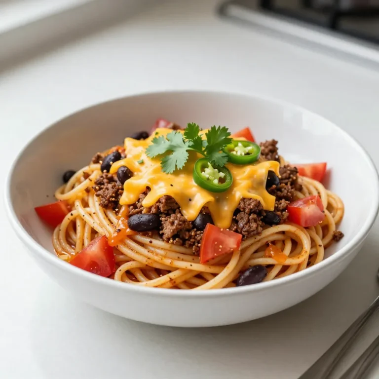 - Spaghetti and Protein Options - 8 oz spaghetti - 1 lb ground beef (or turkey) - Vegetables and Spices - 1 medium onion, diced - 2 cloves garlic, minced - 1 packet taco seasoning - 1 can (15 oz) black beans, rinsed and drained - 1 can (14 oz) diced tomatoes with green chilies - 1 cup corn (frozen or canned) - Broth and Cheese - 2 cups beef or vegetable broth - 1 cup shredded cheddar cheese - Garnishes - Salt and pepper to taste - Fresh cilantro, for garnish - Sliced jalapeños (optional, for garnish) Each ingredient in this recipe plays a special role. The spaghetti acts as the base, soaking up all the tasty flavors. The ground beef or turkey adds protein and richness. The diced onion and garlic bring a savory depth. Taco seasoning gives the dish its signature kick. Black beans and corn add texture and heartiness. Tomatoes with chilies bring a slight heat and acidity. The broth helps cook the spaghetti and keeps everything moist. Finally, the cheese melts into a creamy topping. You can adjust the garnishes to fit your taste. Fresh cilantro adds brightness, while jalapeños can spice things up! {{ingredient_image_1}} Start by heating a large pot over medium heat. Add 1 pound of ground beef or turkey. Cook it for about 5 to 7 minutes. Use a spatula to break the meat into small pieces. Cook until the meat is brown and fully cooked. This step gives your dish a rich flavor base. Next, add 1 medium diced onion and 2 minced cloves of garlic to the pot. Cook these for about 3 to 4 minutes. You want the onion to look clear. Then, stir in 1 packet of taco seasoning. Mix it well with the meat and onion. Let it cook for a minute to bring out the flavors. Now it’s time to add more ingredients. Pour in 1 can of diced tomatoes with green chilies, 1 can of rinsed black beans, and 1 cup of corn. Stir everything together. Then, add 8 ounces of spaghetti and 2 cups of beef or vegetable broth. Make sure the spaghetti is under the liquid. Bring this mix to a boil. Once it starts boiling, reduce the heat to low. Cover the pot and let it simmer for about 12 to 15 minutes. Stir it occasionally. Check if the spaghetti is al dente and the liquid is mostly absorbed. If there’s extra liquid, leave the lid off and cook for another 2 to 3 minutes. Finally, take the pot off the heat. Sprinkle 1 cup of shredded cheddar cheese on top. Cover it for a few minutes to let the cheese melt. Season with salt and pepper to taste. Serve hot, adding fresh cilantro and sliced jalapeños if you like. Cooking one pot meals like this taco spaghetti saves time and effort. Start with a large pot. Use a pot that holds heat well. This helps cook the food evenly. Always brown the meat first. This adds great flavor. After that, add your veggies. This will make them tender and sweet. Stir often to prevent anything from sticking. To avoid overcooking spaghetti, watch it closely. Add the spaghetti only after you combine the other ingredients. Make sure the pasta is submerged in the liquid. Bring it to a rolling boil. Then reduce the heat. Cover the pot and let it simmer. Check the spaghetti after 12 minutes. It should be al dente, which means firm to the bite. If it needs more time, stir and taste often. To boost flavor, use fresh ingredients. Fresh garlic and onion add depth. You can also add extra spices. A pinch of cumin or chili powder can elevate the taste. If you like heat, add sliced jalapeños. For a fresh finish, sprinkle cilantro on top. You can even mix in lime juice. A squeeze can brighten the whole dish. Enjoy exploring these fun flavor options! Pro Tips Use Fresh Ingredients: Fresh vegetables and herbs will enhance the flavor of your dish. Consider using fresh cilantro and ripe tomatoes for the best taste. Customize Your Spice Level: Adjust the amount of taco seasoning or add fresh jalapeños to cater to your heat preference. This dish can easily be made mild or spicy! Cheese Options: Experiment with different types of cheese such as pepper jack or Monterey Jack for a unique flavor twist that complements the taco theme. Meal Prepping: This recipe is perfect for meal prep! Cook a larger batch and store servings in the fridge or freezer for quick meals throughout the week. {{image_2}} You can easily make One Pot Taco Spaghetti vegetarian or vegan. Swap the ground beef or turkey for plant-based meat. You can also use lentils or mushrooms for a hearty texture. For a vegan option, choose vegetable broth and skip the cheese. You can add more beans or veggies for extra flavor and nutrients. To change the spice level, adjust the taco seasoning. Use a mild blend if you prefer less heat. For more spice, add diced jalapeños or use hot taco seasoning. You can also sprinkle crushed red pepper flakes on top. Taste as you go to find your perfect heat. While cheddar cheese is great, feel free to mix it up. Monterey Jack adds a creamy texture. Pepper Jack gives a nice kick too. For a dairy-free option, use vegan cheese that melts well. You can also try crumbled queso fresco for a fresh taste. Experiment to find your favorite cheese! To store leftovers of One Pot Taco Spaghetti, let it cool first. Place it in an airtight container. You can keep it in the fridge for up to three days. Make sure the lid seals well to keep it fresh. If you want to enjoy it later, consider freezing it instead. To reheat, you can use the microwave or stove. If using a microwave, place the spaghetti in a bowl. Add a splash of water to keep it moist. Heat in short bursts, stirring in between. If using a pan, add a bit of broth to the pot. Heat over low heat until warm, stirring often. You can freeze One Pot Taco Spaghetti for future meals. Use a freezer-safe container or bag. Make sure to remove as much air as possible. It can last for up to three months in the freezer. When ready to eat, thaw it in the fridge overnight before reheating. This keeps the flavors intact and ensures a tasty meal. Yes, you can use other pasta types. Penne or fusilli works well too. Just adjust the cooking time. Check the package for the right cook time. The key is to keep an eye on it to avoid mushiness. Absolutely! You can make One Pot Taco Spaghetti ahead of time. Cook it and let it cool. Store it in the fridge for up to three days. Just reheat it on the stove or in the microwave. This dish pairs well with a simple salad. Try a mix of greens, tomatoes, and avocado. You can also serve it with tortilla chips or garlic bread for crunch. A side of sour cream or guacamole adds a nice touch. Add more taco seasoning for heat. You can also toss in diced jalapeños or a dash of hot sauce. For extra flavor, sprinkle some crushed red pepper flakes on top right before serving. Adjust to your spice level! You learned about the key ingredients for One Pot Taco Spaghetti and how to prepare it. We discussed cooking methods and tips for the best results. You can customize with vegetarian choices, spice levels, and cheese types. It’s easy to store, reheat, and freeze leftovers. Remember, the best meals bring flavors together in one pot. Try this recipe for a quick, tasty dish everyone will love. Enjoy creating your one pot wonder!