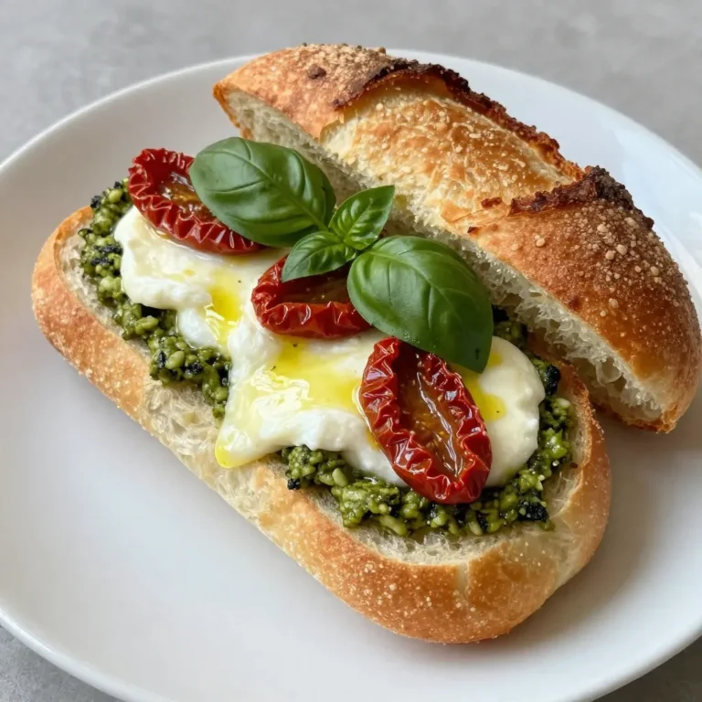 To make pesto mozzarella stuffed bread, gather these items: - 1 large loaf of Italian bread - 1 cup fresh basil pesto - 2 cups shredded mozzarella cheese - 1/2 cup sun-dried tomatoes, chopped - 1/4 cup grated Parmesan cheese - 2 cloves garlic, minced - 2 tablespoons olive oil - Salt and pepper to taste - Fresh basil leaves for garnish Each ingredient plays a key role in flavor. If you want to mix it up, here are some ideas: - Bread: Use a French loaf instead of Italian for a different taste. - Pesto: Swap basil pesto with sun-dried tomato pesto for a unique twist. - Cheese: Try fontina cheese for a creamy texture. - Tomatoes: Fresh tomatoes can replace sun-dried ones; just chop them small. - Garlic: If you dislike fresh garlic, garlic powder works too; use about 1/2 teaspoon. - Oil: Any neutral oil can replace olive oil, but olive adds a nice taste. Using quality products can really make this dish shine. Here are my favorites: - Bread: Look for fresh, crusty Italian bread from your local bakery. - Pesto: I recommend a high-quality brand for the best flavor. Check for one without fillers. - Cheese: Use fresh, whole milk mozzarella for that gooey texture. - Tomatoes: Choose sun-dried tomatoes packed in oil; they add great flavor and moisture. These choices can enhance your pesto mozzarella stuffed bread, making each bite a delight! {{ingredient_image_1}} 1. Preheat your oven to 375°F (190°C). This helps create a nice, crispy crust. 2. Slice the Italian bread in half lengthwise. Be careful to keep it attached on one side. This creates a pocket for the filling. 3. In a bowl, mix the shredded mozzarella cheese, chopped sun-dried tomatoes, minced garlic, and grated Parmesan cheese. Season it with salt and pepper to your taste. 4. Spread the basil pesto evenly inside the bread pocket. Make sure to cover the bottom well. 5. Fill the pocket generously with the cheese and tomato mix. Press it down to pack it in tightly. 6. Brush the outside of the bread with olive oil. This helps it crisp up while baking. 7. Wrap the bread tightly in aluminum foil. Place it on a baking sheet for easy handling. 8. Bake in the preheated oven for 20-25 minutes. Look for melted cheese and golden bread. 9. Remove the foil and bake for an extra 5-10 minutes. This gives you a crustier exterior. 10. Let it cool for a few minutes. Then slice it into pieces and garnish with fresh basil leaves. - Use fresh ingredients. Fresh basil and quality cheese make a big difference in flavor. - Don’t overstuff. Make sure to pack the stuffing, but don’t force too much in. - Taste as you go. Adjust the seasoning to suit your palate. This makes the dish more enjoyable. Follow these steps, and you'll create a delightful pesto mozzarella stuffed bread that everyone will love! Serve your pesto mozzarella stuffed bread warm. It pairs well with a simple salad. You can also enjoy it as a snack or appetizer. Cut it into smaller pieces for easy sharing. Try serving it with marinara sauce for dipping too! One common mistake is not slicing the bread deep enough. You need to create a good pocket for the filling. Another mistake is overstuffing the bread. If you pack it too tight, it may not cook evenly. Lastly, don’t forget to brush the outside with olive oil. This step gives your bread a nice crisp. You can prepare your stuffed bread a few hours ahead. Follow all the steps but wait to bake it. Wrap it tightly in foil and store it in the fridge. When you’re ready, just pop it in the oven. Adjust the baking time if it’s cold from the fridge. This makes mealtime simple and stress-free! Pro Tips Choose Fresh Ingredients: Always opt for the freshest basil and high-quality mozzarella to enhance the flavor of your stuffed bread. Customize Your Fillings: Feel free to add or substitute ingredients like olives, artichokes, or different cheeses to create your perfect stuffing. Watch the Baking Time: Keep a close eye on the bread during the last few minutes of baking to achieve your desired crustiness without burning. Let It Rest: Allow the stuffed bread to cool for a few minutes after baking; this helps the cheese set slightly for cleaner slices. {{image_2}} You can switch up the cheese in this recipe. Try using a blend of cheeses. For example, gouda or cheddar can add a sharp twist. If you like a creamy texture, use ricotta or cream cheese. Mixing mozzarella with provolone makes it extra cheesy and rich. Just remember to keep the total amount close to two cups. Want to boost the flavor? Add proteins or vegetables to your bread. Chopped cooked chicken or diced salami adds a savory touch. You can also mix in sautéed spinach or roasted peppers for extra color and taste. Just make sure to chop them small so they fit well in the bread. Pesto doesn't have to be just basil! You can try different herbs or nuts. For a twist, use cilantro and walnuts for a fresh flavor. Sun-dried tomato pesto gives a sweet and rich taste. You can even use arugula for a peppery kick. Experiment with these flavors to find your favorite combination! To store leftovers, wrap the stuffed bread tightly in plastic wrap or foil. Place it in an airtight container to keep it fresh. This will help keep the flavors intact. You can store it in the fridge for up to three days. If you want to keep it longer, freezing is a great option. When you're ready to enjoy your leftovers, preheat your oven to 350°F (175°C). Remove the bread from the fridge. Unwrap it from the plastic or foil. Place it on a baking sheet. Heat for about 10-15 minutes, or until the cheese is melted and the bread is warm. For a crispier crust, you can bake it without cover for the last few minutes. To freeze the stuffed bread, wrap it tightly in plastic wrap and then in foil. Label the package with the date. You can freeze it for up to three months. When you're ready to eat, let it thaw in the fridge overnight. Follow the reheating instructions to enjoy it again. Freezing helps you keep this tasty dish for later! I recommend using a large loaf of Italian bread. Its thick crust holds the filling well. Other good choices are French bread or ciabatta. These breads have a nice chew and flavor, too. They also toast well, giving you a crisp bite. Yes, you can use store-bought pesto. It saves time and still tastes great. Look for one made with fresh ingredients for the best flavor. Homemade pesto is fun to make, but store-bought is a good option when you are in a hurry. To prevent sogginess, spread the pesto evenly in the pocket. Avoid adding too much liquid. Pack the cheese and sun-dried tomatoes tightly, but not too tightly. Also, brush the outside of the bread with olive oil. This helps it crisp up in the oven. Wrapping the bread in foil keeps the moisture in but allows for a nice crust at the end. In this blog post, we covered key ingredients, step-by-step instructions, and helpful tips for stuffing. You learned about ingredient choices, baking techniques, and how to avoid common mistakes. Don't forget the variety of cheese options and adding proteins for new flavors. Remember to store leftovers properly and reheat them safely. With these guidelines, you’ll create perfect, tasty dishes every time. Enjoy your cooking and share your delicious results with friends and family.