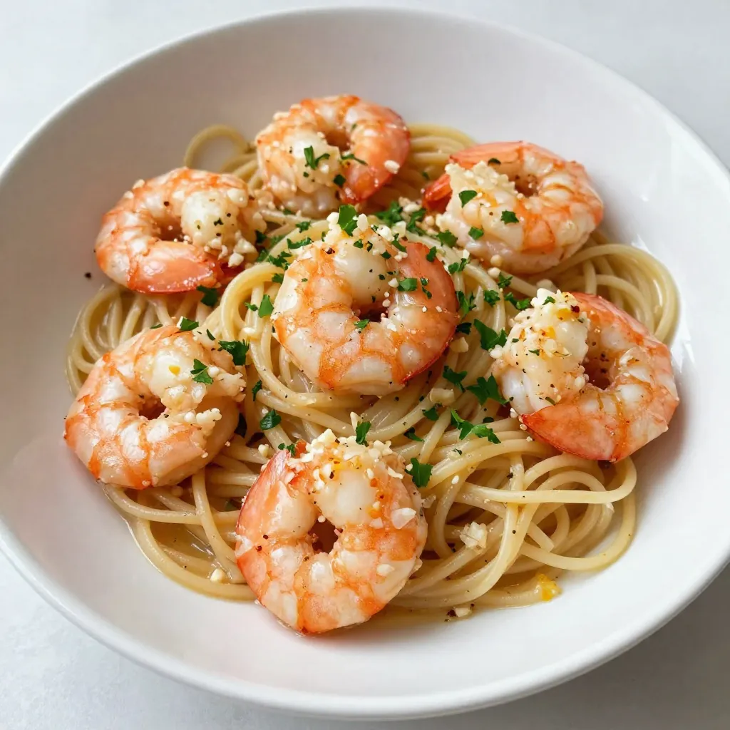 - 1 lb large shrimp, peeled and deveined - 8 oz linguine or spaghetti - 6 tablespoons unsalted butter - 4 cloves garlic, minced - 1 teaspoon red pepper flakes (adjust to taste) - 1 lemon, zest and juice - 1/4 cup fresh parsley, chopped - Salt and pepper to taste - Grated Parmesan cheese for serving (optional) Use large shrimp for this dish. They cook fast and taste great. If you prefer, you can use medium shrimp, but adjust cooking time. I like linguine for its texture, but spaghetti works too. You can choose whole wheat pasta for a healthier option. Fresh garlic gives the best flavor, but jarred garlic can work in a pinch. You will need a large pot for boiling pasta. A large skillet is perfect for cooking shrimp. Use a cutting board and knife to chop parsley and garlic. A zester helps to get lemon zest without the bitter pith. Finally, a pasta strainer will make draining the pasta easy. {{ingredient_image_1}} Start by filling a large pot with water. Add salt to the water to flavor the pasta. Bring the water to a boil over high heat. Once boiling, add 8 ounces of linguine or spaghetti. Cook it according to the package instructions until it is al dente. This usually takes about 8 to 10 minutes. When done, drain the pasta in a colander. Remember to save 1/2 cup of the pasta water for later. Set the pasta aside while you prepare the shrimp. Now, grab a large skillet and place it over medium heat. Add 4 tablespoons of unsalted butter to the skillet. Let it melt slowly. Once the butter is melted, add 4 cloves of minced garlic and 1 teaspoon of red pepper flakes. Sauté these for about 1 minute until you smell a nice garlic aroma. It’s time to add the shrimp. Toss in 1 pound of large, peeled, and deveined shrimp. Sprinkle with salt and pepper for taste. Cook the shrimp for about 2-3 minutes on each side. They should turn pink and opaque when done. Once the shrimp are cooked, pour in the juice and zest of 1 lemon. Add the last 2 tablespoons of butter to the skillet. Toss everything together until the butter melts. If the sauce is too thick, add a bit of the reserved pasta water until it’s just right. Now, add the cooked pasta to the skillet with the shrimp. Mix everything well to coat the pasta with the sauce. Taste and adjust the seasoning if needed. Finally, remove the skillet from the heat. Sprinkle 1/4 cup of fresh, chopped parsley on top. Serve hot and enjoy your savory garlic butter shrimp scampi! Choose shrimp that are firm and have a shiny look. Fresh shrimp smell like the sea, not fishy. If you buy frozen shrimp, look for a brand that has no added chemicals. Large shrimp work best for this recipe, as they hold flavor well. You want shrimp that are at least 16 to 20 per pound for a good size. For the best pasta, use a large pot and plenty of water. Salt the water well; it should taste like the sea. Add the pasta once the water boils. Stir it right away to prevent sticking. Cook until al dente, which means firm but not hard. Reserve some pasta water before draining, as it helps sauce blend. To boost flavor, add herbs like basil or oregano. Fresh parsley adds a nice touch at the end. You can also try different spices, such as smoked paprika. For a zesty kick, add lemon zest and juice, which brighten the dish. Adjust red pepper flakes for spice, making it as mild or hot as you like. Don't forget, a sprinkle of grated Parmesan gives it a rich finish! Pro Tips Fresh Shrimp is Key: Always use fresh shrimp for the best flavor. If using frozen, ensure they are completely thawed and dried before cooking. Perfect Pasta: Cook the pasta just until al dente for the best texture. It will continue to cook slightly when mixed with the shrimp. Adjust the Heat: Feel free to adjust the amount of red pepper flakes to suit your taste. For a milder dish, use less or omit entirely. Enhance with Wine: Add a splash of white wine after sautéing the shrimp for an extra layer of flavor. Let it cook down before adding the lemon juice. {{image_2}} You can enjoy garlic butter shrimp scampi with pasta like linguine or spaghetti. The pasta adds a nice texture and helps soak up the tasty sauce. Cook the pasta until it is al dente, then mix it with the shrimp. This classic pairing makes for a filling meal that is hard to resist. If you want a lighter option, try using zucchini noodles. They are low in carbs and add a fresh taste. To make zucchini noodles, spiralize fresh zucchini. Sauté them for a few minutes until tender. Then, mix them with the shrimp and sauce. You’ll enjoy a healthy, delicious meal without feeling heavy. Adding vegetables makes this dish even better. Spinach adds color and nutrients. Bell peppers bring a sweet crunch. You can toss in a handful of spinach just before serving. For bell peppers, sauté them with the garlic. This way, you get more flavors and make your dish vibrant and colorful. I love to save extra Garlic Butter Shrimp Scampi for later. To store leftovers, let the dish cool down to room temperature. Then, place it in an airtight container. Make sure to keep it in the fridge. It will stay fresh for up to three days. When you want to enjoy the scampi again, reheat it gently. You can use a skillet or the microwave. If using a skillet, add a splash of water or broth to help it heat evenly. Stir often to avoid burning. If using a microwave, cover the dish and heat in short bursts until warm. If you want to save it for longer, you can freeze Garlic Butter Shrimp Scampi. First, let it cool completely. Then, place it in a freezer-safe container. Make sure to remove as much air as possible. It can last up to two months in the freezer. When you’re ready to eat, thaw it in the fridge overnight before reheating. Yes, you can use frozen shrimp. Just thaw them first. Place them in cold water for about 15 minutes. Make sure they are peeled and deveined before cooking. Frozen shrimp work well and save time. They can taste just as great as fresh shrimp. If you want a butter substitute, use olive oil or ghee. Both add rich flavor. You can also try vegan butter. Each option gives a nice taste to the dish. Just use the same amount as the recipe calls for. To add heat, use more red pepper flakes. Start with one teaspoon and adjust to your taste. You can also add sliced jalapeños or a dash of hot sauce. Mix in these spicy ingredients while cooking the shrimp. This way, you control the heat level. In this blog, we explored how to create a delicious shrimp pasta dish. We discussed essential ingredients, cooking tools, and gave you step-by-step instructions. You now know tips for choosing shrimp and making perfect pasta. We even covered fun variations to try and how to store leftovers. Cooking shrimp pasta can be simple and fun. With practice, you will impress everyone at your table. Enjoy experimenting with flavors and making this dish your own!