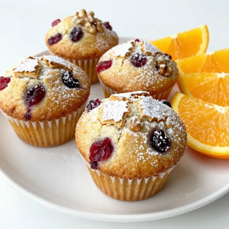 - 1 ½ cups whole wheat flour - ½ cup rolled oats - ½ cup dried cranberries - 1 tablespoon baking powder - ½ teaspoon baking soda - ½ teaspoon salt - 1 teaspoon ground cinnamon - ½ cup honey or maple syrup - 1 large egg - ½ cup Greek yogurt - ⅓ cup fresh orange juice - Zest of 1 orange - ⅓ cup unsweetened applesauce - ½ cup chopped walnuts or almonds (optional) Whole wheat flour adds fiber and keeps you full longer. It also gives the muffins a nutty taste. Rolled oats provide energy and help with digestion. They make the muffins hearty. Dried cranberries add a sweet and tart flavor while offering antioxidants. Honey or maple syrup sweetens the muffins naturally. Greek yogurt gives protein and moisture, making them soft. Fresh orange juice and zest bring a bright flavor and vitamin C. Applesauce helps keep the muffins moist and cuts down on sugar. Nuts add healthy fats and a crunchy texture. You can swap whole wheat flour for all-purpose flour if you prefer. Use almond milk or coconut yogurt instead of Greek yogurt for a dairy-free option. If you want a vegan version, replace the egg with a flax egg. Just mix 1 tablespoon of flaxseed meal with 2.5 tablespoons of water. For a sweeter muffin, you could use agave syrup instead of honey. If you dislike nuts, you can leave them out or use seeds like sunflower. {{ingredient_image_1}} First, gather all your ingredients. This will make cooking easy and fun. I love using fresh orange juice and zest for a bright flavor. Preheat your oven to 350°F (175°C). Prepare a 12-cup muffin tin with paper liners or a light spray of cooking oil. In a large bowl, mix the dry ingredients. Combine 1 ½ cups of whole wheat flour, ½ cup of rolled oats, and ½ cup of dried cranberries. Add 1 tablespoon of baking powder, ½ teaspoon of baking soda, ½ teaspoon of salt, and 1 teaspoon of ground cinnamon. Stir well to blend all the dry ingredients evenly. In another bowl, whisk together your wet ingredients. Start with ½ cup of honey or maple syrup. Then add 1 large egg, ½ cup of Greek yogurt, ⅓ cup of fresh orange juice, and the zest of 1 orange. Don’t forget to mix in ⅓ cup of unsweetened applesauce. Whisk until everything is smooth and creamy. Now, it’s time to combine the wet and dry ingredients. Gradually pour the wet mix into the dry mix. Stir gently until just combined; small lumps are okay! If you want a nutty touch, fold in ½ cup of chopped walnuts or almonds. Divide the batter into the muffin tin, filling each cup about ¾ full. Bake for 18-20 minutes. Check with a toothpick in the center of a muffin. If it comes out clean, you’re ready! Once done, cool in the tin for 5 minutes. Then transfer to a wire rack to cool completely. Enjoy your muffins warm or at room temperature! To make sure your muffins stay moist, use Greek yogurt. It adds creaminess and flavor. Applesauce also helps keep moisture. Don’t overmix your batter. Mix until just combined for fluffy muffins. For that nice dome shape, fill each cup about ¾ full. This gives them room to rise. Bake at the right temperature, 350°F. If you want a golden top, wait until the muffins are lightly browned. Store your muffins in an airtight container. They stay fresh for up to a week. If you want to keep them longer, freeze them. To reheat, microwave for 15-20 seconds. Enjoy them warm for the best taste. Pro Tips Use Fresh Ingredients: For the best flavor, use fresh orange juice and zest. This enhances the citrusy aroma and taste of the muffins. Customize Your Sweetener: Feel free to adjust the sweetness by using more or less honey or maple syrup, depending on your preference. Don’t Overmix: When combining wet and dry ingredients, mix just until combined. Overmixing can lead to dense muffins. Experiment with Add-ins: Try adding different nuts or seeds, such as pecans or chia seeds, for added texture and nutrition. {{image_2}} To make these muffins gluten-free, swap the whole wheat flour for a gluten-free blend. Look for a blend that includes xanthan gum. This helps mimic the structure of wheat flour. You can also use almond flour or oat flour. Both options add a nice flavor and texture. Ensure your rolled oats are gluten-free too. This way, you can enjoy these muffins without worry. For a vegan version, replace the egg with a flax egg. To make one, mix one tablespoon of flaxseed meal with three tablespoons of water. Let it sit for about five minutes until it thickens. Substitute Greek yogurt with a plant-based yogurt. Maple syrup works well as a sweetener, too. This keeps the muffins sweet and moist without using animal products. You can boost the flavor of your muffins with easy add-ins. Consider adding chocolate chips or chopped nuts for extra crunch. Dried cherries or blueberries can also work beautifully with cranberries. A splash of vanilla extract brightens the taste as well. For a fun twist, try adding some lemon zest or ginger for warmth. These enhancements keep your muffins exciting and full of flavor. Cranberry Orange Energy Muffins are a smart snack choice. Each muffin has about 150 calories. They are packed with whole grains and healthy fats. You get fiber from whole wheat flour and oats. Each muffin contains around 5 grams of protein, thanks to Greek yogurt and egg. The dried cranberries add natural sweetness and antioxidants. - Whole Wheat Flour: This flour has more fiber than white flour. Fiber helps with digestion and keeps you full. - Rolled Oats: Oats are great for heart health. They lower cholesterol and stabilize blood sugar. - Dried Cranberries: These berries are rich in vitamins and antioxidants. They can boost your immune system. - Greek Yogurt: Greek yogurt is high in protein and probiotics. Probiotics support gut health. - Fresh Orange Juice and Zest: Oranges provide vitamin C. This vitamin fights off colds and supports skin health. - Nuts (Optional): Walnuts or almonds add healthy fats and extra protein. Store-bought muffins often have added sugars and unhealthy fats. They can pack over 300 calories each. In contrast, my Cranberry Orange Energy Muffins are made with wholesome ingredients. They are lower in calories and higher in nutrients. Plus, you control the sweetness. Homemade muffins give you a healthier snack full of flavor. Enjoy these muffins fresh, knowing you're making a better choice! Yes, you can freeze these muffins. Let them cool completely first. Then, wrap each muffin in plastic wrap. Place the wrapped muffins in a freezer bag. They will stay fresh for about three months. When you want to eat one, just take it out and let it thaw at room temperature. You can also warm it in the microwave for a quick snack. To reduce sweetness, cut back on honey or maple syrup. Use only 1/4 cup instead of 1/2 cup. You can also use unsweetened applesauce. This will add moisture without extra sugar. Consider adding more orange zest for flavor. This keeps the muffins tasty without the extra sweetness. Yes, you can replace Greek yogurt with plain yogurt or sour cream. Both options will keep the muffins moist. For a dairy-free choice, use almond yogurt or coconut yogurt. Each option will work well, but it may change the flavor a bit. Choose what fits your diet best. This post covered how to make Cranberry Orange Energy Muffins. You learned key ingredients and their benefits. Substitutions help fit your needs. The step-by-step guide made baking easy and fun. Tips ensure moist muffins and perfect tops. Variations let you try gluten-free or vegan options. The nutritional info showed health benefits too. Try these muffins today. They are a tasty choice for any time!