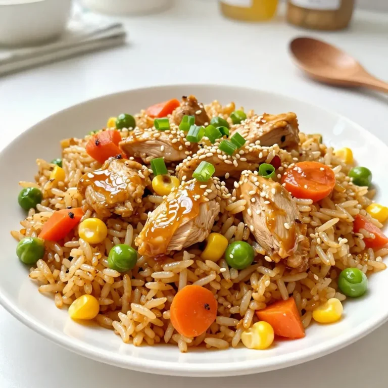 - 1 cup cooked jasmine rice (preferably day-old) - 2 boneless, skinless chicken breasts, diced - 3 tablespoons honey - 3 cloves garlic, minced - 1 tablespoon soy sauce - 1 tablespoon sesame oil - 1 cup mixed vegetables (carrots, peas, and corn) - 2 green onions, chopped - 2 eggs, lightly beaten - Salt and pepper to taste - Sesame seeds for garnish I love using day-old jasmine rice for this dish. It has the right texture and flavor. Fresh rice can be too sticky. Next, I use two chicken breasts, diced into small pieces. This helps them cook fast and evenly. Honey adds a sweet touch, while garlic brings depth to the dish. Soy sauce gives a nice umami flavor, and sesame oil adds richness. For veggies, I choose mixed ones like carrots, peas, and corn. You can also use fresh or frozen veggies! Green onions add a crisp bite. I like to scramble two eggs in the mix for added protein. Don't forget salt and pepper! They help to balance the flavors. Finally, sesame seeds make a great garnish. They add crunch and make it look pretty. If you want to change things up, use brown rice or quinoa instead. Both add a nutty taste. For protein, try shrimp, tofu, or even turkey. Each choice gives a new twist! You can also switch veggies. Use bell peppers, broccoli, or snap peas. Feel free to get creative! The goal is to make it your own while keeping it tasty. {{ingredient_image_1}} To make great Honey Garlic Chicken Fried Rice, start by cooking the chicken. Cut the chicken into small pieces. Heat sesame oil in a large skillet over medium-high heat. Add the chicken and sprinkle salt and pepper. Cook for about 5 to 7 minutes. You want the chicken to be fully cooked with no pink inside. For extra flavor, consider marinating the chicken first. Just mix some soy sauce, a bit of honey, and garlic. Let the chicken soak for 30 minutes before cooking. This adds depth to the dish and makes it more tasty. Next, let’s bring in that sweet and savory mix. Once the chicken is done, add minced garlic and honey to the skillet. Stir well to coat the chicken. Cook this for about 2 minutes. You want the garlic to smell great, but be careful not to burn it. Timing is key here. If you add the garlic too early, it can turn bitter. So, wait until the chicken is browned first. This way, you get all the sweet notes from the honey and the garlic. Now it’s time to bring everything together! In the same skillet, add mixed vegetables. Sauté them for about 3 to 4 minutes until they are tender. Then, push the veggies to one side. Pour the beaten eggs on the other side. Scramble the eggs until they are fully cooked. Next, add the cooked jasmine rice. Pour in the soy sauce and stir everything together. Make sure to break up any clumps of rice. The rice should mix well with the chicken and veggies. Finally, add the honey garlic chicken back into the skillet. Mix it all well and adjust seasoning if needed. Once heated through, toss in chopped green onions. Serve hot and sprinkle sesame seeds on top for a nice finish. Using day-old rice is key for great fried rice. Freshly cooked rice has too much moisture. This can make the dish soggy. Cool the rice in the fridge overnight. This helps it dry out and firm up. To avoid soggy fried rice, use high heat while cooking. A hot pan helps to fry the rice instead of steaming it. Stir quickly but gently to keep the rice from clumping. Try adding extra sauces for more flavor. A splash of oyster sauce or chili sauce can be great. These sauces will boost the taste and give depth. Fresh herbs also make a big difference. Chop some cilantro or basil and mix them in. This adds a fresh burst of flavor to your fried rice. Meal prepping can save you time. Cook your chicken and veggies ahead. You can store them in the fridge for up to three days. This way, dinner comes together in a flash. Use a wok if you have one. It cooks quickly and evenly. If you don’t, a large skillet works well too. Just make sure it’s hot before adding your ingredients. This helps everything cook quickly and evenly. Pro Tips Use Day-Old Rice: Day-old jasmine rice is less sticky, making it perfect for fried rice. It helps achieve that ideal texture without clumping together. Control the Heat: Cooking on medium-high heat ensures that the chicken browns nicely and that the vegetables retain their crunch. Too low heat can lead to soggy rice. Customize Your Veggies: Feel free to add any vegetables you have on hand, such as bell peppers or broccoli. Just make sure to cut them into small, uniform pieces for even cooking. Garnish for Flavor: Adding sesame seeds and green onions as a garnish not only enhances the dish's presentation but also adds a burst of flavor and texture. {{image_2}} You can swap chicken for shrimp or tofu. Shrimp cooks quickly and adds a sweet, briny taste. Tofu is a great choice for a plant-based meal. Just ensure you press it well to remove excess water. Mixing different meats, like pork or beef, can also create new flavors. Experiment with what you enjoy most. To make this dish gluten-free, use tamari instead of soy sauce. This keeps the flavor without gluten. For vegetarian or vegan options, skip the chicken and eggs. Use extra veggies or tofu instead. You can add chickpeas for protein. These changes keep the meal tasty and satisfying. Want to spice things up? Add crushed red pepper flakes or sriracha for heat. You can also use fresh ginger for a warm flavor. Citrus flavors like lime or lemon juice brighten the dish. Just squeeze some juice in before serving. These twists make your fried rice unique and fun! To keep your Honey Garlic Chicken Fried Rice fresh, use airtight containers. Glass or BPA-free plastic works best. Make sure to cool the rice down before sealing. This helps keep moisture out and preserves taste. Place the containers in the fridge right away. Consume the leftovers within three to four days for best flavor. For the best results when reheating, use a skillet. Heat it over medium heat and add a splash of water. Stir often to keep the rice moist. If you prefer the microwave, use a microwave-safe bowl. Cover it with a damp paper towel. Heat in short bursts of 30 seconds, stirring in between. This helps maintain texture and flavor. You can freeze Honey Garlic Chicken Fried Rice too. Let it cool completely before putting it in freezer bags. Squeeze out as much air as possible to avoid freezer burn. It will last for up to three months in the freezer. When ready to eat, thaw it in the fridge overnight. Reheat it in a skillet or microwave, adding a bit of water if needed. Enjoy your tasty meal anytime! Can I use fresh rice instead of day-old? Yes, you can use fresh rice. But, day-old rice works best. It dries out a bit and helps prevent clumping. If you use fresh rice, try cooling it first to get the right texture. How do I prevent the chicken from drying out? To keep chicken juicy, cook it over medium-high heat. Avoid overcooking it. Cook until it is just done, around 5-7 minutes. Marinating the chicken in honey and soy sauce helps keep it moist, too. Is this recipe healthy? Yes, this recipe can be healthy. It has lean protein from chicken and lots of vegetables. You control the amount of oil and honey used. This dish can fit well in a balanced diet. What are the nutrition facts? For one serving of this dish, you get about: - Calories: 350 - Protein: 25g - Carbohydrates: 40g - Fat: 10g These numbers can change based on your ingredient choices. What if my sauce is too sweet? If the sauce is too sweet, add a little soy sauce. This adds saltiness and balances the flavor. You could also add a splash of vinegar to cut the sweetness. Can I make this dish ahead of time? Yes, you can make this dish ahead. Cook it, let it cool, then store it in the fridge. It stays good for 3 to 4 days. Reheat it in a skillet for best results. This recipe for Honey Garlic Chicken Fried Rice combines tasty ingredients with easy steps. You learned about the essential items like jasmine rice and vegetables and how to prepare them. We also discussed variations for different diets and tips for perfecting your dish. In the end, you can enjoy a delicious meal that fits your needs. Remember, cooking can be quick and fun! Now it's time to get creative in the kitchen. Happy cooking!