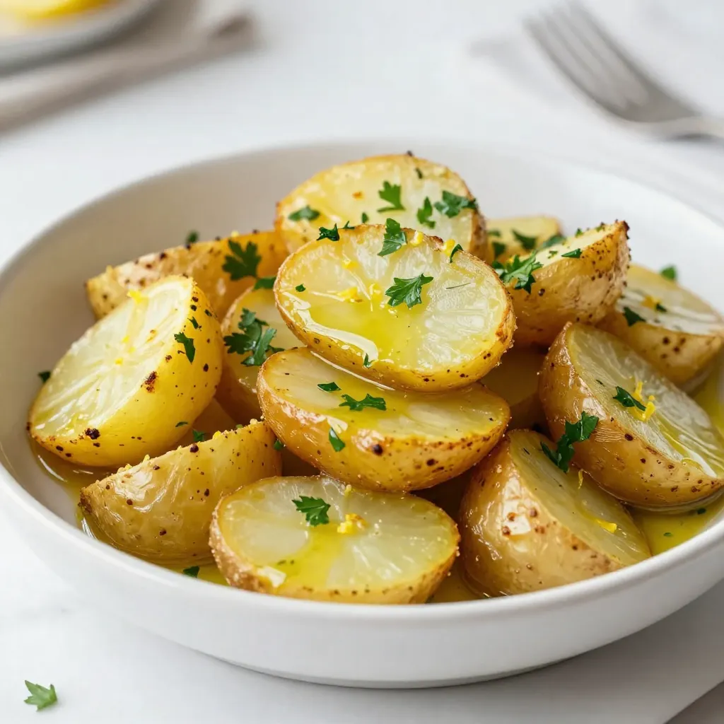 - 4 large Yukon Gold potatoes, peeled and cut into wedges - 1/4 cup olive oil - 1/2 cup vegetable broth - 3 cloves garlic, minced - 1 tablespoon dried oregano - 2 teaspoons lemon zest - 1/4 cup fresh lemon juice - Salt and pepper to taste - Fresh parsley, chopped (for garnish) To make Greek Lemon Potatoes, we need simple yet fresh ingredients. Yukon Gold potatoes are perfect for their creamy texture. The olive oil gives a rich flavor that blends well with the other ingredients. Vegetable broth adds depth, while garlic brings a nice aroma. Dried oregano, a classic herb, adds a touch of the Mediterranean. Lemon zest and fresh lemon juice give these potatoes their signature tangy taste. Salt and pepper enhance all the flavors. Finally, fresh parsley acts as a beautiful garnish, adding a pop of color. Gather these ingredients before starting. Having everything ready makes cooking easier and more fun. {{ingredient_image_1}} First, set your oven to 425°F (220°C). This high heat helps the potatoes get crispy. While the oven warms up, take a large baking dish. Grease it lightly with olive oil. This step stops the potatoes from sticking and adds flavor. In a big bowl, mix together several tasty ingredients. Combine 1/4 cup of olive oil and 1/2 cup of vegetable broth. Then, add three minced garlic cloves. Next, sprinkle in 1 tablespoon of dried oregano. For a zesty kick, add 2 teaspoons of lemon zest and 1/4 cup of fresh lemon juice. Don’t forget to add salt and pepper to taste. Use a whisk to blend everything well. Now it's time for the star of the show—the potatoes! Take 4 large Yukon Gold potatoes, peel them, and cut them into wedges. Add the potato wedges to the lemon marinade in the bowl. Toss them gently so every wedge gets a good coating. Spread the coated potatoes in a single layer in the greased baking dish. Pour any leftover lemon marinade over the top. Bake in the oven for about 45-50 minutes. Flip the potatoes halfway through to ensure even cooking. When they are golden brown and fork-tender, they are ready! Once baked, take them out and let them cool for about 5 minutes. Serve them warm, and add freshly chopped parsley on top for a beautiful finish. Enjoy your zesty Greek lemon potatoes! For Greek Lemon Potatoes, I love using Yukon Gold potatoes. They have a creamy texture and great flavor. Their golden color also looks nice when cooked. If you can't find Yukon Gold, try Russet potatoes. They work well too, but may be a bit drier. Always pick firm potatoes without any blemishes. This helps ensure a tasty dish. You can easily tweak the flavor of your Greek Lemon Potatoes. If you want a spicy kick, add some red pepper flakes to the marinade. For a deeper flavor, consider using chicken broth instead of vegetable broth. You can also swap dried oregano with fresh oregano for an extra burst of taste. Don't forget to taste and adjust the salt and pepper. This will make sure every bite is just right. To get the best results, follow these cooking tips. First, preheat your oven to 425°F (220°C). This high heat helps the potatoes get crispy. Also, make sure to spread the potato wedges in a single layer. This allows them to cook evenly. Flip the potatoes halfway through baking. This ensures they brown nicely on all sides. Lastly, let them cool for a few minutes after baking. This helps the flavors settle and enhances the taste. Enjoy your delicious Greek Lemon Potatoes! Pro Tips Choose the Right Potatoes: Yukon Gold potatoes are ideal for this recipe due to their creamy texture and ability to absorb flavors, but you can also use other waxy potatoes for similar results. Adjust the Seasoning: Feel free to add more herbs or spices to the lemon mixture, such as thyme or rosemary, to enhance the flavor profile according to your taste preferences. Use Fresh Lemon Juice: For the best flavor, always use fresh lemon juice instead of bottled lemon juice, which can taste overly processed. Let Them Rest: Allow the potatoes to rest for a few minutes after baking to let the flavors settle and to make them easier to serve. {{image_2}} You can mix in other vegetables with Greek lemon potatoes. Carrots and bell peppers work great. Cut them into similar sizes as the potatoes. This way, they cook evenly. You can also try adding zucchini or cherry tomatoes for extra color and flavor. Just remember to adjust the cooking time if needed. This recipe is naturally dairy-free. You don't need any dairy to enjoy great flavor. The olive oil and lemon juice keep it rich and tasty. If you want a creamy touch, try using cashew cream or coconut yogurt. This keeps the dish light and fresh while giving you that creamy texture. You can change the herbs to match your taste. If you like a bolder flavor, try rosemary or thyme. Both herbs pair well with lemon. You can also add a pinch of red pepper flakes for some heat. For a different twist, consider using fresh basil or dill. These herbs can brighten the dish even more. After enjoying your Greek lemon potatoes, store any leftovers in an airtight container. Let the potatoes cool to room temperature first. This keeps them fresh and tasty. I recommend eating them within three days for the best flavor. If you have a lot left, you can divide them into smaller portions. This way, you can heat them up quickly later. To reheat your Greek lemon potatoes, preheat your oven to 350°F (175°C). Spread the potatoes on a baking sheet and cover them with foil. Heat for about 15 minutes or until warm. You can also use a microwave. Just place a few potatoes on a plate and heat for 1-2 minutes. Check to see if they are warm enough, then enjoy! If you want to save your Greek lemon potatoes for later, freezing is a great choice. First, let them cool completely. Place them in a freezer-safe bag or container. Remove as much air as you can before sealing. They can stay in the freezer for up to three months. When you are ready to eat them, thaw in the fridge overnight. Then, reheat using the oven or microwave for the best taste. Greek lemon potatoes are a tasty side dish. They use Yukon Gold potatoes and zesty flavors. The potatoes soak in a blend of olive oil, garlic, and fresh lemon juice. You bake them until they are golden and tender. This dish is perfect for family dinners or gatherings. Yes, you can make Greek lemon potatoes ahead of time. Prepare them as directed and cool them down. Store in an airtight container in the fridge for up to two days. When ready to serve, just reheat them in the oven. This method keeps them tasty and warm. Greek lemon potatoes pair well with many dishes. You can serve them with grilled chicken or lamb. They also complement fresh salads or roasted veggies. For a complete meal, add tzatziki sauce. This sauce enhances the flavors and adds creaminess. Enjoy these potatoes with your favorite foods! In this post, we explored how to make Greek Lemon Potatoes using simple ingredients like Yukon Gold potatoes and fresh herbs. We walked through each step, from preparing the baking dish to baking the potatoes for the best flavor. I shared tips for choosing the right potatoes and offered ideas for variations. You can even store leftovers safely and reheat them easily. This dish is simple, tasty, and perfect for any meal. Enjoy making Greek Lemon Potatoes and impress your family with this vibrant recipe!