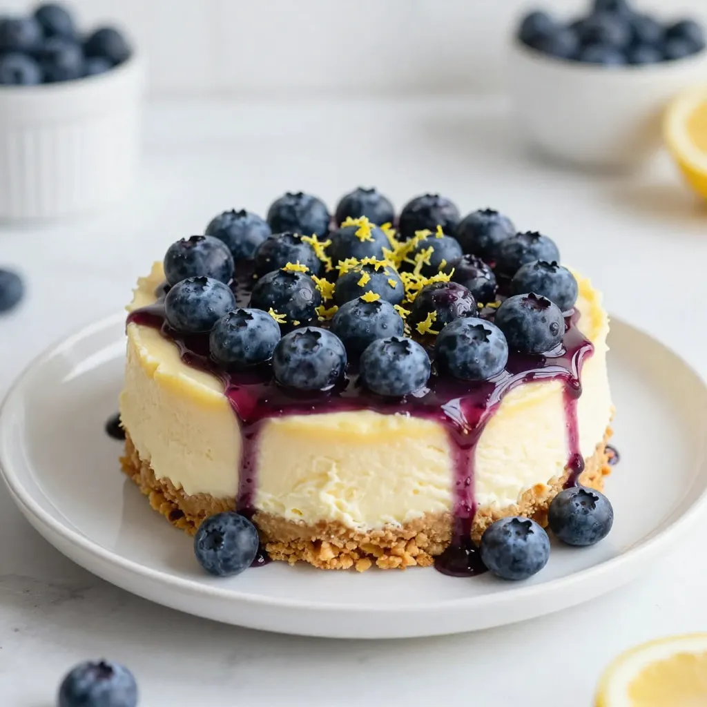 - 1 ½ cups graham cracker crumbs - ½ cup unsalted butter, melted - 2 cups cream cheese, softened - 1 cup powdered sugar - 2 tablespoons lemon juice - Zest of 1 lemon - 2 large eggs - 1 teaspoon vanilla extract - 1 ½ cups fresh blueberries (plus extra for garnish) - ½ cup sour cream - 2 tablespoons sugar (for blueberry topping) To make a perfect Lemon Blueberry Cheesecake, you need some simple ingredients. First, graham cracker crumbs and melted butter will form the crust. This crust adds a nice crunch and flavor. Cream cheese and powdered sugar create the cheesecake filling. The cream cheese should be softened to make mixing easy. Next, you will need fresh blueberries. They give the cheesecake a burst of flavor and color. Lemon juice and zest add a bright and zesty touch. They balance the sweetness of the cheesecake. You also need eggs and vanilla extract to help bind everything together. For the blueberry topping, you will need more fresh blueberries and some sugar. This topping adds a sweet finish to your cheesecake. Lastly, sour cream adds creaminess and richness to the filling. Each ingredient plays a key role in making this dessert delightful. {{ingredient_image_1}} 1. First, preheat your oven to 325°F (160°C). This step warms up the oven for even baking. 2. In a medium bowl, mix 1 ½ cups of graham cracker crumbs with ½ cup of melted unsalted butter. Stir until everything blends well. 3. Press this mixture firmly into the bottom of a 9-inch springform pan. Bake the crust for 10 minutes. After baking, let it cool completely. 1. In a large bowl, beat 2 cups of softened cream cheese using an electric mixer. Mix until it is smooth and creamy. 2. Gradually add 1 cup of powdered sugar. Mix until combined. 3. Next, add 2 tablespoons of lemon juice, the zest of 1 lemon, 2 large eggs, and 1 teaspoon of vanilla extract. Mix on low speed until everything is just combined. Be careful not to overmix. 4. Gently fold in 1 ½ cups of fresh blueberries. Make sure they are evenly distributed throughout the mixture. 1. Pour the cheesecake batter over the cooled crust. Use a spatula to smooth the top. 2. Bake for 55-60 minutes. The edges should set, but the center will be slightly jiggly. 3. Once done, turn off the oven and crack the door open. Let the cheesecake cool inside for about an hour. This helps avoid cracks on the surface. To make your cheesecake smooth, use room temperature ingredients. Cold cream cheese can create lumps. Let it sit out for about 30 minutes before mixing. When adding eggs and flavorings, mix slowly. Overmixing can make the cheesecake too airy. You want a dense, creamy texture that melts in your mouth. To avoid cracks, cool the cheesecake slowly. After baking, turn off the oven and crack the door open. Let the cheesecake rest inside for about an hour. This helps it cool evenly. It reduces the chance of cracks on the top. Pair your cheesecake with fresh berries or a fruit sauce. Blueberries go great on top. You can also sprinkle some lemon zest for extra zing. When plating, use a clean knife to slice. This keeps your pieces neat and pretty. Add a dollop of sour cream or whipped cream for a creamy touch. Pro Tips Use Room Temperature Ingredients: Make sure your cream cheese is at room temperature before mixing. This helps to achieve a smooth and creamy texture without lumps. Don't Overmix: When adding eggs to the batter, mix just until combined. Overmixing can introduce too much air, leading to cracks during baking. Cool Slowly: Allow the cheesecake to cool in the oven with the door ajar after baking. This gradual cooling helps prevent cracks from forming on the surface. Serve Chilled: For the best flavor and texture, refrigerate the cheesecake for at least 4 hours or overnight. This allows the flavors to meld beautifully. {{image_2}} You can swap blueberries for raspberries or strawberries. Raspberries add a tangy punch. Strawberries bring a sweet, juicy flavor. Both options work well in the cheesecake. Just remember to adjust the sugar if needed. Add more citrus for a zesty kick. You can boost lemon flavor with extra zest or juice. Try using lime or orange zest for a fresh twist. Different extracts like almond or coconut can also add fun flavors. Just a drop can change the taste. Experiment with different crusts to switch things up. Try using crushed Oreos for a rich taste. You can also use nuts like almonds or pecans for a crunchy texture. Each crust option brings a unique flavor to your cheesecake. Choose what you love most! To keep your lemon blueberry cheesecake fresh, store it in the fridge. First, cover it tightly with plastic wrap or aluminum foil. This keeps out air and moisture. You can also use an airtight container. Proper storage helps maintain its creamy texture and flavor. If you want to save some cheesecake for later, freezing is a great option. First, let it cool completely. Then, wrap it tightly with plastic wrap, followed by aluminum foil. This double layer prevents freezer burn. When ready to eat, thaw it in the fridge overnight. This method helps keep the texture nice and smooth. In the fridge, your lemon blueberry cheesecake can last about 5 days. If you freeze it, it can last for about 2 to 3 months. Always check for any signs of spoilage before eating. Enjoy this delightful dessert at its best! Yes, you can use low-fat cream cheese. It will change the texture a bit. The cheesecake may not be as rich or creamy, but it will still taste good. Try to stick to cream cheese that is soft and smooth for the best results. You can tell the cheesecake is done when the edges are set. The center should still jiggle slightly. After baking, let it cool in the oven. This helps to avoid cracks and gives a nice finish. Yes, making this cheesecake ahead of time is a great idea! You can prepare it a day or two in advance. Just make sure to refrigerate it after cooling. It will taste even better as the flavors meld together. You can serve the cheesecake with whipped cream or fresh berries. A drizzle of lemon glaze adds a nice touch. For a fun twist, try pairing it with vanilla ice cream or a fruit compote for extra flavor. You learned how to make a delicious Lemon Blueberry Cheesecake. We covered the key ingredients, step-by-step instructions, and helpful tips. Remember to keep your cream cheese at room temperature for the best result. You have options to mix things up with different fruits and crusts. Store leftovers properly to enjoy your dessert longer. I hope you feel ready to make this tasty cheesecake and impress your friends and family! Enjoy your baking adventure!