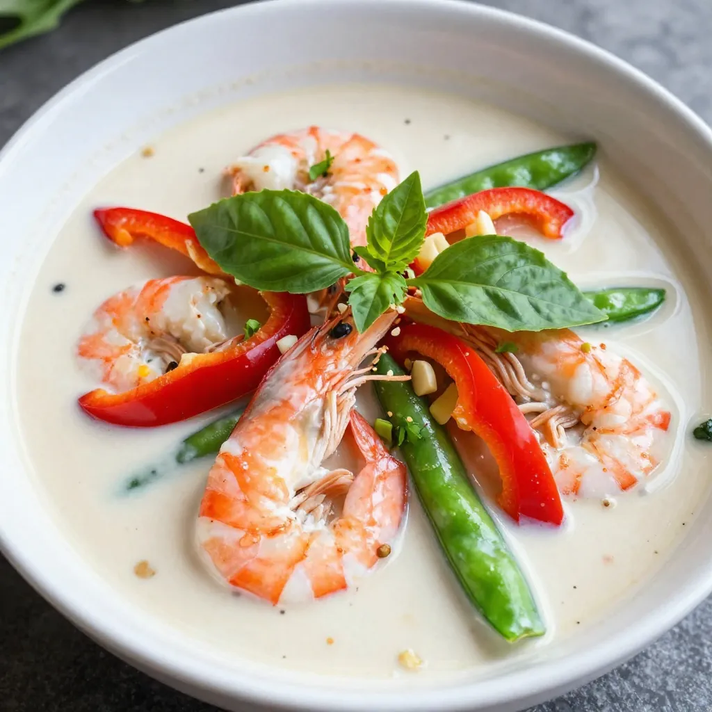 To make Spicy Thai Coconut Shrimp Soup, gather these ingredients: - 1 lb (450g) large shrimp, peeled and deveined - 1 can (400ml) coconut milk - 4 cups chicken or vegetable broth - 1 tablespoon red curry paste - 1 inch piece of ginger, minced - 2 cloves garlic, minced - 1 stalk lemongrass, finely chopped - 1 red bell pepper, sliced - 1 cup snap peas, trimmed - 1 tablespoon fish sauce (or soy sauce for a vegetarian option) - Juice of 1 lime - Fresh cilantro leaves for garnish - Fresh Thai basil leaves for garnish - Salt and pepper to taste You can swap some ingredients if needed. Use frozen shrimp if fresh is not available. Canned coconut milk works just as well as fresh. For a vegetarian version, replace the shrimp with tofu. You can use any broth you like, such as mushroom broth, for a unique flavor. If you don't have lemongrass, try lemon zest for a similar citrus taste. Fresh ingredients often give more flavor. Fresh shrimp tastes sweeter and has a better texture. When using fresh herbs like cilantro and basil, chop them just before serving for the best taste. Canned coconut milk is convenient and still rich in flavor. Always check for quality when choosing canned goods. Fresh veggies like red bell peppers and snap peas add crunch, while canned veggies can be softer. {{ingredient_image_1}} 1. Start by heating a splash of oil in a large pot over medium heat. 2. Add minced ginger, garlic, and chopped lemongrass. Stir-fry them for about 2 minutes until fragrant. 3. Next, stir in red curry paste and cook for another minute. This helps the spices blend well. 4. Pour in the chicken or vegetable broth and bring it to a gentle simmer. 5. Add the coconut milk, sliced red bell pepper, and snap peas. Stir well to mix everything. 6. Let this mixture simmer for about 5 minutes. This softens the veggies just right. 7. Now, add the shrimp. Cook for 3-4 minutes until the shrimp turn pink and opaque. 8. Stir in fish sauce and lime juice. Taste and adjust with salt and pepper as needed. 9. Remove the pot from heat and let it rest for a minute. This step enhances the flavors. 10. Serve hot, garnished with fresh cilantro and Thai basil leaves for a lovely touch. - Always cook shrimp until they are just pink. Overcooked shrimp can become tough. - The soup should simmer, not boil, to keep the coconut milk creamy. - Adjust your simmer time based on how soft you like your veggies. - Large pot for cooking. - Cutting board and knife for chopping. - Measuring spoons for precise ingredients. - Ladle for serving the soup. - Serving bowls for a beautiful presentation. To make the soup even better, use fresh ingredients. Fresh shrimp gives the best taste. Always taste as you cook. Add more lime juice for a zesty kick. If you want more heat, add extra red curry paste. Fresh herbs like cilantro and Thai basil boost the flavor too. Garnish just before serving for the best look and taste. One common mistake is overcooking the shrimp. Cook them just until they turn pink. If you add them too early, they can become tough. Another mistake is not letting the soup rest after cooking. A short rest helps the flavors mix well. Lastly, be careful with salt. The fish sauce can be salty, so taste before adding more. Serve the soup in deep bowls to show off its colors. A side of jasmine rice pairs well with it. You can also add lime wedges for guests. They can squeeze fresh lime into their soup. For a fun twist, offer crunchy toppings like fried onions or nuts. Enjoy this soup with friends for a cozy meal! Pro Tips Use Fresh Ingredients: Whenever possible, opt for fresh shrimp and vegetables to enhance the flavor and texture of your soup. Adjust the Spice Level: If you prefer a milder soup, start with half the amount of red curry paste and gradually add more to taste. Let It Rest: Allowing the soup to rest for a minute after cooking helps the flavors meld together better. Garnish Generously: Fresh herbs like cilantro and Thai basil not only add flavor but also brighten the presentation of your dish. {{image_2}} For a vegetarian or vegan version, swap shrimp with tofu or mushrooms. Use vegetable broth instead of chicken broth. Replace fish sauce with soy sauce or tamari for a gluten-free option. These changes keep the soup tasty and satisfying. You can add more veggies for extra nutrients. Consider carrots, zucchini, or baby corn. If you like more heat, add sliced jalapeños or chili flakes. Fresh lime leaves can enhance the aroma and taste. For a richer flavor, include a splash of lime juice. To change the spice level, adjust the red curry paste. For milder soup, use less paste. If you want it spicier, add more paste or fresh chilies. Always taste as you go and adjust to your liking. Spice levels can make a big difference in this dish! To store your leftover soup, let it cool first. Then, place it in an airtight container. You can keep it in the fridge for up to three days. If you have more soup, consider freezing it for later use. When you're ready to eat the soup again, reheat it gently. Pour the soup into a pot over low heat. Stir it often to ensure even warming. You can also use a microwave. Heat in short bursts, stirring in between. This keeps the shrimp tender. To freeze the soup, use a freezer-safe container. Fill it, leaving space for expansion. Seal tightly and label with the date. You can freeze it for up to three months. When ready to eat, thaw it overnight in the fridge. Reheat as usual for a warm meal. Yes, you can use frozen shrimp. Just thaw them first. Place the shrimp in cold water for about 10-15 minutes. This helps them cook evenly. Frozen shrimp can save time and are often just as tasty as fresh. To thicken the soup, you can add a bit more coconut milk. Mixing in a tablespoon of cornstarch with water can also work. Stir it in slowly while the soup simmers. This will help create a nice, creamy texture. This soup is easy to make gluten-free! Just use gluten-free soy sauce instead of fish sauce. Check the labels for other ingredients to make sure they are gluten-free. Enjoy your tasty, safe meal! You now know the key ingredients and their substitutes for your dish. I provided step-by-step cooking instructions along with tips to avoid common mistakes. You learned how to enhance flavors and explore variations, including healthy options. Proper storage and reheating tips ensure your soup stays fresh. Remember, adjustments are key. Experiment with spices to match your taste. Your next meal can be both fun and satisfying. Enjoy the process and share with others!