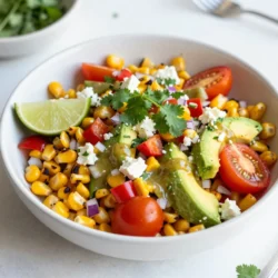 To make this vibrant salad, you will need the following ingredients: - 4 ears of corn, husked - 1 red bell pepper, diced - 1/2 cup red onion, finely chopped - 1 cup cherry tomatoes, halved - 1 avocado, diced - 1/2 cup crumbled feta cheese - 1/4 cup fresh cilantro, chopped - Juice of 2 limes - 2 tablespoons olive oil - 1 teaspoon chili powder - Salt and pepper to taste These fresh ingredients combine to create a bright and tasty dish. The corn brings sweetness, while the lime adds zest. The feta offers a creamy texture that balances other flavors. You can easily customize your salad. Here are some optional add-ins that enhance flavor: - Jalapeños for heat - Black beans for protein - Corn nuts for crunch - Avocado for creaminess - Cotija cheese for a different cheese flavor Feel free to mix and match these add-ins. They will give your salad extra depth and personality. If you can’t find certain ingredients, try these substitutions: - Use canned corn instead of fresh corn. - Swap red bell pepper for yellow or green peppers. - Use green onions in place of red onion. - Replace feta with goat cheese for a tangy twist. - Use lemon juice instead of lime juice. These substitutions ensure you can still enjoy this dish, even if you lack some ingredients. {{ingredient_image_1}} Start by heating your grill to medium-high. If you want, you can use a grill pan too. Husk four ears of corn and place them on the grill. Cook for about 10 to 12 minutes. Turn them often until they are charred and tender. Once done, take the corn off the grill and let it cool a little. After cooling, cut the kernels off the cobs and put them in a big bowl. In a small bowl, combine the juice of two limes, two tablespoons of olive oil, one teaspoon of chili powder, and salt and pepper to taste. Whisk these together until they mix well. This dressing will add a nice zing to your salad. To the bowl with the corn, add the diced red bell pepper, half a cup of red onion, one cup of halved cherry tomatoes, and one diced avocado. Next, pour the dressing over the corn mix. Gently toss everything together until it is well mixed. Finally, fold in half a cup of crumbled feta cheese and a quarter cup of chopped cilantro. This finishing touch adds freshness and flavor. Grilling corn adds a great smoky flavor. Start by preheating your grill to medium-high heat. Husk the corn well to avoid any husk bits on the grill. Place the corn on the grill and cook for about 10-12 minutes. Turn the corn every few minutes. Look for nice charred spots; this adds flavor. Once done, let it cool before cutting the kernels off. Presentation makes your salad pop. Serve the salad in a large bowl or individual cups. Garnish with extra cilantro on top. A lime wedge beside each serving adds a splash of color. This simple touch makes the dish more inviting. You can also sprinkle more feta on top for a tasty finish. Want to boost flavor? Add some chopped jalapeños for heat. You can also mix in black beans for protein and texture. If you like a bit of crunch, try adding crushed tortilla chips just before serving. For a tangy twist, drizzle some extra lime juice on top. Each of these adds a unique touch to your salad. Pro Tips Perfectly Charred Corn: Grill the corn until you see those beautiful char marks, as this enhances the flavor and gives a smoky taste to the salad. Fresh Ingredients: Use fresh, ripe avocados and tomatoes for the best flavor and texture. They make a significant difference in your salad! Make it Ahead: Prepare the corn and dressing in advance, and toss everything together just before serving to keep the ingredients fresh and vibrant. Customize Your Spice: Adjust the chili powder according to your heat preference. You can also add jalapeños for an extra kick! {{image_2}} To spice up your Mexican street corn salad, add jalapeños. Chop one or two and mix them in. You can also sprinkle some hot sauce over the top. This adds a kick that many will love. If you want more heat, switch the chili powder for cayenne. Adjust it to your taste for that perfect bite. For a vegetarian twist, keep the feta cheese. It adds great flavor. If you want a vegan option, simply leave out the cheese. You can also use avocado for creaminess. Another great option is to add roasted chickpeas for protein. They provide a nice crunch and are filling. Use seasonal ingredients to keep your salad fresh. In summer, add diced cucumbers for a refreshing bite. In fall, try roasted butternut squash for a warm flavor. You can mix in fresh herbs like basil or mint for a unique touch. This keeps the dish vibrant and exciting all year long. To keep your leftover Mexican street corn salad fresh, place it in an airtight container. Make sure to seal it well. This helps to keep out air and moisture. Store the salad in the fridge. It will stay tasty for a few days. If you want to keep it longer, consider freezing it. However, freezing can change the texture of some ingredients. Reheating this salad can be tricky. If you want to warm it up, do it gently. Place it in a pan over low heat. Stir it often to avoid burning. You can also serve it cold. Many people enjoy the fresh taste when it is straight from the fridge. This dish tastes great either way! Most of the ingredients in this salad have a good shelf life. Here’s a quick rundown: - Corn: Use fresh corn within a week. Cooked corn lasts about 3-5 days. - Bell pepper: Whole peppers can last up to 1-2 weeks in the fridge. - Red onion: Uncut onions can last for weeks. Once cut, use within 7-10 days. - Cherry tomatoes: They stay fresh for about a week. Store them at room temp. - Avocado: Ripe avocados last only 1-2 days. Store them in the fridge to extend life. - Feta cheese: Once opened, it will last about a week in the fridge. - Cilantro: Fresh cilantro stays good for about a week in the fridge. Knowing these details helps you enjoy your salad longer! Yes, you can use canned or frozen corn. Canned corn is quick and easy to use. Just drain and rinse it before adding to the salad. For frozen corn, thaw it first. You can even sauté it for a few minutes to warm it up. This will give it a nice charred flavor similar to fresh corn. If you want to skip feta, try goat cheese. It has a similar taste and creaminess. You could also use queso fresco, which is milder. For a dairy-free option, try crumbled tofu mixed with lemon juice. This will give you a nice texture and flavor without the cheese. To prep ahead, grill and cut the corn first. Store it in the fridge. You can chop the other veggies too, but keep them separate. Mix the dressing in a small bowl. Combine everything just before serving. This keeps the salad fresh and crunchy. This blog post covered the key steps for making Mexican Street Corn Salad. We looked at the ingredients, from corn to dressing, and even optional add-ins. I shared tips for grilling corn and presented variations to fit your taste. In conclusion, this salad is simple to make and packed with flavor. Enjoy creating your own version with fresh ingredients and vibrant tastes. Don’t hesitate to try new twists as you master this dish. Happy cooking!