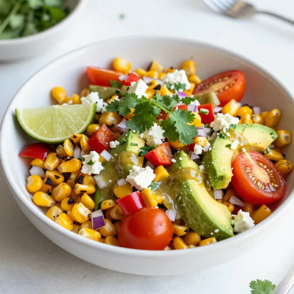To make this vibrant salad, you will need the following ingredients: - 4 ears of corn, husked - 1 red bell pepper, diced - 1/2 cup red onion, finely chopped - 1 cup cherry tomatoes, halved - 1 avocado, diced - 1/2 cup crumbled feta cheese - 1/4 cup fresh cilantro, chopped - Juice of 2 limes - 2 tablespoons olive oil - 1 teaspoon chili powder - Salt and pepper to taste These fresh ingredients combine to create a bright and tasty dish. The corn brings sweetness, while the lime adds zest. The feta offers a creamy texture that balances other flavors. You can easily customize your salad. Here are some optional add-ins that enhance flavor: - Jalapeños for heat - Black beans for protein - Corn nuts for crunch - Avocado for creaminess - Cotija cheese for a different cheese flavor Feel free to mix and match these add-ins. They will give your salad extra depth and personality. If you can’t find certain ingredients, try these substitutions: - Use canned corn instead of fresh corn. - Swap red bell pepper for yellow or green peppers. - Use green onions in place of red onion. - Replace feta with goat cheese for a tangy twist. - Use lemon juice instead of lime juice. These substitutions ensure you can still enjoy this dish, even if you lack some ingredients. {{ingredient_image_1}} Start by heating your grill to medium-high. If you want, you can use a grill pan too. Husk four ears of corn and place them on the grill. Cook for about 10 to 12 minutes. Turn them often until they are charred and tender. Once done, take the corn off the grill and let it cool a little. After cooling, cut the kernels off the cobs and put them in a big bowl. In a small bowl, combine the juice of two limes, two tablespoons of olive oil, one teaspoon of chili powder, and salt and pepper to taste. Whisk these together until they mix well. This dressing will add a nice zing to your salad. To the bowl with the corn, add the diced red bell pepper, half a cup of red onion, one cup of halved cherry tomatoes, and one diced avocado. Next, pour the dressing over the corn mix. Gently toss everything together until it is well mixed. Finally, fold in half a cup of crumbled feta cheese and a quarter cup of chopped cilantro. This finishing touch adds freshness and flavor. Grilling corn adds a great smoky flavor. Start by preheating your grill to medium-high heat. Husk the corn well to avoid any husk bits on the grill. Place the corn on the grill and cook for about 10-12 minutes. Turn the corn every few minutes. Look for nice charred spots; this adds flavor. Once done, let it cool before cutting the kernels off. Presentation makes your salad pop. Serve the salad in a large bowl or individual cups. Garnish with extra cilantro on top. A lime wedge beside each serving adds a splash of color. This simple touch makes the dish more inviting. You can also sprinkle more feta on top for a tasty finish. Want to boost flavor? Add some chopped jalapeños for heat. You can also mix in black beans for protein and texture. If you like a bit of crunch, try adding crushed tortilla chips just before serving. For a tangy twist, drizzle some extra lime juice on top. Each of these adds a unique touch to your salad. Pro Tips Perfectly Charred Corn: Grill the corn until you see those beautiful char marks, as this enhances the flavor and gives a smoky taste to the salad. Fresh Ingredients: Use fresh, ripe avocados and tomatoes for the best flavor and texture. They make a significant difference in your salad! Make it Ahead: Prepare the corn and dressing in advance, and toss everything together just before serving to keep the ingredients fresh and vibrant. Customize Your Spice: Adjust the chili powder according to your heat preference. You can also add jalapeños for an extra kick! {{image_2}} To spice up your Mexican street corn salad, add jalapeños. Chop one or two and mix them in. You can also sprinkle some hot sauce over the top. This adds a kick that many will love. If you want more heat, switch the chili powder for cayenne. Adjust it to your taste for that perfect bite. For a vegetarian twist, keep the feta cheese. It adds great flavor. If you want a vegan option, simply leave out the cheese. You can also use avocado for creaminess. Another great option is to add roasted chickpeas for protein. They provide a nice crunch and are filling. Use seasonal ingredients to keep your salad fresh. In summer, add diced cucumbers for a refreshing bite. In fall, try roasted butternut squash for a warm flavor. You can mix in fresh herbs like basil or mint for a unique touch. This keeps the dish vibrant and exciting all year long. To keep your leftover Mexican street corn salad fresh, place it in an airtight container. Make sure to seal it well. This helps to keep out air and moisture. Store the salad in the fridge. It will stay tasty for a few days. If you want to keep it longer, consider freezing it. However, freezing can change the texture of some ingredients. Reheating this salad can be tricky. If you want to warm it up, do it gently. Place it in a pan over low heat. Stir it often to avoid burning. You can also serve it cold. Many people enjoy the fresh taste when it is straight from the fridge. This dish tastes great either way! Most of the ingredients in this salad have a good shelf life. Here’s a quick rundown: - Corn: Use fresh corn within a week. Cooked corn lasts about 3-5 days. - Bell pepper: Whole peppers can last up to 1-2 weeks in the fridge. - Red onion: Uncut onions can last for weeks. Once cut, use within 7-10 days. - Cherry tomatoes: They stay fresh for about a week. Store them at room temp. - Avocado: Ripe avocados last only 1-2 days. Store them in the fridge to extend life. - Feta cheese: Once opened, it will last about a week in the fridge. - Cilantro: Fresh cilantro stays good for about a week in the fridge. Knowing these details helps you enjoy your salad longer! Yes, you can use canned or frozen corn. Canned corn is quick and easy to use. Just drain and rinse it before adding to the salad. For frozen corn, thaw it first. You can even sauté it for a few minutes to warm it up. This will give it a nice charred flavor similar to fresh corn. If you want to skip feta, try goat cheese. It has a similar taste and creaminess. You could also use queso fresco, which is milder. For a dairy-free option, try crumbled tofu mixed with lemon juice. This will give you a nice texture and flavor without the cheese. To prep ahead, grill and cut the corn first. Store it in the fridge. You can chop the other veggies too, but keep them separate. Mix the dressing in a small bowl. Combine everything just before serving. This keeps the salad fresh and crunchy. This blog post covered the key steps for making Mexican Street Corn Salad. We looked at the ingredients, from corn to dressing, and even optional add-ins. I shared tips for grilling corn and presented variations to fit your taste. In conclusion, this salad is simple to make and packed with flavor. Enjoy creating your own version with fresh ingredients and vibrant tastes. Don’t hesitate to try new twists as you master this dish. Happy cooking!