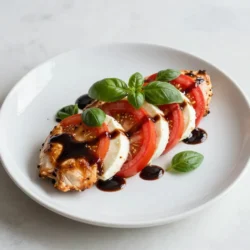 - 4 boneless, skinless chicken breasts - 1 cup fresh mozzarella cheese, sliced - 2 large tomatoes, sliced - 1 cup fresh basil leaves - 1/2 cup balsamic vinegar - 2 tablespoons honey - 2 tablespoons olive oil - 3 cloves garlic, minced - Salt and pepper to taste - Prep Time: 10 mins - Cook Time: 30 mins - Total Time: 40 mins - Servings: 4 When I make Balsamic Glazed Caprese Chicken, I always start with fresh ingredients. The chicken breasts are the stars of this dish. I love using boneless and skinless chicken because they cook evenly and soak up flavors nicely. For the cheese, fresh mozzarella adds creamy texture and a mild taste that pairs well with other ingredients. Tomatoes bring a juicy burst of flavor. I recommend using ripe, large tomatoes. They add color and freshness to the dish. Fresh basil leaves give that classic Caprese taste. Their fragrant aroma makes every bite delightful. The balsamic vinegar and honey create a sweet and tangy glaze. This delicious blend enhances the chicken's natural flavors. Olive oil helps to sear the chicken and keep it moist. Garlic adds a savory note that rounds out all the flavors. Make sure to season with salt and pepper to taste. This simple step boosts the dish's overall flavor. With just 10 minutes of prep and a quick bake, you can serve this meal in 40 minutes. It is perfect for a busy weeknight or special dinner. {{ingredient_image_1}} - Preheat oven to 400°F (200°C). - Lightly grease a baking dish with olive oil. - Combine 1/2 cup balsamic vinegar and 2 tablespoons honey in a saucepan. - Simmer for about 5-7 minutes. Stir until it reduces and thickens. - Heat 2 tablespoons olive oil in a skillet over medium-high heat. - Season 4 chicken breasts with salt and pepper. - Sear the chicken for about 4-5 minutes on each side until golden brown. - Transfer the chicken to the greased baking dish. - Layer sliced tomatoes and fresh mozzarella on top. - Drizzle the balsamic glaze over everything. - Bake in the oven for 20-25 minutes until the chicken is cooked through. The internal temperature should reach 165°F (75°C). - Always ensure the chicken reaches an internal temperature of 165°F (75°C). This keeps it safe and juicy. - Use fresh ingredients for the best flavor. Fresh basil and ripe tomatoes make a big difference. - Pair this dish with roasted vegetables or a fresh salad. The freshness balances the rich glaze. - For a beautiful plate, serve the chicken on a colorful platter. Drizzle extra balsamic glaze on top for a nice touch. - You can add more vegetables like spinach or bell peppers. This gives extra color and nutrition. - Experiment with different types of cheese. Try goat cheese or feta for a fun twist. You can also use spices like oregano or thyme for added flavor. Pro Tips Perfectly Sear the Chicken: Ensure your skillet is hot enough before adding the chicken to achieve a beautiful golden-brown crust. Choose Quality Ingredients: Use fresh, high-quality mozzarella and ripe tomatoes for the best flavor and texture in your dish. Rest the Chicken: Allow the chicken to rest for a few minutes after baking; this helps retain its juices for a more succulent bite. Adjust the Glaze: Feel free to customize the balsamic glaze by adding herbs or spices, like thyme or rosemary, for an extra flavor dimension. {{image_2}} You can switch chicken for turkey or portobello mushrooms. Turkey has a mild taste and cooks well with the glaze. Portobello mushrooms add a rich, earthy flavor. They also make a great vegetarian option. Try using different vinegars too. Apple cider vinegar gives a sweet twist. Red wine vinegar adds depth with its tangy taste. Each vinegar brings a new taste to your dish. Grilling is a fun way to cook this dish. It adds a smoky flavor that pairs well with the glaze. Just coat the chicken with oil and season before grilling. You can also cook it on the stovetop. This method is quicker and keeps the chicken juicy. Just sear the chicken on high heat and add the glaze at the end. If you need gluten-free options, this recipe is already safe! All the ingredients are gluten-free. For dairy-free alternatives, try using vegan cheese. There are many great options available. Nutritional yeast is another choice for a cheesy flavor without dairy. After enjoying your meal, store any leftovers in an airtight container. I recommend placing it in the fridge. This keeps the chicken fresh for about 3-4 days. The balsamic glaze adds flavor, making it tasty even the next day. When you want to enjoy your leftovers, the best way to reheat is in the oven. This keeps the chicken juicy and the cheese melty. Set your oven to 350°F (175°C) and bake for about 10-15 minutes. If you're in a hurry, you can microwave it. Just heat for 1-2 minutes, but be careful not to overcook it. If you want to save your leftovers for longer, you can freeze them. Place the chicken in a freezer-safe container. Make sure to separate the sauce if possible. For best results, eat it within 2-3 months. To thaw, place the container in the fridge overnight. This way, it stays safe and tasty. You can enjoy this dish with many sides. Here are some tasty options: - Roasted vegetables like carrots or zucchini - A fresh garden salad with mixed greens - Garlic bread for a crunchy side - Quinoa or rice for a hearty base - A light white wine, like Pinot Grigio Pairing these sides enhances the meal and adds color to your plate. Each option brings out the flavors of the chicken and glaze. Yes, you can use store-bought balsamic glaze. It saves time and effort. Pros: - Quick and easy to use - Consistent flavor Cons: - May contain additives or preservatives - Often sweeter than homemade glaze If you want to control the sweetness and flavor, making your own glaze is best. It’s simple and fresh. Check chicken doneness by looking for a few key signs: - The juices run clear, not pink - The meat is no longer shiny - A meat thermometer reads 165°F (75°C) You can also cut into the thickest part of the chicken. If it looks white and firm, it's ready. Yes, you can make this dish ahead of time. Here’s how: - Cook the chicken and prepare the glaze. - Store them separately in the fridge. - Reheat the chicken in the oven before serving. This way, you keep the chicken juicy and the glaze fresh. It’s perfect for busy nights! This recipe for Balsamic Glazed Caprese Chicken combines fresh flavors with simple steps. You learned how to prepare, cook, and store it. You can customize this dish with your favorite ingredients. It's quick, delicious, and suits many diets. Remember to pair it with tasty sides for a great meal. Enjoy cooking and sharing this dish with family or friends. This dish is sure to impress at any table. With these tips, you’ll create a meal everyone will love.
