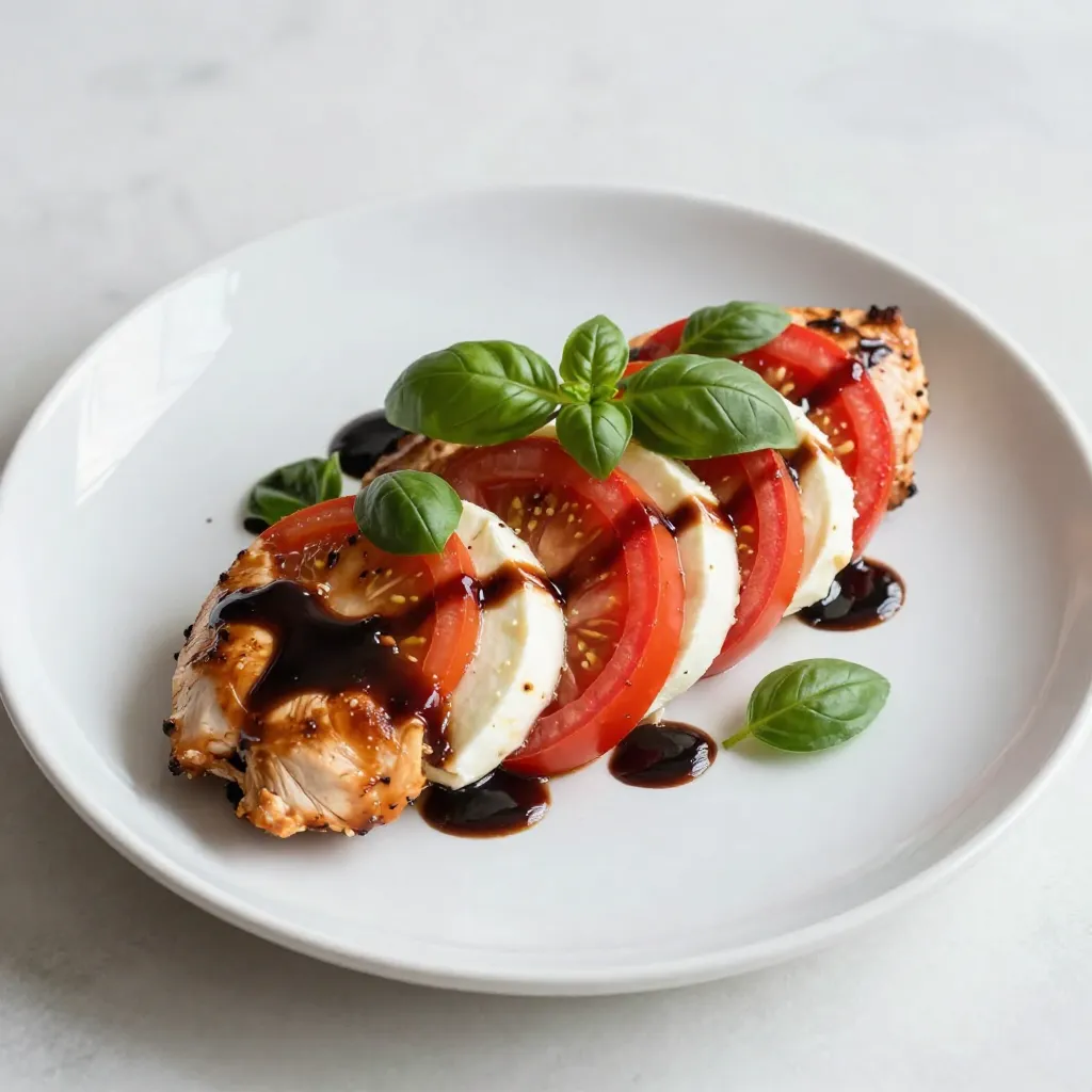 - 4 boneless, skinless chicken breasts - 1 cup fresh mozzarella cheese, sliced - 2 large tomatoes, sliced - 1 cup fresh basil leaves - 1/2 cup balsamic vinegar - 2 tablespoons honey - 2 tablespoons olive oil - 3 cloves garlic, minced - Salt and pepper to taste - Prep Time: 10 mins - Cook Time: 30 mins - Total Time: 40 mins - Servings: 4 When I make Balsamic Glazed Caprese Chicken, I always start with fresh ingredients. The chicken breasts are the stars of this dish. I love using boneless and skinless chicken because they cook evenly and soak up flavors nicely. For the cheese, fresh mozzarella adds creamy texture and a mild taste that pairs well with other ingredients. Tomatoes bring a juicy burst of flavor. I recommend using ripe, large tomatoes. They add color and freshness to the dish. Fresh basil leaves give that classic Caprese taste. Their fragrant aroma makes every bite delightful. The balsamic vinegar and honey create a sweet and tangy glaze. This delicious blend enhances the chicken's natural flavors. Olive oil helps to sear the chicken and keep it moist. Garlic adds a savory note that rounds out all the flavors. Make sure to season with salt and pepper to taste. This simple step boosts the dish's overall flavor. With just 10 minutes of prep and a quick bake, you can serve this meal in 40 minutes. It is perfect for a busy weeknight or special dinner. {{ingredient_image_1}} - Preheat oven to 400°F (200°C). - Lightly grease a baking dish with olive oil. - Combine 1/2 cup balsamic vinegar and 2 tablespoons honey in a saucepan. - Simmer for about 5-7 minutes. Stir until it reduces and thickens. - Heat 2 tablespoons olive oil in a skillet over medium-high heat. - Season 4 chicken breasts with salt and pepper. - Sear the chicken for about 4-5 minutes on each side until golden brown. - Transfer the chicken to the greased baking dish. - Layer sliced tomatoes and fresh mozzarella on top. - Drizzle the balsamic glaze over everything. - Bake in the oven for 20-25 minutes until the chicken is cooked through. The internal temperature should reach 165°F (75°C). - Always ensure the chicken reaches an internal temperature of 165°F (75°C). This keeps it safe and juicy. - Use fresh ingredients for the best flavor. Fresh basil and ripe tomatoes make a big difference. - Pair this dish with roasted vegetables or a fresh salad. The freshness balances the rich glaze. - For a beautiful plate, serve the chicken on a colorful platter. Drizzle extra balsamic glaze on top for a nice touch. - You can add more vegetables like spinach or bell peppers. This gives extra color and nutrition. - Experiment with different types of cheese. Try goat cheese or feta for a fun twist. You can also use spices like oregano or thyme for added flavor. Pro Tips Perfectly Sear the Chicken: Ensure your skillet is hot enough before adding the chicken to achieve a beautiful golden-brown crust. Choose Quality Ingredients: Use fresh, high-quality mozzarella and ripe tomatoes for the best flavor and texture in your dish. Rest the Chicken: Allow the chicken to rest for a few minutes after baking; this helps retain its juices for a more succulent bite. Adjust the Glaze: Feel free to customize the balsamic glaze by adding herbs or spices, like thyme or rosemary, for an extra flavor dimension. {{image_2}} You can switch chicken for turkey or portobello mushrooms. Turkey has a mild taste and cooks well with the glaze. Portobello mushrooms add a rich, earthy flavor. They also make a great vegetarian option. Try using different vinegars too. Apple cider vinegar gives a sweet twist. Red wine vinegar adds depth with its tangy taste. Each vinegar brings a new taste to your dish. Grilling is a fun way to cook this dish. It adds a smoky flavor that pairs well with the glaze. Just coat the chicken with oil and season before grilling. You can also cook it on the stovetop. This method is quicker and keeps the chicken juicy. Just sear the chicken on high heat and add the glaze at the end. If you need gluten-free options, this recipe is already safe! All the ingredients are gluten-free. For dairy-free alternatives, try using vegan cheese. There are many great options available. Nutritional yeast is another choice for a cheesy flavor without dairy. After enjoying your meal, store any leftovers in an airtight container. I recommend placing it in the fridge. This keeps the chicken fresh for about 3-4 days. The balsamic glaze adds flavor, making it tasty even the next day. When you want to enjoy your leftovers, the best way to reheat is in the oven. This keeps the chicken juicy and the cheese melty. Set your oven to 350°F (175°C) and bake for about 10-15 minutes. If you're in a hurry, you can microwave it. Just heat for 1-2 minutes, but be careful not to overcook it. If you want to save your leftovers for longer, you can freeze them. Place the chicken in a freezer-safe container. Make sure to separate the sauce if possible. For best results, eat it within 2-3 months. To thaw, place the container in the fridge overnight. This way, it stays safe and tasty. You can enjoy this dish with many sides. Here are some tasty options: - Roasted vegetables like carrots or zucchini - A fresh garden salad with mixed greens - Garlic bread for a crunchy side - Quinoa or rice for a hearty base - A light white wine, like Pinot Grigio Pairing these sides enhances the meal and adds color to your plate. Each option brings out the flavors of the chicken and glaze. Yes, you can use store-bought balsamic glaze. It saves time and effort. Pros: - Quick and easy to use - Consistent flavor Cons: - May contain additives or preservatives - Often sweeter than homemade glaze If you want to control the sweetness and flavor, making your own glaze is best. It’s simple and fresh. Check chicken doneness by looking for a few key signs: - The juices run clear, not pink - The meat is no longer shiny - A meat thermometer reads 165°F (75°C) You can also cut into the thickest part of the chicken. If it looks white and firm, it's ready. Yes, you can make this dish ahead of time. Here’s how: - Cook the chicken and prepare the glaze. - Store them separately in the fridge. - Reheat the chicken in the oven before serving. This way, you keep the chicken juicy and the glaze fresh. It’s perfect for busy nights! This recipe for Balsamic Glazed Caprese Chicken combines fresh flavors with simple steps. You learned how to prepare, cook, and store it. You can customize this dish with your favorite ingredients. It's quick, delicious, and suits many diets. Remember to pair it with tasty sides for a great meal. Enjoy cooking and sharing this dish with family or friends. This dish is sure to impress at any table. With these tips, you’ll create a meal everyone will love.