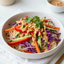 - 8 oz rice noodles - 1 cup red bell pepper, thinly sliced - 1 cup carrot, julienned - 1 cup cucumber, thinly sliced - 1 cup red cabbage, shredded - 1/4 cup green onions, chopped - 1/2 cup unsalted roasted peanuts, chopped - 1/4 cup fresh cilantro, chopped The base of this salad is rice noodles. They are soft and chewy. You will find them in many Asian dishes. They soak up the sauce well. For the veggies, I love using bright colors. Red bell pepper adds sweetness. Carrots give a nice crunch. Cucumber cools the dish down. Red cabbage adds color and nutrients. Green onions sprinkle a fresh taste. The peanuts add texture and a nutty flavor. Lastly, cilantro adds a burst of freshness. Together, these ingredients make a colorful and tasty salad. - 1/3 cup peanut butter (creamy or chunky) - 3 tablespoons soy sauce (or tamari for gluten-free) - 2 tablespoons pure maple syrup - 2 tablespoons lime juice - 1 tablespoon sesame oil - 1 teaspoon sriracha (adjust for spice level) - 1 clove garlic, minced - Salt to taste The spicy peanut sauce is what makes this salad special. Peanut butter is the star. It gives a rich, creamy flavor. Soy sauce adds saltiness and depth. Maple syrup gives a hint of sweetness. Lime juice brightens the sauce up. Sesame oil adds a lovely nutty taste. Sriracha brings the heat. You can adjust it to your liking. Garlic adds a punch of flavor. Finally, a pinch of salt rounds it all out. This sauce is easy to make and packs a lot of flavor. It brings all the ingredients together for a delicious meal. {{ingredient_image_1}} To start, bring a large pot of water to a boil. Add the rice noodles carefully. Cook them for about 4 to 6 minutes, or until they are soft. You can check them by tasting. Once cooked, drain the noodles in a colander. Rinse them under cold water to stop cooking. This keeps the noodles from getting too sticky. Set the noodles aside while you prepare the rest. While the noodles cook, it’s time to chop the veggies. Take the red bell pepper and slice it thinly. For the carrots, use a knife to julienne them into thin strips. Next, slice the cucumber thinly, just like the pepper. Finally, shred the red cabbage. Place all the cut veggies and chopped green onions in a large mixing bowl. Mix them together gently to combine. Now for the sauce! In a medium bowl, add peanut butter, soy sauce, maple syrup, lime juice, sesame oil, sriracha, and minced garlic. Use a whisk to mix these ingredients until smooth. Taste the sauce. If you want it saltier, add a bit of salt. This sauce will bring everything together with a nice, spicy kick. In the bowl with the veggies, add the cooled rice noodles. Pour the spicy peanut sauce over the top. Toss everything together carefully. Make sure the noodles and veggies are well-coated with the sauce. For a great presentation, transfer the salad to serving bowls or a large platter. Top it off with chopped peanuts and fresh cilantro. This adds a nice crunch and flavor! If you want to make this dish gluten-free, swap regular soy sauce for tamari. It works just as well. You can also use other noodles like quinoa or zucchini noodles. For more crunch and color, add even more veggies. Broccoli, snap peas, or bell peppers can add freshness. You can also mix in proteins like grilled chicken, shrimp, or tofu. They make the salad heartier and more filling. To get the right peanut butter texture, stir it well before measuring. Creamy peanut butter gives a smooth sauce. If you prefer a chunkier sauce, use crunchy peanut butter. Balancing flavors is key. If the sauce is too thick, add a bit of water or more lime juice. Always taste and adjust the flavors. You can add more soy sauce for saltiness or more maple syrup for sweetness. This salad is best served cold. You can chill it in the fridge for a bit before serving. For a lovely presentation, serve it in a big bowl or on a platter. Pair it with grilled meats or a light soup for a full meal. You can also enjoy it on its own as a refreshing lunch. Pro Tips Use Fresh Ingredients: Fresh vegetables not only enhance the flavor but also add vibrant color to your salad. Look for firm and crisp produce for the best results. Customize the Spice Level: Adjust the amount of sriracha in the peanut sauce to suit your heat preference. Start with less and gradually add more if you like it spicier. Let it Chill: For the best flavor, let the salad sit in the fridge for about 30 minutes before serving. This allows the flavors to meld beautifully. Try Variations: Feel free to add other vegetables like snap peas, edamame, or bell pepper for extra crunch and nutrition. You can also use different nuts or seeds for topping. {{image_2}} To make a cold version of this salad, you will need a few simple changes. - Ingredients for a chilled version: - 8 oz rice noodles - 1 cup red bell pepper, thinly sliced - 1 cup carrot, julienned - 1 cup cucumber, thinly sliced - 1 cup red cabbage, shredded - 1/4 cup green onions, chopped - 1/2 cup unsalted roasted peanuts, chopped - 1/4 cup fresh cilantro, chopped - Spicy peanut sauce (as listed above) - Adjustments in preparation: - After cooking the noodles, rinse them under cold water. This will help cool them down quickly. - Mix all ingredients together in a large bowl. Chill the salad in the fridge for about 30 minutes before serving. This makes the flavors blend well. Adding protein boosts the salad's nutrition and makes it more filling. You can use chicken, shrimp, or tofu for this. - Adding chicken, shrimp, or tofu: - For chicken, grill or sauté it until fully cooked. Slice it thinly. - For shrimp, cook until pink and opaque, then cool slightly. - For tofu, press it to remove water, then cube and pan-fry until golden. - Cooking adjustments for proteins: - Cook the protein separately and let it cool before mixing it into the salad. - Toss the protein with the noodles and veggies before adding the spicy peanut sauce. This keeps the protein flavorful and moist. You can switch up the sauce to create different flavors. - Switching up the sauce ingredients: - Try adding coconut milk for creaminess. - Use tahini instead of peanut butter for a different taste. - Asian-inspired variations: - Add ginger to the sauce for a zesty kick. - Mix in some sesame seeds or crushed chili flakes for extra crunch and heat. These variations make the Spicy Peanut Noodle Salad fun and fresh every time you make it! To keep your spicy peanut noodle salad fresh, use airtight containers. Glass or plastic containers work well. Make sure the lid is on tight to avoid spills. You can store the salad in the fridge for about three days. If you notice any change in texture or smell, it's best to toss it out. You can freeze the noodles and sauce separately. This keeps them fresh longer. For freezing, place the noodles in a freezer bag. Remove extra air before sealing. The sauce can go in a jar or bag too. It will keep in the freezer for about one month. When you’re ready to eat, thaw the noodles and sauce in the fridge overnight. Reheat the noodles in hot water for a few minutes. You can warm the sauce in a pan on low heat. Mix them together, and enjoy your salad again! If you need a gluten-free option, try using zucchini noodles or rice paper. You can also use soba noodles, made from buckwheat, as a tasty alternative. Another good choice is quinoa pasta, which cooks quickly and holds up well in salads. Yes, you can prepare this salad ahead of time. Just keep the dressing separate until you are ready to eat. This way, the noodles and veggies stay fresh and crunchy. You can store the salad in the fridge for up to two days. To make the salad less spicy, reduce the amount of sriracha in the sauce. You can also add more peanut butter to balance the heat. If you want it spicier, try adding a pinch of cayenne pepper or more sriracha. Taste as you go to find your perfect heat level. This salad combines rice noodles, fresh veggies, and a spicy peanut sauce. You learned how to cook, prepare, and mix them for a delicious meal. I shared tips for finishing touches and substitutions to fit your needs. Remember, you can make this dish with different proteins or sauces to keep it fun. Don't forget to store leftovers properly for later enjoyment. With these simple steps, you can whip up a tasty and satisfying salad any time. Enjoy experimenting with flavors and making it your own!