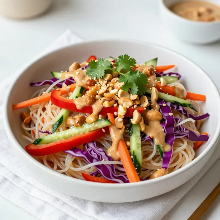 - 8 oz rice noodles - 1 cup red bell pepper, thinly sliced - 1 cup carrot, julienned - 1 cup cucumber, thinly sliced - 1 cup red cabbage, shredded - 1/4 cup green onions, chopped - 1/2 cup unsalted roasted peanuts, chopped - 1/4 cup fresh cilantro, chopped The base of this salad is rice noodles. They are soft and chewy. You will find them in many Asian dishes. They soak up the sauce well. For the veggies, I love using bright colors. Red bell pepper adds sweetness. Carrots give a nice crunch. Cucumber cools the dish down. Red cabbage adds color and nutrients. Green onions sprinkle a fresh taste. The peanuts add texture and a nutty flavor. Lastly, cilantro adds a burst of freshness. Together, these ingredients make a colorful and tasty salad. - 1/3 cup peanut butter (creamy or chunky) - 3 tablespoons soy sauce (or tamari for gluten-free) - 2 tablespoons pure maple syrup - 2 tablespoons lime juice - 1 tablespoon sesame oil - 1 teaspoon sriracha (adjust for spice level) - 1 clove garlic, minced - Salt to taste The spicy peanut sauce is what makes this salad special. Peanut butter is the star. It gives a rich, creamy flavor. Soy sauce adds saltiness and depth. Maple syrup gives a hint of sweetness. Lime juice brightens the sauce up. Sesame oil adds a lovely nutty taste. Sriracha brings the heat. You can adjust it to your liking. Garlic adds a punch of flavor. Finally, a pinch of salt rounds it all out. This sauce is easy to make and packs a lot of flavor. It brings all the ingredients together for a delicious meal. {{ingredient_image_1}} To start, bring a large pot of water to a boil. Add the rice noodles carefully. Cook them for about 4 to 6 minutes, or until they are soft. You can check them by tasting. Once cooked, drain the noodles in a colander. Rinse them under cold water to stop cooking. This keeps the noodles from getting too sticky. Set the noodles aside while you prepare the rest. While the noodles cook, it’s time to chop the veggies. Take the red bell pepper and slice it thinly. For the carrots, use a knife to julienne them into thin strips. Next, slice the cucumber thinly, just like the pepper. Finally, shred the red cabbage. Place all the cut veggies and chopped green onions in a large mixing bowl. Mix them together gently to combine. Now for the sauce! In a medium bowl, add peanut butter, soy sauce, maple syrup, lime juice, sesame oil, sriracha, and minced garlic. Use a whisk to mix these ingredients until smooth. Taste the sauce. If you want it saltier, add a bit of salt. This sauce will bring everything together with a nice, spicy kick. In the bowl with the veggies, add the cooled rice noodles. Pour the spicy peanut sauce over the top. Toss everything together carefully. Make sure the noodles and veggies are well-coated with the sauce. For a great presentation, transfer the salad to serving bowls or a large platter. Top it off with chopped peanuts and fresh cilantro. This adds a nice crunch and flavor! If you want to make this dish gluten-free, swap regular soy sauce for tamari. It works just as well. You can also use other noodles like quinoa or zucchini noodles. For more crunch and color, add even more veggies. Broccoli, snap peas, or bell peppers can add freshness. You can also mix in proteins like grilled chicken, shrimp, or tofu. They make the salad heartier and more filling. To get the right peanut butter texture, stir it well before measuring. Creamy peanut butter gives a smooth sauce. If you prefer a chunkier sauce, use crunchy peanut butter. Balancing flavors is key. If the sauce is too thick, add a bit of water or more lime juice. Always taste and adjust the flavors. You can add more soy sauce for saltiness or more maple syrup for sweetness. This salad is best served cold. You can chill it in the fridge for a bit before serving. For a lovely presentation, serve it in a big bowl or on a platter. Pair it with grilled meats or a light soup for a full meal. You can also enjoy it on its own as a refreshing lunch. Pro Tips Use Fresh Ingredients: Fresh vegetables not only enhance the flavor but also add vibrant color to your salad. Look for firm and crisp produce for the best results. Customize the Spice Level: Adjust the amount of sriracha in the peanut sauce to suit your heat preference. Start with less and gradually add more if you like it spicier. Let it Chill: For the best flavor, let the salad sit in the fridge for about 30 minutes before serving. This allows the flavors to meld beautifully. Try Variations: Feel free to add other vegetables like snap peas, edamame, or bell pepper for extra crunch and nutrition. You can also use different nuts or seeds for topping. {{image_2}} To make a cold version of this salad, you will need a few simple changes. - Ingredients for a chilled version: - 8 oz rice noodles - 1 cup red bell pepper, thinly sliced - 1 cup carrot, julienned - 1 cup cucumber, thinly sliced - 1 cup red cabbage, shredded - 1/4 cup green onions, chopped - 1/2 cup unsalted roasted peanuts, chopped - 1/4 cup fresh cilantro, chopped - Spicy peanut sauce (as listed above) - Adjustments in preparation: - After cooking the noodles, rinse them under cold water. This will help cool them down quickly. - Mix all ingredients together in a large bowl. Chill the salad in the fridge for about 30 minutes before serving. This makes the flavors blend well. Adding protein boosts the salad's nutrition and makes it more filling. You can use chicken, shrimp, or tofu for this. - Adding chicken, shrimp, or tofu: - For chicken, grill or sauté it until fully cooked. Slice it thinly. - For shrimp, cook until pink and opaque, then cool slightly. - For tofu, press it to remove water, then cube and pan-fry until golden. - Cooking adjustments for proteins: - Cook the protein separately and let it cool before mixing it into the salad. - Toss the protein with the noodles and veggies before adding the spicy peanut sauce. This keeps the protein flavorful and moist. You can switch up the sauce to create different flavors. - Switching up the sauce ingredients: - Try adding coconut milk for creaminess. - Use tahini instead of peanut butter for a different taste. - Asian-inspired variations: - Add ginger to the sauce for a zesty kick. - Mix in some sesame seeds or crushed chili flakes for extra crunch and heat. These variations make the Spicy Peanut Noodle Salad fun and fresh every time you make it! To keep your spicy peanut noodle salad fresh, use airtight containers. Glass or plastic containers work well. Make sure the lid is on tight to avoid spills. You can store the salad in the fridge for about three days. If you notice any change in texture or smell, it's best to toss it out. You can freeze the noodles and sauce separately. This keeps them fresh longer. For freezing, place the noodles in a freezer bag. Remove extra air before sealing. The sauce can go in a jar or bag too. It will keep in the freezer for about one month. When you’re ready to eat, thaw the noodles and sauce in the fridge overnight. Reheat the noodles in hot water for a few minutes. You can warm the sauce in a pan on low heat. Mix them together, and enjoy your salad again! If you need a gluten-free option, try using zucchini noodles or rice paper. You can also use soba noodles, made from buckwheat, as a tasty alternative. Another good choice is quinoa pasta, which cooks quickly and holds up well in salads. Yes, you can prepare this salad ahead of time. Just keep the dressing separate until you are ready to eat. This way, the noodles and veggies stay fresh and crunchy. You can store the salad in the fridge for up to two days. To make the salad less spicy, reduce the amount of sriracha in the sauce. You can also add more peanut butter to balance the heat. If you want it spicier, try adding a pinch of cayenne pepper or more sriracha. Taste as you go to find your perfect heat level. This salad combines rice noodles, fresh veggies, and a spicy peanut sauce. You learned how to cook, prepare, and mix them for a delicious meal. I shared tips for finishing touches and substitutions to fit your needs. Remember, you can make this dish with different proteins or sauces to keep it fun. Don't forget to store leftovers properly for later enjoyment. With these simple steps, you can whip up a tasty and satisfying salad any time. Enjoy experimenting with flavors and making it your own!