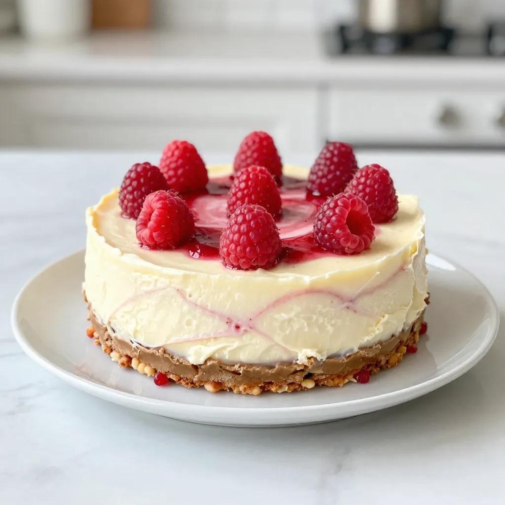 To make a scrumptious white chocolate raspberry cheesecake, you will need the following ingredients: - 1 ½ cups graham cracker crumbs - ½ cup unsalted butter, melted - 2 tablespoons sugar - 1 cup white chocolate chips - 4 packages cream cheese (8 oz each) - 1 cup sugar - 3 large eggs - 1 teaspoon vanilla extract - 1 cup sour cream - 1 cup fresh raspberries - ½ cup raspberry puree (made from fresh raspberries blended and strained) - Additional raspberries for garnish Each ingredient plays an important role in making the cheesecake creamy and flavorful. The graham cracker crumbs form the base, while the white chocolate adds a sweet, rich taste. The cream cheese gives the cheesecake its signature smooth texture. Fresh raspberries bring a burst of fruity flavor and a lovely color. When you gather your ingredients, make sure they are fresh. This ensures the best taste. I recommend using high-quality white chocolate. It melts nicely and gives a smooth texture to the cheesecake. This combination of ingredients will help you create a dessert that is both beautiful and delicious. {{ingredient_image_1}} - Preheat the oven to 325°F (160°C). - Grease the springform pan with some butter. This helps the cheesecake come out easily. - In a bowl, mix 1 ½ cups of graham cracker crumbs, ½ cup of melted butter, and 2 tablespoons of sugar. - Stir until the crumbs are covered. - Press this mix firmly into the bottom of the springform pan. This creates a nice, crunchy base. - Melt 1 cup of white chocolate chips in a saucepan over low heat. Stir until it is smooth. - In a large bowl, beat 4 packages (8 oz each) of softened cream cheese with 1 cup of sugar. Mix until creamy. - Add 3 large eggs one at a time. Mix well after each. - Stir in 1 teaspoon of vanilla extract and 1 cup of sour cream. Mix until it is well combined. - Gently fold in the melted white chocolate until smooth. Be careful not to overmix. - Add ½ cup of raspberry puree and swirl it gently through the batter. - Pour half of the cheesecake batter into the crust. - Drizzle half of the raspberry puree over this batter. Use a knife to swirl it in. - Pour the rest of the batter on top. Drizzle again with the remaining raspberry puree and swirl. - Bake in the oven for 55-60 minutes. The center should be set but still jiggly. - Turn off the oven, crack the door open, and let it cool inside for an hour. - Remove the cheesecake and let it cool at room temperature. - Place it in the fridge for at least 4 hours, or overnight, to set fully. - Before serving, add fresh raspberries on top for a lovely touch. To make a great cheesecake, avoid overmixing the batter. Mix only until combined. Overmixing can add too much air, making the cake crack. Proper cooling and chilling are key. After baking, let the cheesecake cool in the oven for an hour. This helps it set without sudden temperature changes. Chill it in the fridge for at least four hours or overnight. This makes the texture smooth and creamy. Melting white chocolate can be tricky. Use low heat to avoid burning. I recommend using a double boiler. Place a heat-proof bowl over a pot of simmering water. Stir often until the chocolate is smooth. Remove it from heat and let it cool slightly before adding to your batter. This prevents the chocolate from cooking the eggs when mixed. Serve your cheesecake with a dollop of whipped cream. Fresh raspberries on top add a nice touch. You can also drizzle some raspberry puree for extra flavor. These toppings complement the rich flavor of the cheesecake well. Pro Tips Use Room Temperature Ingredients: Ensure your cream cheese and eggs are at room temperature for a smoother batter and to prevent lumps. Be Gentle with the Raspberry Puree: When swirling in the raspberry puree, use a light hand to create beautiful swirls without over-mixing the batter. Cool Slowly: After baking, let the cheesecake cool in the oven with the door ajar to prevent cracks from sudden temperature changes. Chill Overnight: For the best texture and flavor, refrigerate the cheesecake overnight before serving to allow it to set fully. {{image_2}} You can boost the taste of your cheesecake easily. Adding lemon zest gives a nice, fresh twist. The lemon's bright flavor pairs well with the sweet white chocolate and tart raspberries. You can also drizzle some melted chocolate on top. This adds a rich layer that looks great and tastes amazing. If you need to change things up, consider gluten-free crust options. Use gluten-free graham crackers for the base. This keeps the dessert tasty and friendly for those avoiding gluten. For a dairy-free version, try using vegan cream cheese. Coconut cream can also work as a substitute for sour cream. These swaps mean everyone can enjoy this dessert. Raspberries are classic, but other fruits shine here too. Strawberries add a sweet touch, while blueberries bring a burst of color. You can also use a mix of berries for a fun look and flavor. Each fruit brings its own unique taste, making this cheesecake even more delightful. To store your cheesecake in the fridge, first, let it cool completely. Once cool, cover it with plastic wrap or aluminum foil. This helps keep it fresh. Place the cheesecake on a flat dish. It will stay good for about 5 days. If you want to keep it longer, freezing is a great option. To freeze cheesecake, slice it into individual pieces. Wrap each slice in plastic wrap tightly. Then, place the wrapped slices in a freezer-safe bag or container. This method helps prevent freezer burn. You can freeze it for up to 3 months. When you're ready to eat, move a slice to the fridge overnight to thaw. Enjoy it cold for the best flavor! Yes, you can use frozen raspberries. They work well in this cheesecake. Just thaw them first and drain excess water. This helps keep the texture nice. Frozen raspberries may be softer but still taste great. You can also use them in the puree. Cheesecake lasts about 5 to 7 days in the fridge. Keep it covered to avoid drying out. If you see any signs of spoilage, throw it away. For the best taste, enjoy it within the first few days. Yes, making this cheesecake ahead is a great idea. You can prepare it up to two days before your event. Just store it in the fridge. Let it chill completely before serving. This gives the flavors time to meld together. This blog post covers everything you need to make a delicious white chocolate raspberry cheesecake. We outlined the key ingredients, simple steps, and helpful tips to achieve the best texture. You learned how to customize flavors and store your cheesecake properly. Remember, baking is all about practice and patience. Enjoy sharing this treat with family and friends, or savor it all yourself. Your cheesecake journey starts here, and I hope you feel inspired to create!