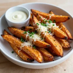 For this recipe, you need 2 large sweet potatoes. Cut them into thin wedges. Sweet potatoes add a sweet touch and a vibrant color. They are also full of vitamins and fiber. You will use 3 tablespoons of olive oil to help the fries crisp up. The oil also helps the seasonings stick. For flavor, add 4 cloves of minced garlic, 1 teaspoon of paprika, 1 teaspoon of onion powder, ½ teaspoon of salt, and ¼ teaspoon of black pepper. These spices give the fries a nice kick and depth. To finish, grab ½ cup of grated Parmesan cheese. This cheese melts well and adds a savory flavor. For a fresh touch, use some chopped parsley as a garnish. It makes the dish look bright and appealing. {{ingredient_image_1}} First, set your oven to 425°F (220°C). This high heat helps the fries get crispy. Next, take a baking sheet and line it with parchment paper. The paper keeps the fries from sticking. It also makes cleanup easier. Grab a large bowl and add your cut sweet potatoes. Pour in 3 tablespoons of olive oil. The oil makes the fries crisp and adds flavor. Now, add 4 cloves of minced garlic, 1 teaspoon of paprika, 1 teaspoon of onion powder, ½ teaspoon of salt, and ¼ teaspoon of black pepper. Toss everything well. Make sure each wedge gets coated with the mix. This step is key for a tasty fry. Spread the seasoned sweet potato wedges on the baking sheet. Lay them out in a single layer. This helps them cook evenly. Bake for 25-30 minutes. Flip the fries halfway through. This will give them a nice, golden color. Once done, take them out and sprinkle ½ cup of grated Parmesan cheese on top. Return them to the oven for 2-3 minutes. This melts the cheese perfectly. After that, let them cool for a minute. Add some chopped fresh parsley for a pop of color and flavor before serving. Pick large, firm sweet potatoes. Look for smooth skin and no blemishes. Organic sweet potatoes often taste better. They have a sweeter flavor and a nice texture. Try to choose ones that feel heavy for their size. This means they have more moisture inside. First, cut your sweet potatoes into thin wedges. Thin pieces cook more evenly and get crisp. Soak the sweet potato wedges in cold water for at least 30 minutes. This helps remove excess starch. Then, dry them well with a clean towel. The drier they are, the crispier they will get. Use enough olive oil to coat each wedge. Spread them out on the baking sheet. If they are too close, they will steam, not bake. Bake at 425°F (220°C) for 25-30 minutes. Flip them halfway through for even cooking. Try different spices to change the taste. Add chili powder for a kick or cumin for warmth. You can also try rosemary or thyme for a fresh flavor. For a cheesy twist, mix in some grated cheddar cheese. If you want a zesty touch, add lemon zest. Don’t be afraid to get creative with your spices! Pro Tips Cut Evenly: Ensure that your sweet potato wedges are cut into uniform sizes for even cooking and crispiness. Soak for Crispiness: Soak the cut sweet potato wedges in cold water for at least 30 minutes before cooking. This helps remove excess starch and enhances crispiness. Use Fresh Garlic: Freshly minced garlic will provide a stronger flavor compared to pre-minced options, elevating the taste of your fries. Check for Doneness: Keep an eye on the fries in the last few minutes of baking, as ovens can vary, and you want them perfectly golden without burning. {{image_2}} You can add different spices to your sweet potato fries. Try some cayenne for heat. It gives a nice kick. For a smoky taste, add smoked paprika. You can also mix in some dried herbs like thyme or oregano. These spices enhance the flavor and make each bite exciting. This recipe is easily adaptable for everyone. To make it vegan, simply skip the Parmesan cheese. Instead, use nutritional yeast for a cheesy flavor. It adds umami and keeps it plant-based. You can also try a vegan cheese that melts well if you want that gooey texture. While Parmesan is a classic choice, other cheeses work well too. Try sharp cheddar for a bold flavor. If you like a creamier taste, use mozzarella. For a tangy twist, sprinkle some feta on top. Each cheese brings its own unique taste to the fries, making them even more fun to enjoy. After you enjoy your Garlic Parmesan sweet potato fries, store leftovers in an airtight container. Make sure they are completely cool before sealing. This keeps them fresh. You can place them in the fridge for up to three days. Storing them well helps maintain their flavor and texture. To reheat your fries, use an oven for the best crispiness. Preheat your oven to 400°F (200°C). Spread the fries on a baking sheet and bake for about 10 minutes. This method helps them regain their crunch. You can also use a toaster oven if you prefer a smaller option. Avoid using the microwave, as it makes the fries soft. If you want to freeze your sweet potato fries, do it before cooking. Cut and season your fries as usual. Lay them on a baking sheet and freeze for about two hours. Once frozen, transfer them to a freezer bag. Make sure to remove as much air as possible. They can stay frozen for up to three months. When you're ready to cook, just bake them without thawing. Yes, you can make these fries in an air fryer. Start by preheating your air fryer to 400°F (200°C). Toss the sweet potato wedges with olive oil and seasonings as usual. Place them in the air fryer basket in a single layer. Cook for about 15-20 minutes. Shake the basket halfway through for even cooking. The fries will come out crispy and tasty! To keep your fries from getting soggy, make sure they are cut thin. This helps them cook faster and get crispy. Toss them well in oil and spices, but do not overdo it. Spread them out on the baking sheet so they do not touch. Baking at a high temperature, like 425°F, also helps. Flip them halfway through cooking for even crispiness. Garlic Parmesan Sweet Potato Fries taste great with many sauces. Here are some tasty options: - Garlic aioli adds a rich, creamy flavor. - Spicy ketchup gives a nice kick. - Ranch dressing is always a favorite. - Honey mustard offers a sweet and tangy taste. Try one or mix them for fun flavors! This article covered how to make delicious sweet potato fries. We explored key ingredients, step-by-step instructions, and helpful tips. You learned about variations to spice things up and how to store leftovers well. Enjoy experimenting with flavors and serving options. Sweet potato fries are healthier and just as tasty as regular fries. With these tips, you can make fries everyone loves. Now, it’s time to fry!