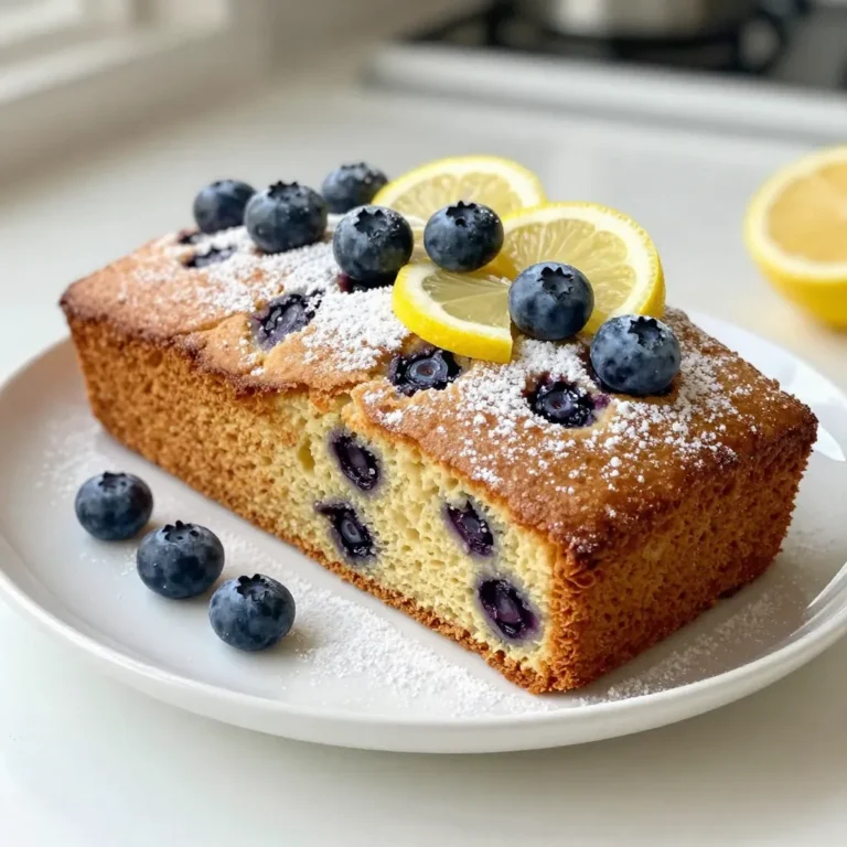 - 1½ cups all-purpose flour - 1 teaspoon baking powder - ½ teaspoon baking soda - ¼ teaspoon salt - ½ cup unsalted butter, softened - 1 cup granulated sugar - 3 large eggs - Zest of 1 lemon - 1 teaspoon vanilla extract - ½ cup sour cream - 1¼ cups fresh blueberries (plus extra for garnish) - 2 tablespoons lemon juice For common allergens, you can swap a few ingredients: - Use gluten-free flour for a gluten-free option. - Replace sour cream with yogurt if you need a dairy-free choice. - Use coconut oil in place of butter for a vegan version. You can add more fun to your pound cake with these options: - Try adding ½ cup of chopped nuts, like walnuts or pecans, for crunch. - Mix in ½ teaspoon of cinnamon for a warm spice flavor. - Add a splash of almond extract for a nutty twist. - You can also use other berries, like raspberries or blackberries, if you want a change. {{ingredient_image_1}} First, preheat your oven to 350°F (175°C). This step is key for even baking. While the oven heats, grab a 9x5 inch loaf pan. Grease it well. Parchment paper can help with easy removal later. Cut a piece to fit the bottom and sides. Press it down to stick. This will make serving easier. In a medium bowl, whisk together the dry ingredients: 1½ cups flour, 1 teaspoon baking powder, ½ teaspoon baking soda, and ¼ teaspoon salt. This mix adds lift and flavor. Set it aside. Now, in a large bowl, beat ½ cup softened butter and 1 cup sugar. Mix until it gets light and fluffy, about 3-4 minutes. Add in 3 large eggs one at a time. Mix well after each egg. Next, stir in the zest of 1 lemon and 1 teaspoon vanilla extract. This adds a nice brightness. Gradually add the dry mix to the wet mix. Alternate with ½ cup sour cream. Start and end with the dry mix. Mix until just combined. Be careful, you don’t want to overmix. Finally, gently fold in 1¼ cups fresh blueberries and 2 tablespoons lemon juice. This gives bursts of flavor. Pour the batter into the prepared pan. Smooth the top with a spatula for an even bake. Place it in your preheated oven. Bake for 55-60 minutes. Check if it’s done by inserting a toothpick in the center. It should come out clean. If it’s not ready, give it a few more minutes. Once baked, take the cake out and let it cool in the pan for about 10 minutes. Then, move it to a wire rack to cool completely. This helps it set nicely. Enjoy your baking! To bake a perfect Blueberry Lemon Pound Cake, avoid common mistakes. First, ensure your butter is softened, not melted. This helps create a light and fluffy cake. Next, mix the batter just until wet and dry ingredients blend. Overmixing can lead to a dense cake. Always fold in the blueberries gently. This keeps them whole and juicy. Lastly, check for doneness using a toothpick. It should come out clean, not wet. Want to boost the lemon and blueberry flavors? Start with fresh blueberries for the best taste. You can also add more lemon juice or zest. A tablespoon more of lemon juice adds a bright kick. Try adding a pinch of salt to balance the sweetness. Another trick is to use lemon extract alongside the zest for extra flavor. These steps will make your cake more vibrant and tasty. For a stunning look, dust the cooled cake with powdered sugar. This adds a sweet touch and makes it look lovely. Arrange fresh blueberries on top for color. You can also add thin lemon slices for a pop of bright yellow. Serve the cake on a nice platter to impress your guests. This makes for a beautiful dessert that tastes as good as it looks. Pro Tips Use Room Temperature Ingredients: Ensure your butter, eggs, and sour cream are at room temperature before mixing. This helps create a smoother batter and improves the cake's texture. Don't Overmix: When folding in the blueberries, mix just until combined. Overmixing can break the berries and result in a denser cake. Cooling Tips: Allow the cake to cool in the pan for a short time before transferring it to a wire rack. This prevents it from breaking apart. Flavor Boost: For an extra burst of flavor, consider adding a tablespoon of lemon zest to the glaze if you make one, or incorporate a bit of almond extract into the batter. {{image_2}} You can change the flavor of your blueberry lemon pound cake easily. Try adding almond or vanilla extracts. These flavors blend well with lemon and blueberries. You can also add nuts like sliced almonds or walnuts for a crunch. If you want a tropical twist, add some coconut or crushed pineapple. Each fruit or flavor brings its own charm to the cake. If you need a gluten-free version, swap the all-purpose flour for a gluten-free blend. Look for blends that include xanthan gum. This helps give the cake the right texture. Make sure your baking powder and baking soda are also gluten-free. With these swaps, you can enjoy this cake without the gluten. Want to bake mini loaves or muffins? This is simple too. Reduce the baking time to about 20-25 minutes for muffins. For mini loaves, check them after 30-35 minutes. Use a toothpick to test for doneness. Once they are golden, they are ready to eat! Enjoy these smaller treats at any time. To keep your blueberry lemon pound cake fresh, wrap it tightly in plastic wrap. This helps keep moisture in and prevents it from drying out. You can also place it in an airtight container. Store it at room temperature for up to three days. If you want to keep it longer, the fridge works too. Just note that the cake may dry out in the fridge, so be careful. Freezing portions is a great way to save some cake for later. First, let the cake cool completely. Then, slice it into individual pieces. Wrap each slice in plastic wrap, then place them in a freezer-safe bag. Be sure to label the bag with the date. You can freeze the cake for up to three months. When you're ready to eat, take out a slice and let it thaw at room temperature. To reheat your pound cake without losing texture, use the oven. Preheat your oven to 350°F (175°C). Place the slice on a baking sheet and cover it loosely with aluminum foil. Heat for about 10 minutes. This keeps it warm and soft. You can also use the microwave, but be careful not to overheat it. Heat for 10-15 seconds, then check if it’s warm enough. Enjoy your cake warm for a delightful treat! You can tell the cake is done in a few ways. First, look for a golden-brown color on top. Second, gently press the top; it should spring back. Lastly, insert a toothpick into the center. If it comes out clean, your cake is ready to come out of the oven. Let it cool in the pan for about 10 minutes before moving it to a wire rack. Yes, you can use frozen blueberries! They work well in the cake. Just remember to add them straight from the freezer. This will help keep the batter cold. However, frozen blueberries may bleed more color into the batter. This can make your cake look swirled or marbled, which can be pretty! Leftover cake is a great treat! Here are a few ideas: - Make cake pops by crumbling the cake and mixing it with frosting. - Serve with yogurt for breakfast. - Use it in a trifle with whipped cream and more berries. - Top with ice cream for a quick dessert. Don't let any delicious cake go to waste! This blog post guides you through making a delicious pound cake. We discussed key ingredients, tips for baking, and various flavor options. You learned how to ensure your cake is fresh and how to store it. Remember, the right techniques lead to baking success. Feel free to experiment with flavors and enjoy your cake in different ways. With practice, you'll become a pro at making this delightful treat. Happy baking, and enjoy every bite of your creation!