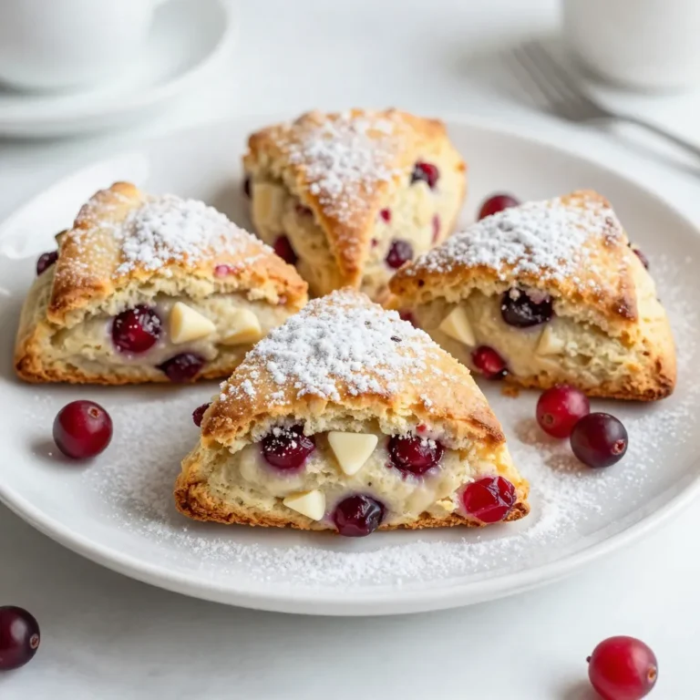 To make these delightful cranberry white chocolate scones, you will need: - 2 cups all-purpose flour - 1/3 cup granulated sugar - 1 tablespoon baking powder - 1/2 teaspoon salt - 1/2 cup cold unsalted butter, cubed - 2/3 cup heavy cream - 1 large egg - 1 cup fresh or dried cranberries (if dried, chop coarsely) - 1/2 cup white chocolate chips - 1 teaspoon vanilla extract - 1 egg wash (1 egg beaten with 1 tablespoon water) for brushing - Optional: coarse sugar for topping You can swap some ingredients for a healthier or different taste. Here are some ideas: - Use whole wheat flour instead of all-purpose flour for added fiber. - Swap granulated sugar for coconut sugar for a lower glycemic index. - Replace heavy cream with Greek yogurt for a lighter option. - Use butter alternative, like coconut oil, for a dairy-free version. - Try using dark chocolate chips instead of white chocolate for a richer flavor. To prepare these scones, gather these tools: - A large mixing bowl for combining dry ingredients - A pastry cutter or your fingers for mixing butter into flour - A separate bowl for whisking wet ingredients - A spatula for gentle mixing - A floured surface for kneading the dough - A baking sheet lined with parchment paper - A wire rack for cooling the scones - A sharp knife for cutting the dough into wedges {{ingredient_image_1}} First, set your oven to 400°F (200°C). This is the perfect temperature for the scones. Next, line a baking sheet with parchment paper. This keeps the scones from sticking. It also makes cleanup easy. In a large bowl, add 2 cups of all-purpose flour. Then, mix in 1/3 cup of granulated sugar. Next, add 1 tablespoon of baking powder and 1/2 teaspoon of salt. Use a whisk to blend these dry ingredients well. This step is crucial for even flavor. In a separate bowl, whisk together 2/3 cup of heavy cream, 1 large egg, and 1 teaspoon of vanilla extract. Make sure everything is mixed well. This mixture adds moisture and flavor to the scones. Now, pour the wet ingredients into the dry mixture. Use a spatula to mix until just combined. Be gentle to avoid tough scones. Next, fold in 1 cup of fresh or dried cranberries and 1/2 cup of white chocolate chips. Turn the dough onto a floured surface. Knead it gently 5 to 6 times. Shape it into a circle, about 1 inch thick. Cut the dough into 8 wedges. Place them on your prepared baking sheet. Brush the tops of the scones with an egg wash made from 1 beaten egg and 1 tablespoon of water. You can sprinkle coarse sugar on top for extra crunch. Bake the scones for 15 to 18 minutes, until they turn golden brown. Once baked, let them cool slightly on a wire rack. Enjoy the sweet aroma filling your kitchen! To get that perfect scone texture, you need to keep your ingredients cold. Use cold butter and cream. This helps create flaky layers. When mixing, don’t overwork the dough. Mix until it's just combined. This keeps the scones light and airy. Finally, shape the dough gently. Avoid pressing it too hard when forming the circle. One common mistake is overmixing the dough. This can make the scones tough. Another mistake is using warm ingredients. Warm butter or cream can ruin the texture. Also, cutting the scones too small can lead to uneven baking. Make sure to cut them into even wedges. Lastly, don’t skip the egg wash. It gives a beautiful golden color. You can boost flavor by adding zest. Lemon or orange zest pairs well with cranberries. You might also try different spices, like cinnamon or nutmeg. If you love nuts, chopped walnuts or pecans work nicely. For a richer taste, you can use dark chocolate instead of white. These small changes can make your scones unique and exciting. Pro Tips Use Cold Ingredients: Ensure your butter and cream are cold to help create flakier scones. This will enhance the texture and overall taste. Don’t Overmix: Mix the dough just until combined. Overmixing can lead to tough scones. Handle the dough gently to keep them light and tender. Customize Your Add-ins: Feel free to swap cranberries with other fruits like blueberries or cherries, and adjust the amount of white chocolate to your liking for a personalized flavor. Storing Leftovers: To keep scones fresh, store them in an airtight container at room temperature for up to 2 days or freeze for longer storage. {{image_2}} You can swap cranberries for many other fruits. Try blueberries for a sweet twist. Raspberries add a nice tart flavor. You can also use chopped apples, peaches, or cherries. Dried fruits work well too. Dried apricots or figs can add unique taste. Just remember to adjust the sugar if using sweeter fruits. While white chocolate is a great choice, you can use dark chocolate or milk chocolate. Each type changes the flavor profile. If you want a fun spin, try using toffee bits. They add a lovely crunch and rich taste. You can even mix different chocolates for a layered flavor. A simple glaze can elevate your scones. Mix powdered sugar with milk or cream. Drizzle it over warm scones for a sweet finish. You can also sprinkle more coarse sugar on top before baking. It creates a nice crunch. For a fruity touch, try a lemon glaze. Mix lemon juice with powdered sugar for a zesty kick. To keep your leftover scones fresh, store them in an airtight container. This helps prevent them from drying out. Place a paper towel in the container to absorb moisture. If you have extra scones, they can last up to two days at room temperature. If you want to save some scones for later, freezing is a great option. First, let the scones cool completely. Then, wrap each scone in plastic wrap. Put the wrapped scones in a freezer-safe bag or container. They can last for up to three months in the freezer. To reheat your scones, first thaw them in the fridge overnight if frozen. Preheat your oven to 350°F (175°C). Place the scones on a baking sheet and heat for about 10-15 minutes. This will make them warm and fresh again. You can also use a microwave for quicker reheating, but the oven keeps them crispier. Enjoy your scones with a cup of tea or coffee! Yes, you can prepare the dough ahead of time. Make the dough and shape it into wedges. Wrap the dough tightly in plastic wrap and store it in the fridge for up to 24 hours. When you're ready, bake them fresh. This step keeps the scones soft and delicious. Serve these scones warm for the best taste. You can place them on a nice platter. For a special touch, add clotted cream or your favorite jam. Fresh cranberries on top also make a lovely garnish. Enjoy them with a hot cup of tea or coffee. These scones are best eaten within two days. Keep them in an airtight container at room temperature. If you want to keep them longer, store them in the fridge for up to a week. Just remember, they may lose some of their softness over time. Yes, you can make some swaps for a healthier scone. Use whole wheat flour instead of all-purpose flour. You can also replace white sugar with coconut sugar or honey. For a lighter option, try using Greek yogurt instead of heavy cream. These changes can help cut calories while keeping taste. In this post, we explored how to make delicious scones, covering key ingredients, step-by-step instructions, and helpful tips. We also discussed fun variations and how to store your scones properly. Remember, the perfect scone texture comes from careful mixing and baking. Don't hesitate to try different flavors or serve them fresh. With these tips, you can enjoy great scones every time you bake! Happy baking!