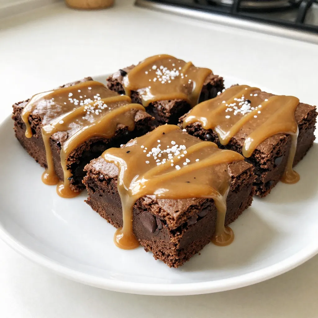 To make these salted caramel mocha brownies, gather these key ingredients: - 1 cup unsalted butter - 1 1/4 cups granulated sugar - 1 cup packed brown sugar - 4 large eggs - 1 teaspoon vanilla extract - 3/4 cup all-purpose flour - 1 cup cocoa powder - 1 teaspoon baking powder - 1/2 teaspoon salt - 1 tablespoon instant coffee granules - 1/2 cup semisweet chocolate chips - 1/2 cup salted caramel sauce - Sea salt flakes for garnish These ingredients create a rich and flavorful brownie. The unsalted butter gives a creamy base. The mix of granulated and brown sugar adds sweetness and depth. Eggs provide moisture and structure. Vanilla extract enhances the overall flavor profile. The dry ingredients play a crucial role too. All-purpose flour gives the brownies a sturdy texture. Cocoa powder adds that essential chocolate flavor. Baking powder makes them rise and stay fluffy. Salt balances the sweetness, while instant coffee granules deepen the mocha taste. Adding semisweet chocolate chips gives a delightful melt-in-your-mouth experience. The salted caramel sauce takes these brownies to the next level. Finally, a sprinkle of sea salt flakes offers a finishing touch, making every bite irresistible. {{ingredient_image_1}} First, grab a 9x13 inch baking pan. You can grease it well or line it with parchment paper. This makes it easy to lift the brownies out later. Preheat your oven to 350°F (175°C). This step is key to baking them evenly. Next, melt 1 cup of unsalted butter in a medium saucepan over low heat. Once melted, take it off the heat. Stir in 1 1/4 cups of granulated sugar and 1 cup of packed brown sugar until they blend well. Add 4 large eggs, one at a time, mixing well after each. Finally, stir in 1 teaspoon of vanilla extract. This mixture will give your brownies a rich flavor. In a separate bowl, whisk together 3/4 cup of all-purpose flour, 1 cup of cocoa powder, 1 teaspoon of baking powder, 1/2 teaspoon of salt, and 1 tablespoon of instant coffee granules. Mixing these dry ingredients well is crucial. It helps to evenly distribute the flavors throughout the brownies. Now, slowly add the dry mix to the wet mix. Stir until just combined; don’t overmix. Next, fold in 1/2 cup of semisweet chocolate chips. Pour half of this brownie batter into your prepared pan. Spread it evenly. Drizzle half of the 1/2 cup of salted caramel sauce over this layer. Pour the remaining brownie batter on top and swirl it gently with a knife. This creates a lovely marbled effect. Drizzle the rest of the caramel sauce on top and sprinkle sea salt flakes for a nice finish. Bake your brownies for 25-30 minutes. Check doneness with a toothpick. It should come out with a few moist crumbs, not wet batter. Once baked, let the brownies cool in the pan for at least 15 minutes. This cooling time makes cutting easier and helps the flavors settle. Enjoy the sweet aroma wafting through your kitchen! To make the best brownies, you need the right texture. Start by melting the butter gently. This keeps the brownies moist and soft. Mix the sugars well with the melted butter. This step is key for a smooth batter. When adding eggs, mix each one in fully before adding the next. This helps create a rich, fudgy texture. Use cocoa powder for a deep chocolate flavor. If you want more chew, let the brownies cool longer before cutting. Swirling caramel into brownies makes them look fancy and taste divine. Start by pouring half of the brownie batter into the pan. Then, drizzle half of the salted caramel sauce on top. Use a knife to gently swirl it in. Move the knife in a figure-eight motion for a beautiful pattern. After that, add the rest of the batter on top. Repeat the drizzling and swirling with the remaining caramel. This technique creates a stunning marbled effect. How you serve these brownies can make a big difference. Place them on a rustic wooden platter for a nice touch. Drizzle more salted caramel sauce on top before serving. A light sprinkle of sea salt adds a nice contrast. If you want, you can add a scoop of ice cream next to each brownie. This makes a great dessert for family or friends. Enjoying them warm is a must for that gooey goodness. Pro Tips Use Room Temperature Ingredients: For a smoother batter, ensure your eggs and butter are at room temperature before mixing. Don’t Overmix: Mix the batter until just combined to keep the brownies fudgy and avoid a cake-like texture. Chill for Better Cutting: Allow the brownies to cool completely before cutting; chilling them in the fridge for an hour makes slicing easier. Customize Your Toppings: Experiment with different toppings like nuts, drizzled chocolate, or whipped cream for added texture and flavor. {{image_2}} You can make your salted caramel mocha brownies even better by adding nuts. Walnuts or pecans add a nice crunch. Chop them up and mix them in with the chocolate chips. You can also sprinkle some on top before baking. For a sweet twist, try adding mini marshmallows or crushed candy bars. These toppings can make each bite a fun surprise. If you want to make gluten-free brownies, it’s easy! Just swap the all-purpose flour for a gluten-free blend. Many brands work well in brownie recipes. This change keeps the taste and texture nice. Just follow the same steps as the original recipe, and you’ll have tasty gluten-free brownies. For a vegan version, you can replace the eggs with flax eggs. To make a flax egg, mix one tablespoon of ground flaxseed with three tablespoons of water. Let it sit for five minutes until it thickens. Use dairy-free butter and chocolate chips to keep it vegan. The rest of the recipe stays the same. You will still enjoy the rich flavor of the brownies! To keep your salted caramel mocha brownies fresh, store them in an airtight container. Place a piece of parchment paper between layers to prevent sticking. Keep them at room temperature for up to four days. If you want to enjoy them longer, refrigeration is a good option. Just remember, cold brownies can be a bit firmer. Freezing brownies is easy and a great way to save leftovers. First, let the brownies cool completely. Cut them into individual squares for easy serving. Wrap each square tightly in plastic wrap. Then, place the wrapped brownies in a freezer-safe bag or container. They can last up to three months in the freezer. When you’re ready to enjoy, just thaw them in the fridge overnight. If you want to enjoy warm brownies, reheating is simple. Preheat your oven to 350°F (175°C). Place the brownies on a baking sheet. Heat them for about 10 minutes, or until warm. For a quick fix, you can also use the microwave. Heat each square for about 15-20 seconds. Just don’t overdo it, or they might dry out. Enjoy your gooey treat! You can use applesauce for eggs. Use 1/4 cup per egg. Another option is mashed banana. Use 1/4 cup per egg. Silken tofu is also a good choice. Replace each egg with 1/4 cup of blended tofu. These substitutes work well in brownies, keeping them moist. Yes, you can use any chocolate you like. Dark chocolate adds a rich flavor. Milk chocolate gives a sweeter taste. You can even mix chocolates for a fun twist. Just make sure to keep the same amount. This way, the texture stays perfect. To make salted caramel, start with sugar in a pan. Heat it on medium until melted. Stir gently until it turns amber. Add butter and cream slowly. Mix until smooth. Then, add a pinch of sea salt. Let it cool before using in your brownies. Check the brownies around 25 minutes. Insert a toothpick in the center. If it comes out with a few moist crumbs, they are ready. If it comes out clean, they may be overbaked. Let them cool for 15 minutes before cutting. Yes, you can make brownies ahead of time. After baking, let them cool completely. Store them in an airtight container. They last up to a week. You can also freeze them for up to three months. Just thaw before serving. This blog post covered all you need for perfect brownies. We explored each ingredient, from unsalted butter to salted caramel sauce. I shared clear steps on baking, mixing, and cooling. Plus, I added tips for perfecting the texture and serving. You can also try different variations, like gluten-free or vegan brownies. Overall, follow these steps, and you'll impress everyone with your baking. Enjoy your tasty treats and share them with friends!