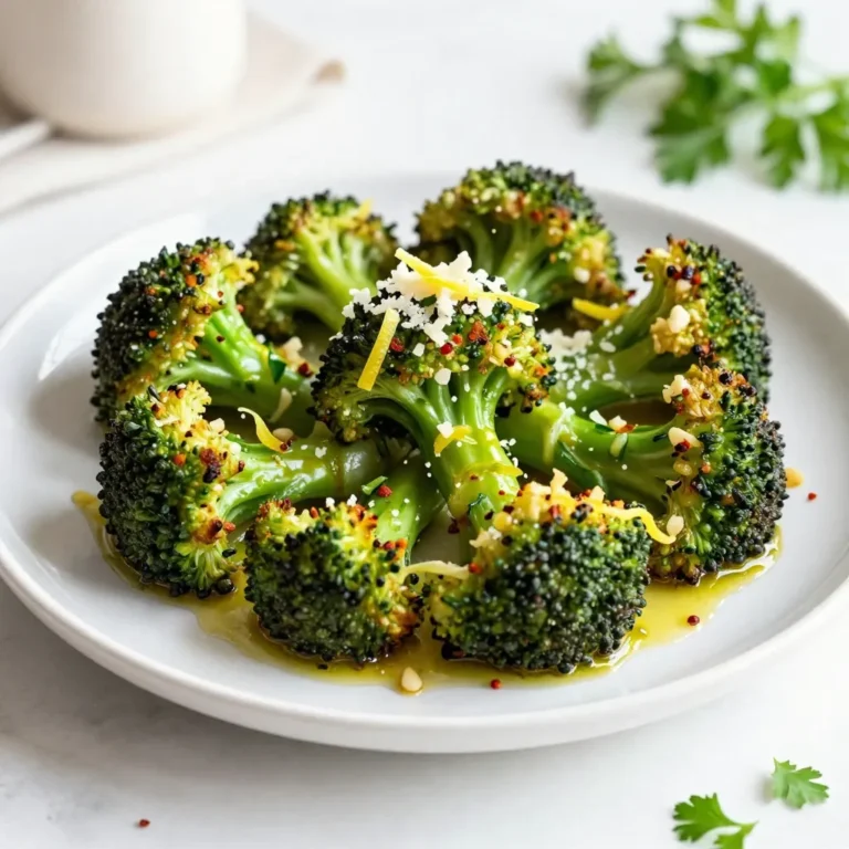 You need 1 pound of fresh broccoli florets. Look for vibrant green color. The florets should be firm and compact. Avoid any yellowing or limp pieces. Fresh broccoli gives the best taste and texture. Use 4 cloves of garlic, minced finely. Garlic adds a rich, savory flavor. You'll also need 1 teaspoon of red pepper flakes for some heat. Adjust the amount to match your spice level. Finally, add salt and pepper to taste. These simple seasonings enhance the broccoli’s natural flavor. For this dish, use 2 tablespoons of olive oil. It helps the broccoli roast evenly and adds richness. You’ll also need 1 lemon. Zest and juice it to bring brightness to the dish. The lemon elevates the flavors and makes the broccoli shine. {{ingredient_image_1}} First, preheat your oven to 425°F (220°C). This high heat helps the broccoli get crispy. Next, gather all your ingredients. You’ll need 1 pound of fresh broccoli florets, 4 cloves of minced garlic, and 2 tablespoons of olive oil. Don’t forget the zest and juice of 1 lemon, 1 teaspoon of red pepper flakes, and salt and pepper to taste. If you like, grab 2 tablespoons of grated Parmesan cheese for a rich touch. Finally, get 1 tablespoon of chopped fresh parsley for garnish. Take a large bowl and add the broccoli florets, minced garlic, and red pepper flakes. These flavors blend well. In a separate small bowl, whisk together the olive oil, lemon juice, and lemon zest. This mixture adds brightness to the dish. Now pour this lemon-olive oil blend over the broccoli. Season with salt and pepper. Toss everything together. Make sure the broccoli is well coated in the mixture. Spread the broccoli mixture evenly on a baking sheet lined with parchment paper. This helps with cleanup and keeps the broccoli from sticking. Roast the broccoli in your preheated oven for 20-25 minutes. Toss it halfway through to get even cooking. You want the broccoli to be tender and slightly crispy at the edges. If you choose to add cheese, sprinkle the grated Parmesan on top during the last 5 minutes of roasting. Once done, take it out and transfer it to a serving dish. Garnish with chopped fresh parsley for color and flavor. Serve this dish hot for the best taste. To get the best roasted broccoli, start with dry florets. Moisture makes them steam, not roast. Spread the broccoli in a single layer on your baking sheet. This helps them cook evenly. Toss them halfway through cooking for a nice crisp. Roast at 425°F for 20 to 25 minutes. Look for tender stems and crispy edges. Adding Parmesan cheese is a great way to boost flavor. Sprinkle it on the broccoli during the last five minutes of roasting. This gives it a nice, cheesy touch. If you want a stronger cheese flavor, use more Parmesan. You can also try different cheeses like feta or goat cheese for variation. If you like spice, add more red pepper flakes. For a milder taste, use less. You can also swap the red pepper for other spices. Try garlic powder or paprika for a different kick. Always taste the broccoli before serving. Adjust the seasoning as needed to match your taste. Pro Tips Choose Fresh Broccoli: Always select vibrant green broccoli with tightly closed florets for the best flavor and texture. Adjust the Heat: Feel free to modify the amount of red pepper flakes to suit your heat preference, or substitute with a milder spice if desired. For Extra Crispiness: Make sure to spread the broccoli evenly on the baking sheet to ensure even roasting and maximum crispiness. Experiment with Cheese: Try different types of cheese like feta or goat cheese for a unique twist on the flavor profile. {{image_2}} You can mix other veggies with broccoli for variety. Carrots, bell peppers, or cauliflower work well. Just cut them to a similar size. This will help them cook evenly. Toss the added vegetables with the same lemon-garlic mix. Keep the roasting time the same or check for doneness. Colorful veggies make your dish even more appealing. If you want a vegan version, skip the cheese. You can add nutritional yeast instead. It gives a cheesy flavor without dairy. You can also use coconut oil for roasting. It adds a nice twist. This keeps the dish creamy and rich while remaining plant-based. To turn this side dish into a meal, add protein. Grilled chicken or tofu makes a great choice. Serve it over rice or quinoa for extra filling power. This adds healthy carbs and makes your meal more balanced. You can also serve it with a side of grains or a salad. This way, you create a lovely, wholesome plate. Enjoy your lemon garlic roasted broccoli in new ways! After enjoying your lemon garlic roasted broccoli, store leftovers in an airtight container. Make sure to cool the broccoli to room temperature first. Place it in the fridge, and it will stay fresh for up to three days. If you want to keep it longer, consider freezing. To reheat your leftovers, use the oven for the best taste. Preheat your oven to 350°F (175°C). Spread the broccoli on a baking sheet. Heat it for about 10-15 minutes, or until warm. This method keeps the broccoli crispy. You can also use the microwave, but it might make the broccoli soft. Freezing is a great option for longer storage. First, blanch the broccoli in boiling water for two minutes. Then, plunge it into ice water to stop cooking. Drain well and pack it into freezer bags. Remove as much air as possible. Label the bags and freeze. Use within six months for the best flavor. Roast broccoli at 425°F for 20-25 minutes. This gives the broccoli a nice crisp. Toss it halfway to ensure even cooking. You want it tender and slightly crispy at the edges. Keep an eye on it during the last few minutes. The time can vary based on your oven and broccoli size. Yes, you can use frozen broccoli. Just make sure to thaw it first. Pat it dry to remove excess moisture. This helps the broccoli roast better. Frozen broccoli may not get as crispy as fresh. However, it will still taste great with lemon and garlic. Lemon garlic roasted broccoli pairs well with many dishes. Try it with grilled chicken or fish. It also complements pasta and quinoa nicely. You can serve it with rice for a simple meal. Add it to a salad for extra flavor and crunch. Roasting broccoli brings out its best flavors. We covered key ingredients like fresh broccoli, garlic, and olive oil. I shared steps to prepare, mix, and roast. Tips for perfect texture and ways to enhance flavor add value. You can even try different veggies or vegan swaps. Store leftovers properly to enjoy them later. Remember, roasting veggies is easy and fun. With these ideas, you can create tasty meals for any season. Enjoy your cooking!