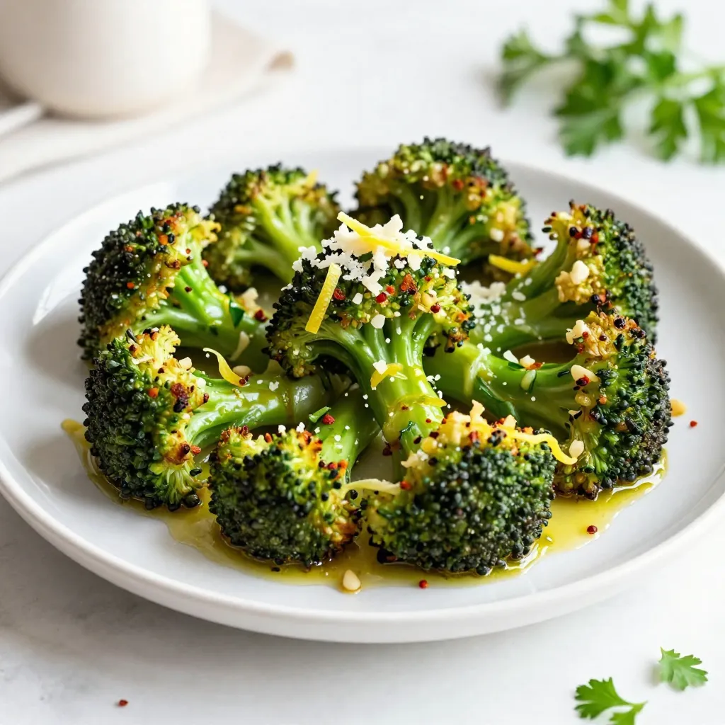 You need 1 pound of fresh broccoli florets. Look for vibrant green color. The florets should be firm and compact. Avoid any yellowing or limp pieces. Fresh broccoli gives the best taste and texture. Use 4 cloves of garlic, minced finely. Garlic adds a rich, savory flavor. You'll also need 1 teaspoon of red pepper flakes for some heat. Adjust the amount to match your spice level. Finally, add salt and pepper to taste. These simple seasonings enhance the broccoli’s natural flavor. For this dish, use 2 tablespoons of olive oil. It helps the broccoli roast evenly and adds richness. You’ll also need 1 lemon. Zest and juice it to bring brightness to the dish. The lemon elevates the flavors and makes the broccoli shine. {{ingredient_image_1}} First, preheat your oven to 425°F (220°C). This high heat helps the broccoli get crispy. Next, gather all your ingredients. You’ll need 1 pound of fresh broccoli florets, 4 cloves of minced garlic, and 2 tablespoons of olive oil. Don’t forget the zest and juice of 1 lemon, 1 teaspoon of red pepper flakes, and salt and pepper to taste. If you like, grab 2 tablespoons of grated Parmesan cheese for a rich touch. Finally, get 1 tablespoon of chopped fresh parsley for garnish. Take a large bowl and add the broccoli florets, minced garlic, and red pepper flakes. These flavors blend well. In a separate small bowl, whisk together the olive oil, lemon juice, and lemon zest. This mixture adds brightness to the dish. Now pour this lemon-olive oil blend over the broccoli. Season with salt and pepper. Toss everything together. Make sure the broccoli is well coated in the mixture. Spread the broccoli mixture evenly on a baking sheet lined with parchment paper. This helps with cleanup and keeps the broccoli from sticking. Roast the broccoli in your preheated oven for 20-25 minutes. Toss it halfway through to get even cooking. You want the broccoli to be tender and slightly crispy at the edges. If you choose to add cheese, sprinkle the grated Parmesan on top during the last 5 minutes of roasting. Once done, take it out and transfer it to a serving dish. Garnish with chopped fresh parsley for color and flavor. Serve this dish hot for the best taste. To get the best roasted broccoli, start with dry florets. Moisture makes them steam, not roast. Spread the broccoli in a single layer on your baking sheet. This helps them cook evenly. Toss them halfway through cooking for a nice crisp. Roast at 425°F for 20 to 25 minutes. Look for tender stems and crispy edges. Adding Parmesan cheese is a great way to boost flavor. Sprinkle it on the broccoli during the last five minutes of roasting. This gives it a nice, cheesy touch. If you want a stronger cheese flavor, use more Parmesan. You can also try different cheeses like feta or goat cheese for variation. If you like spice, add more red pepper flakes. For a milder taste, use less. You can also swap the red pepper for other spices. Try garlic powder or paprika for a different kick. Always taste the broccoli before serving. Adjust the seasoning as needed to match your taste. Pro Tips Choose Fresh Broccoli: Always select vibrant green broccoli with tightly closed florets for the best flavor and texture. Adjust the Heat: Feel free to modify the amount of red pepper flakes to suit your heat preference, or substitute with a milder spice if desired. For Extra Crispiness: Make sure to spread the broccoli evenly on the baking sheet to ensure even roasting and maximum crispiness. Experiment with Cheese: Try different types of cheese like feta or goat cheese for a unique twist on the flavor profile. {{image_2}} You can mix other veggies with broccoli for variety. Carrots, bell peppers, or cauliflower work well. Just cut them to a similar size. This will help them cook evenly. Toss the added vegetables with the same lemon-garlic mix. Keep the roasting time the same or check for doneness. Colorful veggies make your dish even more appealing. If you want a vegan version, skip the cheese. You can add nutritional yeast instead. It gives a cheesy flavor without dairy. You can also use coconut oil for roasting. It adds a nice twist. This keeps the dish creamy and rich while remaining plant-based. To turn this side dish into a meal, add protein. Grilled chicken or tofu makes a great choice. Serve it over rice or quinoa for extra filling power. This adds healthy carbs and makes your meal more balanced. You can also serve it with a side of grains or a salad. This way, you create a lovely, wholesome plate. Enjoy your lemon garlic roasted broccoli in new ways! After enjoying your lemon garlic roasted broccoli, store leftovers in an airtight container. Make sure to cool the broccoli to room temperature first. Place it in the fridge, and it will stay fresh for up to three days. If you want to keep it longer, consider freezing. To reheat your leftovers, use the oven for the best taste. Preheat your oven to 350°F (175°C). Spread the broccoli on a baking sheet. Heat it for about 10-15 minutes, or until warm. This method keeps the broccoli crispy. You can also use the microwave, but it might make the broccoli soft. Freezing is a great option for longer storage. First, blanch the broccoli in boiling water for two minutes. Then, plunge it into ice water to stop cooking. Drain well and pack it into freezer bags. Remove as much air as possible. Label the bags and freeze. Use within six months for the best flavor. Roast broccoli at 425°F for 20-25 minutes. This gives the broccoli a nice crisp. Toss it halfway to ensure even cooking. You want it tender and slightly crispy at the edges. Keep an eye on it during the last few minutes. The time can vary based on your oven and broccoli size. Yes, you can use frozen broccoli. Just make sure to thaw it first. Pat it dry to remove excess moisture. This helps the broccoli roast better. Frozen broccoli may not get as crispy as fresh. However, it will still taste great with lemon and garlic. Lemon garlic roasted broccoli pairs well with many dishes. Try it with grilled chicken or fish. It also complements pasta and quinoa nicely. You can serve it with rice for a simple meal. Add it to a salad for extra flavor and crunch. Roasting broccoli brings out its best flavors. We covered key ingredients like fresh broccoli, garlic, and olive oil. I shared steps to prepare, mix, and roast. Tips for perfect texture and ways to enhance flavor add value. You can even try different veggies or vegan swaps. Store leftovers properly to enjoy them later. Remember, roasting veggies is easy and fun. With these ideas, you can create tasty meals for any season. Enjoy your cooking!