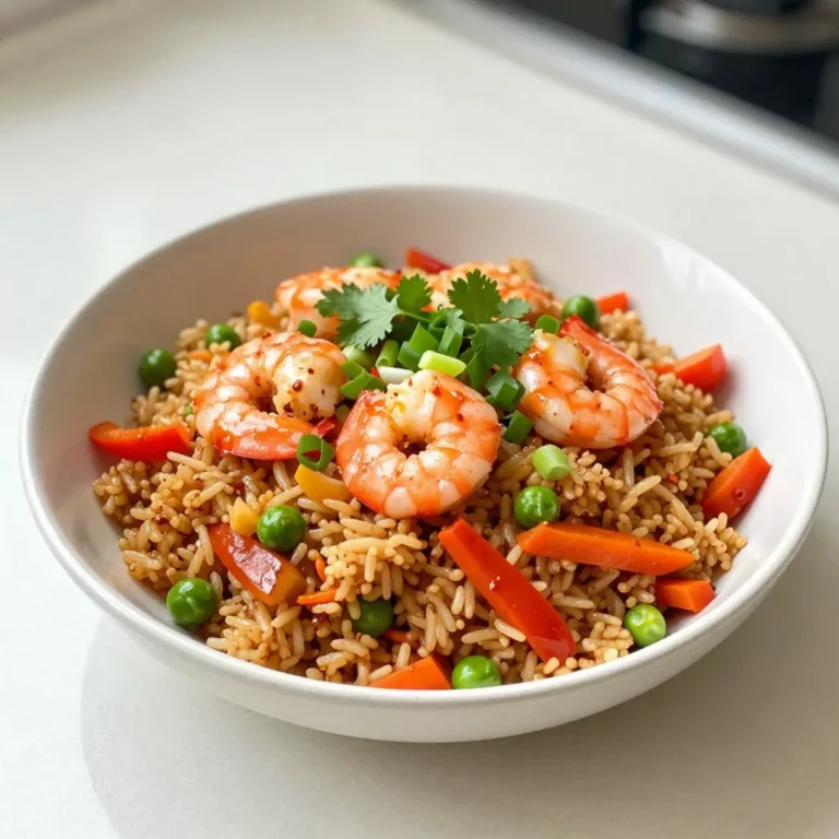 - 1 cup jasmine rice, cooked and cooled - 1 pound large shrimp, peeled and deveined - 2 tablespoons vegetable oil - 3 cloves garlic, minced - 1 small onion, finely chopped - 1 cup mixed bell peppers, diced (red, yellow, and green) - 1 cup frozen peas and carrots mix - 3 tablespoons soy sauce (low sodium preferred) - 2 tablespoons sriracha (adjust based on heat preference) - 2 green onions, chopped - Salt and black pepper to taste - Fresh cilantro, for garnish (optional) To make spicy shrimp fried rice, gather these fresh and tasty ingredients. The jasmine rice gives the dish a nice texture. Use large shrimp for a hearty bite. Vegetable oil helps fry the rice, making it crispy and delicious. Next, gather your aromatics. Garlic and onion add a strong flavor base. The mix of bell peppers adds sweetness and color. Frozen peas and carrots bring in some nutrients and help the dish pop with color. For seasoning, soy sauce gives that umami taste we love. Sriracha adds heat, so adjust it depending on your spice level. Don’t forget salt, pepper, and green onions for extra flavor. Fresh cilantro can be a great touch if you enjoy its taste. With these ingredients, you’ll create a vibrant and tasty meal in under 30 minutes. {{ingredient_image_1}} To start, you need jasmine rice. Cook it according to the package instructions. Once it’s done, spread the rice on a baking sheet. This helps it cool. Let it cool completely. Cooling prevents sticking when you fry it later. Next, grab a large skillet. Heat 1 tablespoon of vegetable oil over medium-high heat. Add 3 cloves of minced garlic and 1 small chopped onion. Cook until fragrant, about 2 to 3 minutes. The onion should turn translucent. Now, raise the heat to high. Add 1 pound of large shrimp. Season with salt and black pepper. Cook for 2 to 3 minutes until the shrimp turn pink and opaque. When ready, remove the shrimp from the skillet. Set them aside. In the same skillet, add the last tablespoon of oil. Toss in 1 cup of diced mixed bell peppers and 1 cup of frozen peas and carrots. Stir-fry for about 3 minutes. You want the veggies to be tender but still crisp. Next, push the vegetables to one side. Pour 2 lightly beaten eggs into the other side. Scramble the eggs until they are fully cooked. Mix everything together in the skillet. Now, it’s time to combine it all. Add the cooled rice to the skillet. Then, add the cooked shrimp, 3 tablespoons of soy sauce, and 2 tablespoons of sriracha. Stir-fry everything together for another 3 to 4 minutes. This warms up the rice and mixes all the flavors. Finally, stir in 2 chopped green onions. Taste and adjust the seasoning if needed. If you want more heat, add extra sriracha. Your spicy shrimp fried rice is now ready to serve! To turn up the heat, adjust the sriracha amount. You can add more if you love spice. If you want even more kick, try adding chili flakes or fresh peppers. Slice up some jalapeños for a bold touch. The heat level is all about your taste! To keep your fried rice from sticking, cool the rice before frying. Spread it on a baking sheet to let it chill. This step makes a big difference. Also, use a non-stick skillet or wok. It helps the rice slide around easily while cooking. Make sure your shrimp are cooked through. They should turn pink and opaque, which takes about 2-3 minutes. Don’t overcook them, or they can become tough. For the veggies, aim for tender-crisp. Stir-fry them for about 3 minutes. This keeps their bright color and crunch! Pro Tips Use Day-Old Rice: For the best fried rice, use rice that has been cooked and cooled the day before. This helps to firm up the grains, preventing them from becoming mushy during stir-frying. Customize Your Veggies: Feel free to swap in your favorite vegetables! Broccoli, snap peas, or corn can all make delicious additions to this dish. Adjust the Heat: If you prefer a milder flavor, start with less sriracha and adjust to taste. You can always add more heat at the end! Fresh Herbs for Flavor: Adding fresh cilantro or basil as a garnish not only enhances the presentation but also adds a burst of fresh flavor to your fried rice. {{image_2}} You can change up the protein in your spicy shrimp fried rice. Chicken is a great swap. Use cooked, diced chicken breast instead of shrimp. It adds a nice flavor. You can also use tofu. Press and cube it, then stir-fry until golden. This option is great for a meat-free meal. If you want more seafood, try adding scallops or crab. Both will give you a unique taste. Just cook them the same way as shrimp. This way, you add variety while keeping the dish tasty. Feel free to mix in different vegetables. Broccoli, snap peas, or carrots add color and crunch. You can use any mix of veggies you like. Fresh vegetables make the dish healthy and bright. Consider seasonal options too. In summer, try zucchini or corn. In fall, add squash or kale. Fresh veggies not only taste better but also enhance the meal's nutrition. Making this dish gluten-free is simple. Use tamari instead of soy sauce. It gives the same rich flavor without the gluten. For a vegan twist, skip the shrimp and eggs. Use more tofu or a plant-based protein. You can also add extra veggies to boost flavor. This way, everyone can enjoy a delicious meal. To store your spicy shrimp fried rice, let it cool first. Spread it out on a baking sheet. This helps cool it fast. Once cool, place it in an airtight container. Make sure to seal it well. This keeps the dish fresh. Fried rice stays good in the fridge for up to four days. If you want to keep it longer, freeze the rice. First, cool it, just like before. Then, put it in freezer-safe bags or containers. Remove as much air as you can. This helps avoid freezer burn. When you want to eat it, thaw it overnight in the fridge. Reheat it in a pan or microwave. Add a bit of water or oil to keep it moist. This will help keep the flavor and texture. Refrigerated spicy shrimp fried rice lasts about four days. After that, check for signs of spoilage. Look for any off smells or change in color. If it smells sour or looks weird, throw it away. Always prioritize your health and safety when storing food. Yes, you can use leftover rice. Day-old rice works best for fried rice. It dries out a bit in the fridge, making it less sticky. Here are some best practices for using it: - Use rice that has been cooled and stored in the fridge. - Break up any clumps before cooking. - If rice is too dry, add a splash of water when frying. To make this dish vegetarian, replace shrimp with tofu or tempeh. Here are some tips: - Use firm tofu, cubed, and sauté until golden. - If you want seafood flavor, try seaweed or vegan shrimp. - Replace eggs with scrambled chickpea flour for a vegan option. You can serve this dish with several sides and drinks: - Pair it with a light soup, like miso or hot and sour. - Serve with a fresh cucumber salad for crunch. - A cold beer or iced tea makes a great drink choice. To reduce the heat, adjust the sauce and seasonings. Here’s how: - Use less sriracha in the recipe. - Substitute sriracha with sweet chili sauce for a milder flavor. - Add a splash of soy sauce for umami without the heat. Absolutely! Adding more veggies boosts nutrition and flavor. Here are some great options: - Try adding carrots, broccoli, or snap peas. - Spinach or kale can be added for extra greens. - Just chop and stir-fry them along with bell peppers. This article covered how to make spicy shrimp fried rice. We explored the main ingredients like shrimp, rice, and key vegetables. I shared step-by-step instructions to ensure you cook it perfectly. Helpful tips on spice levels, cooking times, and storage options were included. Try different proteins and veggies to make it your own. You now have everything you need for a delicious dish. Get cooking and enjoy your spicy shrimp fried rice!