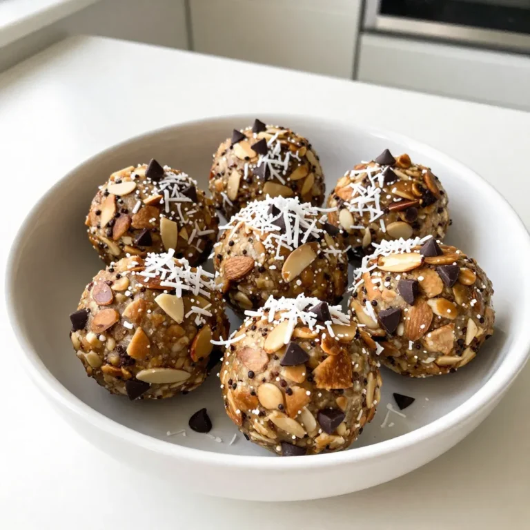 To make Almond Joy Energy Balls, you need a few simple ingredients. Each one adds flavor and nutrition. Here’s what you’ll need: - 1 cup almond flour - 1 cup rolled oats - 1/2 cup unsweetened shredded coconut - 1/2 cup dark chocolate chips or cacao nibs - 1/2 cup almond butter - 1/4 cup honey or maple syrup - 1 teaspoon vanilla extract - 1/2 teaspoon salt - 1/4 cup chopped almonds (for added crunch) These ingredients create a tasty and energizing snack. Almond flour gives a nutty flavor and smooth texture. Rolled oats provide fiber and help keep you full. Shredded coconut adds sweetness and a fun chew. Dark chocolate chips or cacao nibs bring a rich, chocolatey taste. Almond butter gives creaminess and healthy fats. Honey or maple syrup sweetens the mix naturally. Vanilla extract enhances all the flavors. A pinch of salt balances the sweetness. Lastly, chopped almonds add a crunchy surprise in every bite. Gather these ingredients, and you’re ready to make a delicious treat! {{ingredient_image_1}} 1. Mixing dry ingredients: Start by taking a large mixing bowl. Add 1 cup of almond flour, 1 cup of rolled oats, 1/2 cup of unsweetened shredded coconut, and 1/2 teaspoon of salt. Stir the dry ingredients together well. This step is key for good flavor. 2. Incorporating wet ingredients: Now, add 1/2 cup of almond butter, 1/4 cup of honey or maple syrup, and 1 teaspoon of vanilla extract to your dry mix. Use a spatula or spoon to combine everything. You want a sticky dough, so if it feels dry, add a little water or more almond butter. 3. Forming the energy balls: Once your mixture is ready, fold in 1/2 cup of dark chocolate chips or cacao nibs and 1/4 cup of chopped almonds. Make sure they spread evenly. Then, take small portions and roll them into balls about 1 inch wide. This is where the fun begins! 4. Refrigeration process: Place the energy balls onto a baking sheet lined with parchment paper. Once you’ve rolled them all out, put the sheet in the fridge for at least 30 minutes. This will help them firm up and stay together. After this, you can store them in an airtight container in the fridge for up to a week. Enjoy your tasty and energizing snack! How to achieve the right texture To get the right texture, mix the almond flour and oats well. When adding almond butter, make sure it’s smooth. If the mix feels too dry, add a splash of water. This helps bind the energy balls together. You want a sticky dough that holds its shape. Modifying sweetness preferences You can adjust the sweetness by changing the honey or maple syrup. If you like it less sweet, use less syrup. For a sweeter taste, add a bit more. You can also swap dark chocolate chips for semi-sweet ones. This gives you options based on how sweet you want your snack. Tips for rolling the balls easily Rolling these energy balls can be tricky. To make it easier, wet your hands with water. This helps the mix not stick to your fingers. Scoop about one tablespoon of the mix and roll it into a ball. Keep your hands slightly damp as you work. This keeps the process smooth and fun! Pro Tips Use Fresh Ingredients: Ensure your almond butter and chocolate chips are fresh for the best flavor and texture in your energy balls. Customize Your Sweetness: Adjust the amount of honey or maple syrup based on your personal preference or dietary needs. Experiment with Mix-Ins: Feel free to add different nuts, seeds, or dried fruits to the mixture for added variety and nutrition. Perfect Storage: Store the energy balls in an airtight container in the fridge to keep them fresh and firm for longer. {{image_2}} You can have fun with Almond Joy Energy Balls. Here are some easy changes you can make: - Different nut butters: Almond butter gives a great taste. You can swap it for peanut butter or cashew butter. Each nut butter adds a unique flavor. - Additional add-ins: Want more crunch or flavor? Add seeds like chia or flaxseed. You can also include dried fruits like raisins or cranberries. They add sweetness and chewiness. - Gluten-free options: This recipe is almost gluten-free. Just make sure to use certified gluten-free oats. This way, everyone can enjoy them! These customizations keep the energy balls fresh and exciting. You can change them up based on what you like or have at home. To keep your Almond Joy Energy Balls fresh, store them in an airtight container. This helps lock in moisture and flavor. Shelf life in the refrigerator: These tasty snacks will last up to a week in the fridge. Just make sure to check for any changes in smell or texture before eating. Freezing for long-term storage: For longer storage, freeze the energy balls. Place them in a single layer on a baking sheet first. Once frozen, transfer them to a freezer bag or container. They can last up to three months in the freezer. When you're ready to eat, just let them thaw for a bit. Enjoy them any time! How many calories are in Almond Joy Energy Balls? Each Almond Joy Energy Ball has about 120 calories. This count may change based on the ingredients you choose. Use this number as a guide when you enjoy these tasty treats. Can I substitute ingredients? Yes, you can swap ingredients! If you don’t have almond flour, try oat flour instead. Use peanut butter if almond butter is not on hand. You can also change honey to maple syrup for a vegan option. What are the health benefits of these energy balls? These energy balls pack a big punch of nutrition. They contain fiber from the oats and healthy fats from the almond butter and almonds. The dark chocolate adds antioxidants, which are good for your health. Plus, they give you a nice energy boost for your day! You now know how to make Almond Joy Energy Balls. By using simple ingredients and following easy steps, you can create tasty snacks. Remember to mix the dry and wet ingredients well. Don't skip the refrigeration; it helps the balls hold their shape. Feel free to customize the recipe to fit your taste. For storage, keep them in the fridge or freeze for later. Enjoy these energy balls anytime for a delicious and healthy treat!