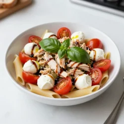- 8 ounces penne pasta - 2 cups cooked chicken breast, shredded or diced - 1 cup cherry tomatoes, halved - 1 cup fresh mozzarella balls, halved - 1 cup fresh basil leaves, chopped To make a great Caprese Chicken Pasta Salad, you need fresh and simple ingredients. The penne pasta serves as the base. It holds all the flavors well. Use cooked chicken for protein. You can shred or dice it. Cherry tomatoes add a burst of color and sweetness. Fresh mozzarella balls give a creamy texture. Finally, fresh basil leaves add a bright herbal note. - 1/4 cup balsamic glaze - 1/4 cup extra virgin olive oil - 1 tablespoon Dijon mustard - Salt and pepper to taste The dressing is key for flavor. Balsamic glaze provides sweetness and tang. Extra virgin olive oil adds richness. Dijon mustard gives it a nice kick. Remember to season with salt and pepper for balance. - Additional herbs or spices - Parmesan cheese - Avocado slices Feel free to customize your salad. You can add more herbs like oregano or thyme. Parmesan cheese adds a savory depth. Avocado slices bring creaminess and healthy fats. These options can make your dish even more exciting. {{ingredient_image_1}} To cook penne pasta, start by boiling water in a large pot. Add a pinch of salt to enhance flavor. Once the water is boiling, add 8 ounces of penne pasta. Cook it according to the package instructions until it's al dente, usually about 10-12 minutes. After cooking, carefully drain the pasta in a colander. Rinse it under cold water to stop the cooking process. This also helps cool the pasta quickly. In a large mixing bowl, combine 2 cups of cooked chicken breast, 1 cup of halved cherry tomatoes, and 1 cup of halved fresh mozzarella balls. Use shredded or diced chicken for easy mixing. Once the pasta is cool, add it to the bowl. Toss everything together gently to combine. This step ensures every bite is packed with flavor and texture. In a small bowl, whisk together 1/4 cup of balsamic glaze, 1/4 cup of extra virgin olive oil, and 1 tablespoon of Dijon mustard. Add salt and pepper to taste. Whisk until smooth and well combined. Pour this dressing over the pasta mixture. Gently toss until everything is coated evenly. This dressing adds a rich, tangy flavor that ties the dish together. Chill the salad in the refrigerator for at least 30 minutes. This allows the flavors to meld beautifully. For serving, present it in a large bowl or individual portions. Drizzle extra balsamic glaze on top and garnish with fresh basil leaves. This not only adds flavor but also enhances the visual appeal of your dish. Cooking pasta just right is key. I suggest cooking penne pasta until it's al dente. This means it’s firm but not hard. Drain the pasta and let it cool down. This step keeps the pasta from soaking up too much dressing. Adjusting seasoning is also important. After mixing the salad, taste it. Add salt and pepper as needed. Everyone's taste buds are different. You might want more or less seasoning than I do. Garnishing your salad makes a big difference. I love adding fresh basil leaves on top. They add color and flavor. Drizzling balsamic glaze on your salad can really impress. It looks fancy and tastes amazing. For gatherings, serve this salad in a large bowl. You can also use individual bowls. This way, everyone can enjoy their own portion. One common mistake is overcooking the pasta. If it's too soft, it won't hold up in the salad. Make sure to check it often while cooking. Another mistake is skipping the chill time. Letting the salad chill for at least 30 minutes helps the flavors blend. It tastes better when it's cold! Pro Tips Cook Pasta Al Dente: Make sure to cook the penne pasta until it is al dente, as this will help prevent it from becoming mushy when combined with the other ingredients. Use Fresh Ingredients: For the best flavor, opt for fresh mozzarella, ripe cherry tomatoes, and vibrant basil leaves. Fresh ingredients elevate the dish significantly. Chill Before Serving: Allowing the salad to chill in the refrigerator for at least 30 minutes helps the flavors meld together, resulting in a more delicious dish. Customize Your Dressing: Feel free to adjust the balsamic glaze and olive oil ratio or add herbs like oregano or thyme for a unique twist on the dressing. {{image_2}} You can change up your Caprese Chicken Pasta Salad by adding vegetables. Bell peppers add crunch and color. Spinach brings a fresh taste. You can also switch in seasonal veggies. Think about zucchini in summer or roasted butternut squash in fall. These additions keep the dish vibrant and healthy. If you want a twist, try using rotisserie chicken or grilled shrimp. Both options are quick and add great flavor. For a vegetarian choice, chickpeas or tofu work well. These proteins boost nutrition and make the salad filling. You can enjoy a new taste while keeping it satisfying. Changing the dressing can make a big difference. Pesto gives a herby kick that pairs nicely with the salad. Homemade vinaigrettes also work well. You can use lemon juice, olive oil, and herbs for a light touch. This way, you can alter the flavor profile to suit your taste. To keep your Caprese Chicken Pasta Salad fresh, store it in the fridge right away. Use airtight containers to lock in flavors. This also helps keep the salad from drying out. Make sure the lid is tight to avoid spills. I recommend not freezing this salad. The fresh ingredients can become mushy when thawed. If you do freeze it, place it in a freezer-safe container. When ready to enjoy, let it thaw in the fridge overnight. Reheat gently in a pan on low heat. Add a splash of olive oil to help restore moisture. This keeps the pasta from getting too dry. In the fridge, your salad will last for about 3-4 days. Always check for freshness before eating. Signs that the salad is bad include a sour smell, discoloration, or slimy texture. If you notice any of these, it’s best to toss it out. Enjoy your salad while it’s fresh for the best taste! Yes, you can use regular pasta. Different shapes can change the dish's texture. For example, rotini or fusilli hold more sauce. This makes each bite flavorful. Different shapes also make the dish fun and interesting. Experiment with what you have at home! To make the salad gluten-free, you can use gluten-free pasta. Look for brands that use rice or chickpeas. These options work well and taste good. Be sure to check the label for gluten-free certification. This way, everyone can enjoy the salad. Yes, this salad is great for meal prep. Make it ahead and store it in the fridge. It tastes even better the next day. To keep it fresh, store the dressing separately. Mix it in right before you eat. This keeps the pasta from getting soggy. This Caprese Chicken Pasta Salad is fresh, tasty, and easy to make. We covered key ingredients like penne pasta, chicken, and mozzarella. I shared step-by-step instructions to prepare it well and tips to make it shine. You can also switch up ingredients for variety and store leftovers safely. This salad is perfect for gatherings or meal prep. Enjoy creating different flavors and sharing your version with friends!