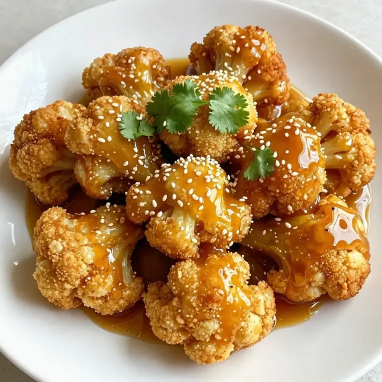 - 1 large head of cauliflower, cut into bite-sized florets - 1 cup all-purpose flour - 1 cup non-dairy milk (almond or oat milk) - 1 teaspoon garlic powder - 1 teaspoon onion powder - 1 teaspoon smoked paprika - Salt and pepper to taste - 1 cup panko breadcrumbs - 1/2 cup honey - 4 cloves garlic, minced - 2 tablespoons soy sauce (or tamari for gluten-free) - 1 tablespoon apple cider vinegar - 1 teaspoon ground ginger - 1 tablespoon sesame seeds (for garnish) - Fresh cilantro leaves (for garnish) If you're out of panko, regular breadcrumbs work too. For a gluten-free option, use gluten-free flour. You can swap honey with maple syrup for a vegan choice. Any plant-based milk works well, so choose your favorite. Don't have fresh garlic? You can use garlic paste or powder as a quick fix. For flour, I suggest King Arthur for its consistency and quality. Use Silk or Alpro for non-dairy milk; they blend well. For honey, local or raw honey gives the best flavor. I recommend Bragg's for apple cider vinegar. For soy sauce, Kikkoman is reliable, and for panko, try Katsuobushi for a crunchy finish. {{ingredient_image_1}} Start by preheating your oven to 425°F (220°C). This helps the wings get crispy. Line a baking sheet with parchment paper for easy cleanup. Next, take your large head of cauliflower and cut it into bite-sized florets. In a big bowl, mix the all-purpose flour, garlic powder, onion powder, smoked paprika, salt, and pepper. This blend adds great flavor. Gradually whisk in the non-dairy milk until it’s smooth. This batter will coat the cauliflower nicely. Now it's time to coat the cauliflower. Take each floret and dip it into the batter. Make sure it's well-coated. Then, roll it in panko breadcrumbs. The breadcrumbs give it a crunchy texture. Place the coated cauliflower on the baking sheet in a single layer. This step is key for even cooking. Bake the cauliflower wings for 25 to 30 minutes. Flip them halfway through cooking. This helps them brown evenly. You want them to look golden and crispy. Keep an eye on them for the perfect crunch! While the wings bake, prepare the honey garlic sauce. In a small saucepan, combine honey, minced garlic, soy sauce, apple cider vinegar, and ground ginger. Set it over medium heat. Stir the mix often. Bring it to a simmer and let it cook for about 5 minutes. This step helps the sauce thicken slightly, making it sticky and delicious. Once the cauliflower wings are done baking, take them out of the oven. Place them in a large bowl. Pour the honey garlic sauce over the wings. Toss gently to coat each piece well. Finally, transfer the sticky wings to a serving platter. Sprinkle with sesame seeds and add fresh cilantro leaves for a tasty touch. Enjoy your meal! To make sure your cauliflower wings stay crunchy, follow these tips: - Use panko breadcrumbs. They add a great crunch. - Coat each floret well in the batter. This helps the breadcrumbs stick. - Bake at a high temperature of 425°F (220°C). This gives the wings a crispy texture. - Flip the wings halfway through baking. This ensures they brown evenly. If you like your wings spicy, add some heat: - Mix in a pinch of cayenne pepper in the batter. - Drizzle some hot sauce into the honey garlic sauce. - Serve the wings with extra hot sauce on the side. For mild flavors, skip the spice completely. The honey garlic sauce is still tasty. These wings go well with many sides. Here are some ideas: - Serve with a fresh salad for a light meal. - Pair with rice or quinoa for a filling option. - Enjoy with carrot and celery sticks for crunch. - A creamy dip, like ranch or blue cheese, complements the wings nicely. Pro Tips Use Fresh Garlic: Freshly minced garlic will provide a more robust flavor compared to pre-minced or powdered garlic, enhancing the overall taste of your sauce. Adjust the Spice Level: If you like it spicy, consider adding red pepper flakes or a dash of hot sauce to the honey garlic sauce for an extra kick. Make It Gluten-Free: Substitute the all-purpose flour with a gluten-free flour blend and use gluten-free panko breadcrumbs to make this recipe suitable for gluten-sensitive diets. Perfectly Crispy Wings: For extra crispiness, broil the wings for the last 2-3 minutes of baking, keeping a close eye to prevent burning. {{image_2}} To spice up your honey garlic cauliflower wings, add heat. Mix in chili flakes or hot sauce into the honey garlic sauce. You can also use cayenne pepper in the batter. This gives each bite a nice kick. The heat pairs well with the sweet honey, making it more exciting. Adjust the spice to your taste. If you like it hot, go bold! Herbs can boost the flavor of your wings. Fresh herbs like thyme or rosemary work great. Chop them finely and mix them into the batter. You can also sprinkle fresh herbs on top after baking. This adds color and freshness to your dish. Don't forget about garlic! Adding more minced garlic to the sauce makes it richer. If you want to swap honey, try maple syrup or agave nectar. These options keep the recipe sweet and sticky. You can also use date syrup for a unique twist. Each sweetener gives a different taste, so feel free to experiment. Just remember that the texture might change a little. Adjust to find what you love best! To keep your sticky honey garlic cauliflower wings fresh, store them in an airtight container. Let the wings cool completely before sealing them up. This helps prevent sogginess. You can keep them in the fridge for up to three days. If you want to enjoy them later, freezing is a better option. When you're ready to eat your leftover wings, preheat your oven to 350°F (175°C). Place the wings on a baking sheet. Bake them for about 10-15 minutes until they are hot and crispy again. You can also use an air fryer at 350°F for about 5-7 minutes. This works great for restoring their crunchiness. If you have extra wings, freezing is an excellent choice. Before freezing, arrange the wings in a single layer on a baking sheet. Freeze them for about an hour. Once frozen, transfer them to a freezer bag or container. They can last for up to three months in the freezer. When you want to eat them, thaw in the fridge overnight and reheat as mentioned. Yes, you can use frozen cauliflower. Just thaw it first. Pat it dry to remove excess moisture. This helps the batter stick better. Frozen florets may cook faster, so keep an eye on them. To make these wings gluten-free, use gluten-free flour. Use panko breadcrumbs that are gluten-free too. For soy sauce, swap it with tamari. This way, you enjoy tasty wings without gluten. These wings pair well with many sides. Try a fresh salad for balance. Serve with rice or quinoa for a hearty meal. You can also enjoy them with a dipping sauce like ranch or blue cheese. To make the sauce vegan, swap honey for maple syrup or agave nectar. This keeps the sweet flavor without using animal products. The rest of the sauce ingredients are already vegan-friendly. Absolutely! Air frying gives a great crunch. Preheat the air fryer to 400°F (200°C). Cook the wings for about 15-20 minutes. Shake the basket halfway through for even cooking. Enjoy that crispy goodness! This blog post offers a simple guide to making delicious cauliflower wings. We covered the key ingredients, including options for substitutions and recommended brands. I shared step-by-step instructions for preparation and cooking, along with tips for the perfect crunch. We also explored tasty variations and storage options to keep your wings fresh. Remember, these cauliflower wings can fit into many diets and occasions. Enjoy experimenting with flavors and serving them with your favorite dips!