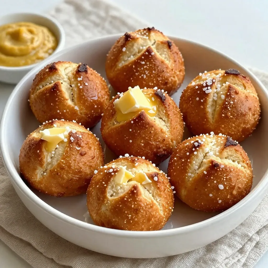 To make the best homemade soft pretzel bites, gather these ingredients: - 1 ½ cups warm water (110°F-115°F) - 2 teaspoons sugar - 2 ¼ teaspoons active dry yeast (1 packet) - 4 cups all-purpose flour - 1 teaspoon salt - ½ teaspoon baking soda - 1 large egg, beaten (for egg wash) - Coarse sea salt (for topping) - Optional: melted butter, garlic powder, Parmesan cheese The warm water helps activate the yeast. Sugar feeds the yeast, giving it energy. The yeast helps the dough rise, making the pretzels fluffy. Flour gives structure, while salt adds flavor. Baking soda helps create that soft pretzel taste. The beaten egg wash gives a nice golden color. Finally, coarse sea salt adds that classic pretzel crunch. You can also enhance your bites with melted butter, garlic powder, or Parmesan cheese. Use these options to add your own twist and make your pretzel bites even more delicious. Enjoy gathering your ingredients; each one plays a key role in creating soft, tasty bites! {{ingredient_image_1}} Start by mixing warm water, sugar, and yeast in a small bowl. Use water that feels warm to your touch, around 110°F to 115°F. Let the mixture sit for 5 to 10 minutes. You want it to get frothy. This foam shows the yeast is active and ready to work. In a large bowl, mix the flour and salt. Create a well in the center. Pour in the yeast mixture. Stir with a wooden spoon until it comes together. Then, place the dough on a floured surface. Knead it for 5 to 7 minutes. The dough should feel smooth and elastic. After that, place it in a greased bowl. Cover it with a damp cloth and let it rise in a warm spot for about 1 hour. The dough will double in size. Preheat your oven to 425°F (220°C). Line a baking sheet with parchment paper. In a large pot, bring about 8 cups of water to a boil. Once boiling, stir in the baking soda carefully. It will bubble up a lot, so be careful! After that, punch down the risen dough. Turn it onto a floured surface. Cut it into 8 equal pieces. Roll each piece into a rope, about 1 inch thick. Cut these ropes into 1-inch pieces to create your pretzel bites. Now, drop the pretzel bites into the boiling water in batches. Boil each batch for 30 seconds. Use a slotted spoon to remove them and place them on the prepared baking sheet. Brush the tops with beaten egg and sprinkle with coarse sea salt. Finally, bake the pretzel bites for 12 to 15 minutes, until golden brown. Remove them from the oven and let them cool slightly. If you like, brush them with melted butter and sprinkle with garlic powder or Parmesan cheese. Enjoy your soft pretzel bites! When making soft pretzel bites, watch out for a few common mistakes. - Using cold water: Always use warm water (110°F-115°F). This helps the yeast activate. - Skipping the kneading: Knead the dough well. This creates a smooth and elastic texture. - Not boiling long enough: Boil each batch for 30 seconds. This step gives the pretzels their chewy crust. To get the perfect texture for your pretzel bites, you need to focus on a few key steps. - Knead properly: Knead the dough for about 5-7 minutes. It should feel smooth and elastic. - Let it rise: Allow the dough to rise until it doubles in size. This makes the bites fluffy. - Boil in baking soda water: The baking soda helps create a nice crust. Don’t skip this step! Adding flavors to your pretzel bites makes them even better. Here are some ideas: - Coarse sea salt: This classic topping adds a nice crunch and salty flavor. - Melted butter: Brush the pretzels with melted butter after baking. This adds richness. - Seasonings: Try garlic powder or Parmesan cheese for extra flavor. Experiment and have fun! Pro Tips Temperature Matters: Make sure your water is between 110°F-115°F for optimal yeast activation. Too hot or too cold can hinder the rising process. Kneading Technique: Knead the dough until it is smooth and elastic. This helps develop gluten, giving the pretzel bites their chewy texture. Boiling is Key: Boiling the pretzel bites in baking soda water is essential for that classic pretzel flavor and color. Don’t skip this step! Flavor Variations: Experiment with different toppings! Try adding spices, cheese, or herbs to the melted butter for unique flavor profiles. {{image_2}} To make cheese-stuffed pretzel bites, you can add a tasty surprise inside. Use cheese like cheddar or mozzarella. When you shape the dough, flatten it into small discs. Place a piece of cheese in the center and fold the dough around it. Pinch it tight to seal. Then, boil and bake as usual. You will love the gooey cheese when you bite in! For garlic parmesan pretzel bites, mix melted butter with garlic powder. After boiling and baking the bites, brush them with this mixture. Then, sprinkle grated Parmesan cheese on top. This adds a rich flavor and gives your pretzel bites a nice finish. They are perfect for snacking while watching a movie! If you prefer something sweet, try cinnamon sugar pretzel bites. Mix sugar and cinnamon together in a bowl. After baking the bites, brush them with melted butter. Then, roll them in the cinnamon sugar mix. This creates a sweet treat that is great for dessert. Pair them with cream cheese dip for a fun twist! To keep your leftover pretzel bites fresh, place them in an airtight container. You can also wrap them in plastic wrap. Store them at room temperature for up to two days. For longer storage, refrigerate them for up to one week. Just remember, the colder they get, the tougher they can become. When it’s time to enjoy your pretzel bites again, the best way to reheat them is in the oven. Preheat your oven to 350°F (175°C). Place the pretzel bites on a baking sheet and warm them for about 5-10 minutes. This method keeps them soft and helps restore their original texture. You can also use a microwave, but be careful. It may make them chewy instead of soft. Freezing is a great option if you want to save pretzel bites for later. Let them cool completely after baking. Then, place them in a single layer on a baking sheet. Freeze for about an hour until solid. After that, transfer them to a freezer bag. They can last up to three months in the freezer. When you’re ready to eat, simply reheat them as mentioned above. Yes, you can use bread flour. Bread flour adds more protein. This helps create a chewier texture. It may also make your pretzel bites a bit denser. If you prefer a lighter bite, stick with all-purpose flour. Look for a golden brown color. The pretzel bites should be firm to the touch. You can also tap them lightly; they should sound hollow. It usually takes about 12-15 minutes in the oven. Yes, you can make the dough ahead of time. Once you knead it, let it rise. After rising, you can cover it and store it in the fridge. Use it within 24 hours for best results. Just let it come to room temp before shaping. You learned how to make delicious pretzel bites from scratch. We covered the right ingredients, from yeast to flour, and I shared step-by-step instructions. You also discovered tips to avoid mistakes and add flavor. Variations like cheese-stuffed and cinnamon sugar pretzel bites can excite your taste buds. Finally, I showed you how to store and reheat your pretzels. Now, enjoy making these tasty snacks and share them with friends!