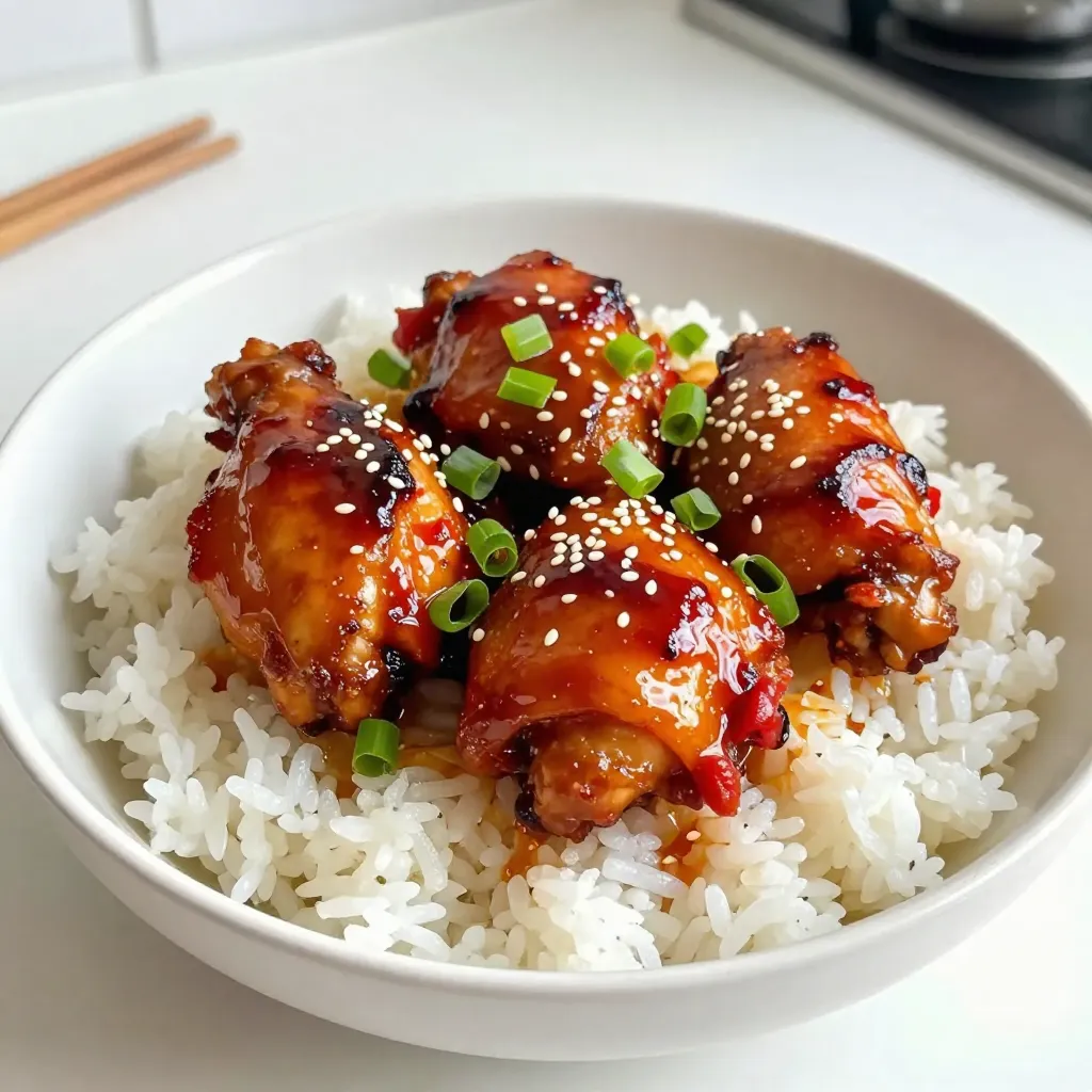 For the Sriracha Honey Glazed Chicken, you will need: - 4 boneless, skinless chicken thighs - 1/4 cup Sriracha sauce - 1/4 cup honey - 2 tablespoons soy sauce (low sodium) - 2 cloves garlic, minced - 1 teaspoon grated fresh ginger - 1 tablespoon sesame oil - Salt and pepper, to taste - Chopped green onions, for garnish - Sesame seeds, for garnish You can switch some ingredients if needed: - Chicken thighs work well, but you can use chicken breasts for a leaner option. - For a milder glaze, try using sweet chili sauce instead of Sriracha. - Use maple syrup instead of honey for a vegan version. - Coconut aminos can replace soy sauce for gluten-free cooking. - If you don't have fresh ginger, ground ginger can work in a pinch. You'll need a few basic tools to make this dish: - A large skillet for cooking the chicken - A small mixing bowl for the glaze - A whisk or fork to mix the glaze - A meat thermometer to check the chicken's doneness - A cutting board and knife for slicing the chicken These simple ingredients and tools make it easy to prepare a delicious meal. Enjoy the process as you create this savory flavor fusion! {{ingredient_image_1}} Start by mixing the glaze. In a small bowl, whisk together 1/4 cup Sriracha sauce, 1/4 cup honey, 2 tablespoons low-sodium soy sauce, 2 minced garlic cloves, 1 teaspoon grated fresh ginger, and 1 tablespoon sesame oil. This blend creates a sweet and spicy sauce. If you like more heat, add extra Sriracha. This glaze will coat the chicken and bring it to life. Next, season 4 boneless, skinless chicken thighs with salt and pepper. Heat a large skillet over medium-high heat. Add a drizzle of olive or avocado oil until it shimmers. Place the chicken thighs in the skillet. Cook them for 4-5 minutes without moving them. This step helps create a nice sear. After 4-5 minutes, flip the chicken. Pour half of the Sriracha honey glaze over the top. Cook for another 4-6 minutes. Make sure the chicken reaches an internal temperature of 165°F (75°C). This ensures your chicken is safe to eat. Once the chicken is cooked, remove it from the skillet. Let it rest for a few minutes to keep it juicy. When ready, slice the chicken. Drizzle any leftover glaze over the slices. For a beautiful finish, top with chopped green onions and sesame seeds. The pop of color makes the dish look great. Serve your Sriracha Honey Glazed Chicken over steamed rice or quinoa, paired with sautéed veggies for a complete meal. Enjoy the amazing flavors! To adjust the spice in your Sriracha honey glazed chicken, start small. You can always add more heat later. Mix your glaze with 2 tablespoons of Sriracha. Taste it. If you want more spice, add another tablespoon. If it’s too spicy, add more honey to balance it. Honey will calm the heat while keeping your glaze sweet. A great glaze has a nice shine. To get this, cook your chicken over medium-high heat. This method helps the glaze stick well. Pour half of the glaze on the chicken when you flip it. This allows the glaze to caramelize, creating a beautiful finish. Remember to keep some glaze for drizzling after cooking. Cooking chicken thighs well is key. I recommend pan-searing for the best flavor. Heat your skillet until it shimmers. This creates a nice sear. You can also bake or grill the thighs. If you grill, watch the temperature closely. Chicken should reach 165°F (75°C) inside to be safe. Always let your chicken rest before slicing. This keeps it juicy and tender. Pro Tips Marinate for More Flavor: If you have time, marinate the chicken thighs in the Sriracha honey glaze for at least 30 minutes or up to overnight. This will infuse the meat with deeper flavors. Adjust Spice Level: Feel free to tweak the amount of Sriracha based on your heat tolerance. For a milder glaze, substitute half of the Sriracha with ketchup. Use a Meat Thermometer: To ensure perfect doneness, use a meat thermometer. Chicken should reach an internal temperature of 165°F (75°C) for safe consumption. Garnish for Presentation: Enhance the dish's presentation by adding a sprinkle of chopped green onions and sesame seeds right before serving. This adds color and texture. {{image_2}} You can add colorful vegetables to this dish for more flavor and nutrients. Try using bell peppers, broccoli, or carrots. Simply slice them and toss them into the skillet with the chicken. Cook them until they are tender but still crisp. The glaze will cover the veggies perfectly, giving them a nice kick. If you want a different protein, consider using tofu or shrimp. For tofu, press and cube it before cooking. Cook it in the skillet until golden brown. Then, pour the glaze over it just like you would with chicken. For shrimp, add them to the skillet when the chicken is almost done. Cook them until they turn pink and opaque. Both options will soak up that delicious Sriracha honey glaze. To change the flavor profile, mix in different sauces or spices. For a Thai twist, add lime juice and chopped cilantro to the glaze. If you prefer BBQ, swap the Sriracha with your favorite BBQ sauce. You can also add smoked paprika for extra depth. These small changes create a whole new dish while keeping the same base recipe. To keep your Sriracha honey glazed chicken fresh, place leftovers in an airtight container. Make sure to cool the chicken to room temperature before sealing it. Store it in the fridge for up to three days. The glaze will soak into the chicken, enhancing its taste. If you want to save some for later, freezing is a great option. Wrap the chicken tightly in plastic wrap or foil. Then, place it in a freezer-safe bag or container. You can freeze the chicken for up to three months. When you’re ready to eat, thaw it in the fridge overnight. To reheat, I suggest using the oven for the best results. Preheat your oven to 350°F (175°C). Place the chicken on a baking sheet and cover it with foil. Heat for about 15-20 minutes or until warmed through. You can also reheat in a microwave, but the oven keeps it crispy. Enjoy your flavorful chicken again! Yes, you can use chicken breasts. They will cook faster, so watch the time closely. The glaze will still add great flavor. Just make sure the chicken is at least 165°F (75°C) inside. You can serve this chicken with many sides. Steamed rice or quinoa works well. Sautéed vegetables add color and crunch. You could also add a simple salad for freshness. Try pairing it with some pickled veggies for extra zing! The glaze stays fresh for about one week in the fridge. Store it in an airtight container for best results. If you want to use it later, just give it a good stir before using. In this article, we explored the tasty Sriracha honey glaze and how to make it. We covered the key ingredients, substitutions, and the tools you need. You learned the step-by-step method to cook chicken thighs perfectly, plus tips to adjust spice levels and create variations. Remember, you can have fun with different proteins and flavors! Lastly, we discussed how to store your leftovers properly. Dive into this recipe, and enjoy a delicious meal that suits your taste. Happy cooking!
