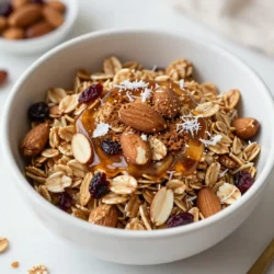 To make vanilla almond granola, you need simple and tasty ingredients. Here’s what you’ll need: - 3 cups rolled oats - 1 cup sliced almonds - 1/2 cup unsweetened shredded coconut - 1/2 cup maple syrup - 1/4 cup coconut oil, melted - 2 teaspoons pure vanilla extract - 1/2 teaspoon ground cinnamon - 1/4 teaspoon salt - 1/2 cup dried cranberries or raisins (optional) Each of these ingredients plays a key role in creating a crunchy and flavorful granola. Rolled oats form the base. They give the granola its texture and heartiness. Sliced almonds add a nice crunch and nutty flavor. Shredded coconut brings a hint of sweetness and chewiness. The maple syrup serves as a natural sweetener. It binds the mixture and adds a rich flavor. Coconut oil helps everything stick together while adding a hint of tropical taste. Vanilla extract contributes a warm and inviting aroma. Ground cinnamon adds a comforting spice that complements the other flavors. A touch of salt enhances the sweetness and balance. If you like, you can add dried cranberries or raisins for a fruity burst. This optional addition is great for extra flavor and sweetness. Gather these ingredients, and you’re ready to create a delicious batch of vanilla almond granola! {{ingredient_image_1}} 1. Preheat your oven to 350°F (175°C). This helps the granola cook evenly. Line a large baking sheet with parchment paper. This makes cleanup easy. 2. Mix the dry ingredients. In a large bowl, combine: - 3 cups rolled oats - 1 cup sliced almonds - 1/2 cup unsweetened shredded coconut - 1/2 teaspoon ground cinnamon - 1/4 teaspoon salt Stir well to mix everything together. 3. Whisk the wet ingredients in another bowl. Combine: - 1/4 cup melted coconut oil - 1/2 cup maple syrup - 2 teaspoons pure vanilla extract Mix until smooth. This gives your granola its sweet flavor. 1. Spread the granola mixture on the prepared baking sheet. Use a spatula to press it down gently. This helps it clump together while baking. 2. Bake in the oven for 25-30 minutes. Stir every 10 minutes. This ensures even browning. The granola is done when it's golden brown and crispy. 1. Cool the granola on the baking sheet. Let it sit until it is completely cool. It will get crunchier as it cools. 2. Store your granola in an airtight container. Keep it at room temperature for up to two weeks. Enjoy your tasty homemade treat! To make your granola crunchy, you must press down the mixture before baking. This helps the granola stick together and form clumps. Use a spatula to spread it evenly on the baking sheet. Once it's spread out, press down firmly. Stirring the granola every 10 minutes is also key. This ensures even browning. It helps the edges get crispy while the center stays chewy. When you see golden brown color, it's time to take it out. You can add more flavor to your granola by using spices or extracts. For example, try adding nutmeg or a little almond extract. This gives your granola a unique twist. Customizing with different nuts or seeds can change the taste too. Consider adding walnuts or pumpkin seeds. These options add crunch and nutrition. Experiment with your favorite flavors! Granola is great with yogurt or milk. You can create a parfait by layering yogurt and granola. Top it with fresh fruit for a tasty breakfast. You can also use granola in smoothies. Blend it with yogurt and fruit for a thick shake. Granola makes a perfect snack too. Just grab a handful when you need a quick bite! Pro Tips Use Fresh Ingredients: Always opt for fresh and high-quality nuts and oats to enhance the flavor and nutritional value of your granola. Customize Your Mix-Ins: Feel free to add other mix-ins like seeds, chocolate chips, or different dried fruits to give your granola a unique twist. Watch the Baking Time: Keep an eye on the granola towards the end of the baking time, as it can quickly go from golden brown to burnt. Storage Matters: To maintain freshness, store your granola in an airtight container and keep it in a cool, dry place. {{image_2}} If you want to make a nut-free version of this granola, you can easily swap out the sliced almonds. Here are some fun ideas: - Use seeds like sunflower or pumpkin seeds. - Try adding pepitas for a crunchy bite. - You can also use puffed rice or quinoa for a different texture. These options keep your granola tasty and enjoyable without nuts. While maple syrup is great, you can also try other sweeteners. Here are a few alternatives: - Honey adds a nice floral flavor. - Agave syrup is a good choice if you want something milder. - Brown sugar works too, but it may change the texture. Experiment with these to find your favorite sweetness level! Granola can change with the seasons. In the fall, you might want to add some pumpkin spice. It gives a warm, cozy flavor that is perfect for chilly days. For summer, think about adding tropical fruits like dried pineapple or mango. They bring a bright, sweet taste to your breakfast. Feel free to get creative! The options are endless and can match your mood or the season. To keep your vanilla almond granola fresh, use an airtight container. Glass jars or plastic bins work great. Make sure the container is clean and dry before adding your granola. This helps keep moisture out. To keep granola crispy, avoid storing it in the fridge. Cold air can add moisture and make it soft. Instead, keep it in a cool, dry place, like a pantry shelf. When stored at room temperature, your granola can last up to two weeks. You’ll know it’s still good if it smells nice and crunchy. Check for any signs of moisture or a stale odor, as these mean it may be time to toss it. Signs your granola has gone stale include a soft texture and loss of flavor. If your granola feels chewy instead of crunchy, it’s likely stale. Freezing granola is a great option if you want to keep it longer. First, let it cool completely. Then, pack the granola tightly in a freezer-safe bag. Make sure to push out as much air as you can before sealing. When you’re ready to eat it, take it out and let it thaw at room temperature. For the best texture, you can also pop it in the oven at 350°F for a few minutes to regain its crunch. To make your granola clump, press the mixture down before baking. After mixing the oats and nuts, spread the mix on your baking sheet. Use a spatula to press it down firmly. This helps the granola hold together as it bakes. When it cools, it will form those delicious crunchy clusters we all love. You can use quick oats, but the texture will change. Quick oats cook faster and absorb moisture differently. This can make your granola softer and less crunchy. Rolled oats offer a heartier texture and hold up better in baking. Stick with rolled oats for the best results. Yes, homemade granola can be very healthy! You control the ingredients. Our recipe has oats, nuts, and coconut, all of which provide fiber and healthy fats. Maple syrup offers natural sweetness, while coconut oil adds richness. If you add dried fruits, you get extra vitamins too. If you need an oil swap, try using vegetable oil or melted butter. Both work well in granola. You can also use olive oil for a unique flavor. Each option will give your granola a slightly different taste, so feel free to experiment! Homemade granola is simple and fun to make. With rolled oats, nuts, and spices, you can create a tasty snack. Just follow the steps for mixing, baking, and storing. Remember to try different add-ins for flavor and texture. Customize it to fit your taste. With proper storage, your granola stays fresh and crunchy. Now you have the tools to make your perfect granola! Enjoy every bite and play with flavors. It’s a great way to eat healthy and delicious snacks.