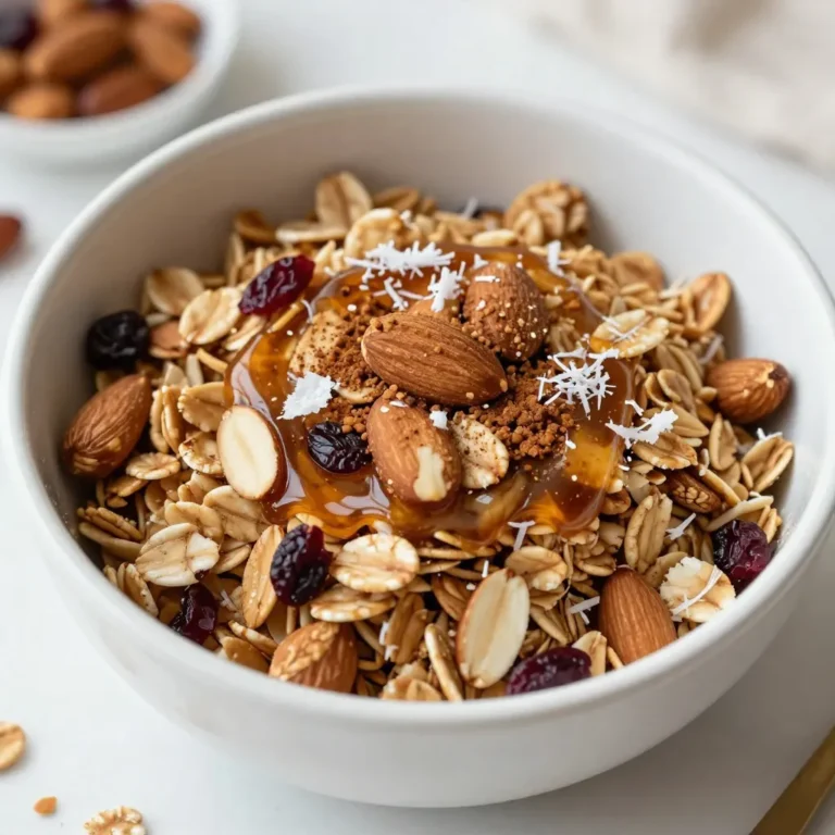 To make vanilla almond granola, you need simple and tasty ingredients. Here’s what you’ll need: - 3 cups rolled oats - 1 cup sliced almonds - 1/2 cup unsweetened shredded coconut - 1/2 cup maple syrup - 1/4 cup coconut oil, melted - 2 teaspoons pure vanilla extract - 1/2 teaspoon ground cinnamon - 1/4 teaspoon salt - 1/2 cup dried cranberries or raisins (optional) Each of these ingredients plays a key role in creating a crunchy and flavorful granola. Rolled oats form the base. They give the granola its texture and heartiness. Sliced almonds add a nice crunch and nutty flavor. Shredded coconut brings a hint of sweetness and chewiness. The maple syrup serves as a natural sweetener. It binds the mixture and adds a rich flavor. Coconut oil helps everything stick together while adding a hint of tropical taste. Vanilla extract contributes a warm and inviting aroma. Ground cinnamon adds a comforting spice that complements the other flavors. A touch of salt enhances the sweetness and balance. If you like, you can add dried cranberries or raisins for a fruity burst. This optional addition is great for extra flavor and sweetness. Gather these ingredients, and you’re ready to create a delicious batch of vanilla almond granola! {{ingredient_image_1}} 1. Preheat your oven to 350°F (175°C). This helps the granola cook evenly. Line a large baking sheet with parchment paper. This makes cleanup easy. 2. Mix the dry ingredients. In a large bowl, combine: - 3 cups rolled oats - 1 cup sliced almonds - 1/2 cup unsweetened shredded coconut - 1/2 teaspoon ground cinnamon - 1/4 teaspoon salt Stir well to mix everything together. 3. Whisk the wet ingredients in another bowl. Combine: - 1/4 cup melted coconut oil - 1/2 cup maple syrup - 2 teaspoons pure vanilla extract Mix until smooth. This gives your granola its sweet flavor. 1. Spread the granola mixture on the prepared baking sheet. Use a spatula to press it down gently. This helps it clump together while baking. 2. Bake in the oven for 25-30 minutes. Stir every 10 minutes. This ensures even browning. The granola is done when it's golden brown and crispy. 1. Cool the granola on the baking sheet. Let it sit until it is completely cool. It will get crunchier as it cools. 2. Store your granola in an airtight container. Keep it at room temperature for up to two weeks. Enjoy your tasty homemade treat! To make your granola crunchy, you must press down the mixture before baking. This helps the granola stick together and form clumps. Use a spatula to spread it evenly on the baking sheet. Once it's spread out, press down firmly. Stirring the granola every 10 minutes is also key. This ensures even browning. It helps the edges get crispy while the center stays chewy. When you see golden brown color, it's time to take it out. You can add more flavor to your granola by using spices or extracts. For example, try adding nutmeg or a little almond extract. This gives your granola a unique twist. Customizing with different nuts or seeds can change the taste too. Consider adding walnuts or pumpkin seeds. These options add crunch and nutrition. Experiment with your favorite flavors! Granola is great with yogurt or milk. You can create a parfait by layering yogurt and granola. Top it with fresh fruit for a tasty breakfast. You can also use granola in smoothies. Blend it with yogurt and fruit for a thick shake. Granola makes a perfect snack too. Just grab a handful when you need a quick bite! Pro Tips Use Fresh Ingredients: Always opt for fresh and high-quality nuts and oats to enhance the flavor and nutritional value of your granola. Customize Your Mix-Ins: Feel free to add other mix-ins like seeds, chocolate chips, or different dried fruits to give your granola a unique twist. Watch the Baking Time: Keep an eye on the granola towards the end of the baking time, as it can quickly go from golden brown to burnt. Storage Matters: To maintain freshness, store your granola in an airtight container and keep it in a cool, dry place. {{image_2}} If you want to make a nut-free version of this granola, you can easily swap out the sliced almonds. Here are some fun ideas: - Use seeds like sunflower or pumpkin seeds. - Try adding pepitas for a crunchy bite. - You can also use puffed rice or quinoa for a different texture. These options keep your granola tasty and enjoyable without nuts. While maple syrup is great, you can also try other sweeteners. Here are a few alternatives: - Honey adds a nice floral flavor. - Agave syrup is a good choice if you want something milder. - Brown sugar works too, but it may change the texture. Experiment with these to find your favorite sweetness level! Granola can change with the seasons. In the fall, you might want to add some pumpkin spice. It gives a warm, cozy flavor that is perfect for chilly days. For summer, think about adding tropical fruits like dried pineapple or mango. They bring a bright, sweet taste to your breakfast. Feel free to get creative! The options are endless and can match your mood or the season. To keep your vanilla almond granola fresh, use an airtight container. Glass jars or plastic bins work great. Make sure the container is clean and dry before adding your granola. This helps keep moisture out. To keep granola crispy, avoid storing it in the fridge. Cold air can add moisture and make it soft. Instead, keep it in a cool, dry place, like a pantry shelf. When stored at room temperature, your granola can last up to two weeks. You’ll know it’s still good if it smells nice and crunchy. Check for any signs of moisture or a stale odor, as these mean it may be time to toss it. Signs your granola has gone stale include a soft texture and loss of flavor. If your granola feels chewy instead of crunchy, it’s likely stale. Freezing granola is a great option if you want to keep it longer. First, let it cool completely. Then, pack the granola tightly in a freezer-safe bag. Make sure to push out as much air as you can before sealing. When you’re ready to eat it, take it out and let it thaw at room temperature. For the best texture, you can also pop it in the oven at 350°F for a few minutes to regain its crunch. To make your granola clump, press the mixture down before baking. After mixing the oats and nuts, spread the mix on your baking sheet. Use a spatula to press it down firmly. This helps the granola hold together as it bakes. When it cools, it will form those delicious crunchy clusters we all love. You can use quick oats, but the texture will change. Quick oats cook faster and absorb moisture differently. This can make your granola softer and less crunchy. Rolled oats offer a heartier texture and hold up better in baking. Stick with rolled oats for the best results. Yes, homemade granola can be very healthy! You control the ingredients. Our recipe has oats, nuts, and coconut, all of which provide fiber and healthy fats. Maple syrup offers natural sweetness, while coconut oil adds richness. If you add dried fruits, you get extra vitamins too. If you need an oil swap, try using vegetable oil or melted butter. Both work well in granola. You can also use olive oil for a unique flavor. Each option will give your granola a slightly different taste, so feel free to experiment! Homemade granola is simple and fun to make. With rolled oats, nuts, and spices, you can create a tasty snack. Just follow the steps for mixing, baking, and storing. Remember to try different add-ins for flavor and texture. Customize it to fit your taste. With proper storage, your granola stays fresh and crunchy. Now you have the tools to make your perfect granola! Enjoy every bite and play with flavors. It’s a great way to eat healthy and delicious snacks.