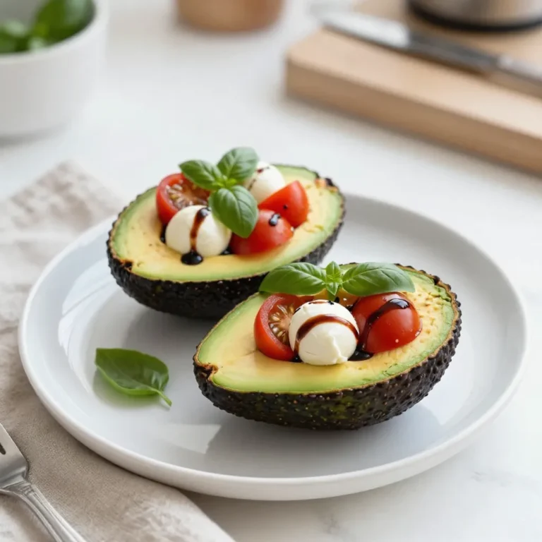 - 2 ripe avocados - 1 cup cherry tomatoes, halved - 1 cup fresh mozzarella balls, halved (or diced mozzarella) - 1/4 cup fresh basil leaves, chopped - 2 tablespoons balsamic glaze - 1 tablespoon olive oil - Salt and pepper to taste To make Caprese Stuffed Avocados, you need simple, fresh ingredients. First, choose ripe avocados. They should feel slightly soft when you press them gently. Next, get sweet cherry tomatoes. Their juice adds great flavor. Fresh mozzarella brings creaminess. You can use small balls or dice a larger piece. Chop fresh basil for a burst of herbal taste. Balsamic glaze adds a sweet tang. Olive oil enriches the filling. Finally, season with salt and pepper to enhance all the flavors. Each ingredient plays a key role in creating this tasty dish. {{ingredient_image_1}} - Cut avocados and remove pits. - Create a larger cavity by scooping out some flesh. - Mix cherry tomatoes, mozzarella, and basil in a bowl. Start by cutting each avocado in half. Be gentle when you remove the pit. Use a spoon to scoop out a bit more flesh. This gives you room for the tasty filling. Set that flesh aside; we will use it later. In a mixing bowl, combine the halved cherry tomatoes, mozzarella balls, and chopped basil. This mix adds color and flavor. - Add olive oil and balsamic glaze to the bowl. - Season with salt and pepper to taste. Next, drizzle in the olive oil and half of the balsamic glaze. This will bring in rich flavors. Sprinkle salt and pepper on top. Give the mixture a gentle stir. We want all the flavors to blend well. - Fold in the reserved avocado flesh. - Spoon the mixture into avocado halves. - Drizzle with the remaining balsamic glaze. Now, fold the reserved avocado flesh into the mixture. This makes it creamy and rich. Spoon the blend into each avocado half. Fill them generously for a beautiful look. Finally, drizzle the rest of the balsamic glaze over the stuffed avocados. This adds a nice finish. You can serve them right away or chill for a few minutes. Enjoy this fresh and tasty delight! To make great Caprese stuffed avocados, start with ripe avocados. Look for avocados that feel slightly soft but not mushy. Gently press the skin; it should give a little. Avoid any that have dark spots or are too hard. If you buy hard avocados, place them in a paper bag. This helps them ripen faster. Keep checking daily until they are just right. To stop your avocados from browning, use lemon juice. Squeeze some fresh lemon juice on the cut sides. This helps keep the green color bright. You can also cover the avocados with plastic wrap if you need to store them for a bit. Caprese stuffed avocados shine with simple sides. Pair them with a fresh green salad or crusty bread. A light vinaigrette can enhance the meal's flavor. You can also serve them alongside grilled chicken or shrimp for extra protein. For presentation, place the stuffed avocados on a colorful serving plate. Drizzle extra balsamic glaze around them for a fancy touch. Add fresh basil leaves on top for a pop of color. The vibrant colors of the dish will impress your guests and make it look beautiful! Pro Tips Use Ripe Avocados: Ensure your avocados are perfectly ripe for the best flavor and texture. They should yield slightly to gentle pressure when squeezed. Fresh Ingredients Matter: Use fresh mozzarella and ripe cherry tomatoes to enhance the overall taste of the dish. Fresh ingredients make a noticeable difference. Customize Your Filling: Feel free to add other ingredients like diced cucumber or olives for extra flavor and texture. You can make it your own! Chill Before Serving: Allowing the stuffed avocados to chill for about 10 minutes before serving can help the flavors meld together beautifully. {{image_2}} You can change the proteins in Caprese Stuffed Avocados. For example, consider using chicken or shrimp. Both add extra flavor and protein. Just cook them first and then mix with the other ingredients. If you want a vegan option, try using cashew cheese or tofu. These substitutes work well and keep the dish creamy. You can also use nutritional yeast for a cheesy flavor without dairy. Adding spices can really boost the flavor. Try a pinch of red pepper flakes for heat. Fresh herbs like oregano or thyme can also add a nice twist. Experiment with your favorites to find the perfect taste. You can also get creative with toppings. Nuts like pine nuts or walnuts add crunch. Seeds such as sunflower or pumpkin seeds lend a unique texture. You might even try a sprinkle of pomegranate seeds for a sweet pop. These additions make your dish even more exciting! To keep your Caprese stuffed avocados fresh, store them in the fridge. Place the leftovers in an airtight container. If you have avocado halves left, sprinkle them with lemon juice. This helps slow down browning. Cover them tightly to keep them fresh for a longer time. You can also wrap them in plastic wrap if you prefer. When reheating, be careful not to microwave the avocados directly. This can make them mushy. Instead, try using a pan on low heat. This way, you warm the filling without cooking the avocado. You can also eat them cold. They taste great as a quick snack or lunch! Stuffed avocados last about one to two days in the fridge. After that, the texture and taste may change. Always check for signs of spoilage. If the avocado turns brown or has a strange smell, it's best to toss it. Fresh basil can wilt, and the tomatoes may become soft. If you see any mold, discard the dish right away. Enjoy your stuffed avocados while they are fresh for the best taste! Can I make Caprese Stuffed Avocados ahead of time? Yes, you can make these avocados a few hours ahead. Just keep them in the fridge. To keep them fresh, add a little lemon juice to the avocado flesh. This stops it from turning brown. What can I substitute for balsamic glaze? If you don't have balsamic glaze, you can use regular balsamic vinegar. Just add a little honey or maple syrup to sweeten it. This makes a nice sauce for your stuffing. Are Caprese Stuffed Avocados gluten-free? Yes, this dish is naturally gluten-free. All the ingredients, like avocados, tomatoes, and cheese, are safe for a gluten-free diet. How can I make this dish more filling? To make it more filling, you can add protein. Grilled chicken or shrimp works great. You can also add some quinoa for extra fiber and protein. Caloric content per serving Each serving has about 350 calories. This includes healthy fats from the avocado and protein from the cheese. Health benefits of main ingredients - Avocados: High in healthy fats and good for your heart. - Tomatoes: Packed with vitamins and antioxidants. - Mozzarella: A good source of calcium and protein. - Basil: Contains anti-inflammatory properties and adds flavor. This dish not only tastes great but also gives your body nutrients. Enjoy the fresh and tasty delight! In this post, I covered how to make delicious Caprese Stuffed Avocados. We discussed key ingredients, step-by-step instructions, and helpful tips for choosing avocados. I also shared serving ideas and variations for customization. Finally, I highlighted proper storage practices to keep your leftovers fresh. Caprese Stuffed Avocados are fun and healthy. You can mix flavors and make them your own. Enjoy this refreshing dish at your next meal!
