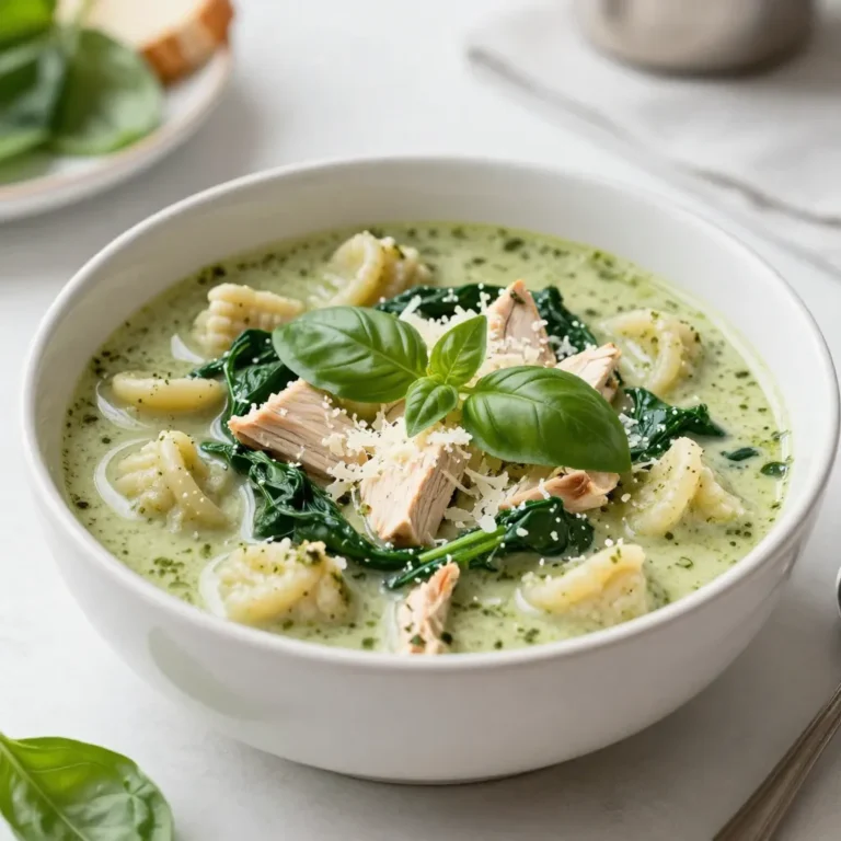 This soup mixes great flavors and textures. Here is what you need: - 1 tablespoon olive oil - 1 medium onion, diced - 3 cloves garlic, minced - 1 pound boneless, skinless chicken breast, cubed - 4 cups chicken broth - 1 cup heavy cream - 1 cup basil pesto - 1 pound gnocchi (store-bought or homemade) - 2 cups fresh spinach, roughly chopped - Salt and pepper to taste - Grated Parmesan cheese for garnish - Fresh basil leaves for garnish Each ingredient plays a key role. The chicken adds protein, while the gnocchi gives a satisfying bite. The pesto brings green goodness and flavor. You will need a few tools to make this soup: - Large pot - Wooden spoon or spatula - Knife and cutting board - Measuring cups and spoons - Ladle for serving These tools help you cook and serve the soup easily. Feel free to mix things up! Here are some fun ideas: - Add vegetables like carrots or bell peppers for extra crunch. - Use different greens like kale instead of spinach. - Swap chicken for shrimp or tofu for a new twist. Customizing the soup makes it your own. Enjoy experimenting with flavors! {{ingredient_image_1}} - Gather your ingredients: - 1 tablespoon olive oil - 1 medium onion, diced - 3 cloves garlic, minced - 1 pound boneless, skinless chicken breast, cubed - 4 cups chicken broth - 1 cup heavy cream - 1 cup basil pesto - 1 pound gnocchi - 2 cups fresh spinach, roughly chopped - Salt and pepper - Grated Parmesan cheese for garnish - Fresh basil leaves for garnish - Start by dicing the onion. Chop it into small pieces. This helps it cook faster. - Mince the garlic cloves. You want them very small for good flavor. - Cube the chicken breast into bite-sized pieces. Make sure they are even for cooking. - Heat a large pot over medium heat. Add the olive oil and let it get warm. - Add the diced onion. Sauté it for about 3-4 minutes until it looks clear. - Stir in the minced garlic. Cook it for 30 seconds to bring out the smell. - Add the cubed chicken to the pot. Season it with salt and pepper. Cook it for about 5-7 minutes. Stir often so it cooks evenly. - Pour in the chicken broth. Bring it to a boil. Once boiling, turn the heat down to simmer. - Mix in the heavy cream and basil pesto. Let it cook for 3-5 minutes to thicken. - Gently add the gnocchi. Cook according to the package for 2-3 minutes. They will float when done. - Fold in the fresh spinach. Let it cook for about 2 minutes until it wilts. - Taste the soup. Add more salt and pepper if needed. - Serve the soup in warm bowls. - Garnish with grated Parmesan cheese and fresh basil leaves for a lovely touch. To make your soup creamier, use heavy cream. It adds a rich taste. You can also mix in some cream cheese for extra thickness. If you want a lighter option, try using half-and-half. Just remember, adding cream at the end helps keep its texture smooth. Cooking gnocchi is simple. Always follow the package instructions for timing. Gnocchi cooks quickly, usually in 2-3 minutes. When they float, they are ready. Don't overcrowd the pot; cook in batches if needed. This way, they will have a nice texture. You can also sauté them in a pan for a crispy exterior. Seasoning is key for great flavor. Start with salt and pepper when cooking the chicken. Taste the soup before serving and adjust accordingly. You can add garlic powder or onion powder for more depth. Fresh herbs like basil or parsley can brighten the dish. A squeeze of lemon at the end adds a nice zing. Pro Tips Use Fresh Ingredients: Fresh basil and high-quality chicken broth will elevate the flavor of your soup significantly. Customize the Pesto: Experiment with different types of pesto, such as sun-dried tomato or arugula, for a unique twist. Don’t Overcook Gnocchi: Gnocchi should be cooked until they float to the top, which indicates they are done. Overcooking can make them mushy. Make it Ahead: This soup can be made ahead of time and stored in the refrigerator. Just add the spinach right before serving to keep it fresh. {{image_2}} If you want to switch the chicken, try shrimp or turkey. Both cook fast and add great flavor. You can also use rotisserie chicken for a quick fix. Just shred it and add it near the end of cooking. Tofu is another option. It absorbs flavors well and works great in this soup. For a vegetarian take, skip the chicken and use vegetable broth. Add more veggies like carrots, bell peppers, or mushrooms for texture. Chickpeas can add protein and a nice bite. You still get that creamy goodness from the heavy cream and pesto. It’s just as filling and tasty. To make this soup low-carb, swap gnocchi for zucchini noodles or cauliflower rice. Both options keep the soup light and healthy. You can also reduce the heavy cream or use a low-carb cream alternative. Adding more leafy greens like kale can boost nutrients without extra carbs. To store your leftover creamy pesto chicken gnocchi soup, let it cool first. Once it's cool, transfer it to an airtight container. This helps keep the soup fresh and tasty. You can store it in the fridge for up to three days. Just make sure you seal it well to prevent it from absorbing other fridge smells. You can freeze this soup for longer storage. Use freezer-safe containers or bags. Leave some space at the top, as the soup will expand when frozen. The soup can last up to three months in the freezer. When ready to eat, thaw it overnight in the fridge before reheating. Avoid freezing the gnocchi if you want to keep their texture nice. To reheat your creamy pesto chicken gnocchi soup, pour it into a pot over low heat. Stir gently until it warms up. You can also use a microwave-safe bowl for quick heating. Heat in short intervals, stirring in between, to avoid hot spots. Add a splash of water or cream if the soup gets too thick during reheating. Enjoy your delicious meal again! To make Creamy Pesto Chicken Gnocchi Soup gluten-free, you need to choose the right gnocchi. Look for gluten-free gnocchi made with ingredients like potato or rice flour. Most store-bought brands offer gluten-free options. You can also make your own using gluten-free flour for a fun twist. Just follow the same cooking steps, and you'll have a delicious, gluten-free soup! Absolutely! Using homemade pesto can enhance the flavor of your soup. When you make pesto at home, you control the ingredients. Blend fresh basil, garlic, pine nuts, Parmesan cheese, and olive oil. This mix gives your soup a fresh and vibrant taste. Feel free to adjust the garlic and nuts to fit your taste. This soup is filling and tasty on its own, but you can pair it with many sides. A simple green salad with a light vinaigrette works well. You can also serve crusty bread or garlic bread to soak up the soup. For a fun twist, try adding a side of roasted vegetables. They add color and flavor to your meal! This blog post guides you through making creamy pesto chicken gnocchi soup. We covered ingredients, tools, and optional choices for your soup. I shared easy steps for prep and cooking, plus tips for creaminess and flavor. You learned about variations and how to store your leftovers. Remember, you can adjust the recipe to fit your needs. Enjoy your cooking adventure and savor every bite of this delicious soup!