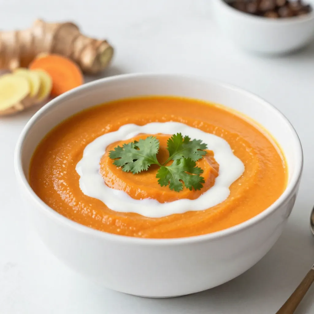 For this roasted carrot ginger soup, you need: - 1 lb carrots, peeled and cut into chunks - 1 medium onion, chopped - 2 tablespoons olive oil - 2 teaspoons fresh ginger, grated - 3 cups vegetable broth - 1 can (14 oz) coconut milk - 1 teaspoon ground cumin - Salt and pepper to taste - Fresh cilantro, for garnish - Optional: 1 tablespoon lemon juice for added freshness Each ingredient plays a role in making the soup rich and tasty. The carrots add natural sweetness, while the ginger gives a spicy kick. The onion brings depth, and coconut milk adds creaminess. You can swap some ingredients if needed. - Instead of carrots, you can use sweet potatoes. - For a different flavor, try using shallots in place of onion. - If you do not have coconut milk, almond milk works well too. - For a spicy touch, add a pinch of cayenne pepper. - You can use chicken broth instead of vegetable broth for a non-vegan option. These substitutions keep the soup delicious while catering to your pantry. This soup is not just tasty; it is also good for you. - Carrots provide beta-carotene, which is great for your eyes. - Ginger is known for helping with digestion and reducing inflammation. - Coconut milk offers healthy fats that can boost energy. - Onions are packed with antioxidants, which help your body stay strong. - Cumin can support digestion and add a unique flavor. With these ingredients, you enjoy a bowl of comfort that is also nutritious. {{ingredient_image_1}} Start by gathering your ingredients. You need 1 pound of carrots and one medium onion. Peel the carrots and cut them into chunks. Chop the onion into small pieces. This helps it cook faster. Place both the carrots and onions in a bowl. Add 2 tablespoons of olive oil, salt, and pepper. Toss them together until well coated. This step adds great flavor to the soup. Now, preheat your oven to 400°F (200°C). Spread the carrot and onion mix on a baking sheet. Make sure they are in a single layer. This helps them roast evenly. Roast them for 25-30 minutes. Check them halfway through and toss them again. You want the carrots to be tender and slightly caramelized. This brings out their natural sweetness. Once the veggies are roasted, transfer them to a large pot. Add 3 cups of vegetable broth and 2 teaspoons of grated ginger. Bring this mixture to a boil. Then, reduce the heat and let it simmer for 10 minutes. This allows the flavors to blend well. Using an immersion blender, blend the soup until it is smooth. If you don’t have one, you can use a countertop blender in batches. After blending, stir in 14 ounces of coconut milk and 1 teaspoon of ground cumin. Heat the soup through and taste it. Adjust the salt and pepper as needed. For a fresh touch, you can add 1 tablespoon of lemon juice. Enjoy your delicious soup! To boost the taste of your soup, consider adding a pinch of spices. Ground cumin adds warmth and depth. You can also add fresh herbs like cilantro for a bright finish. If you want some zing, a tablespoon of lemon juice adds freshness. When blending, taste your soup and adjust the salt and pepper to ensure it shines. A common mistake is not roasting the carrots long enough. Roasting brings out their natural sweetness. Make sure they get tender and caramelized. Another pitfall is adding too much liquid at once. Start with less broth, then add more if needed. Lastly, don't skip the coconut milk; it adds creaminess and balances the flavors. Using the right tools makes cooking easier. An immersion blender is great for blending soup directly in the pot. If you don't have one, a countertop blender works well too. A sharp knife helps you cut the carrots and onions easily. Finally, make sure to have a sturdy baking sheet for roasting. These tools will help you create the best roasted carrot ginger soup. Pro Tips Choose Fresh Carrots: Opt for vibrant, firm carrots for the best flavor and sweetness. Adjusting Spice Levels: If you prefer a spicier soup, consider adding a pinch of cayenne pepper or a dash of hot sauce. Blend for Creaminess: For an ultra-smooth texture, ensure to blend the soup thoroughly until all chunks are eliminated. Storage Tips: This soup stores well in the refrigerator for up to 5 days. Reheat gently on the stove. {{image_2}} You can make roasted carrot ginger soup even more exciting by adding spices. Try adding 1 teaspoon of ground coriander for a fresh note. A pinch of cayenne pepper can give it heat. For a warm touch, add a dash of cinnamon. Each spice brings a new twist to the flavor. This soup is already dairy-free, thanks to coconut milk. If you want to keep it vegan, just stick with the recipe. You can also use almond milk instead of coconut milk. This change will give the soup a nutty flavor while keeping it creamy. Feel free to mix in other veggies for added taste. Sweet potatoes add sweetness and creaminess. You can also use butternut squash for a richer flavor. Adding bell peppers gives it a nice color and taste. Just roast them along with the carrots for the best results. You can store leftover soup in the fridge. Use an airtight container to keep it fresh. It will last for about 4 to 5 days. Make sure the soup cools down before you put it in the fridge. If you want to save some for later, freezing works great. Pour the soup into freezer-safe containers. Leave some space at the top, as soup expands when frozen. It can stay good for about 3 months. When you’re ready to eat it, just thaw it overnight in the fridge. To reheat, pour the soup into a pot. Heat it over medium heat, stirring often. You can also use a microwave. Heat it in short bursts, stirring in between. If the soup is too thick, add a splash of broth or water to get the right texture. This keeps every bowl flavorful and warm. Roasted carrot ginger soup lasts about 4 to 5 days in the fridge. Store it in an airtight container. You can also freeze it for up to 3 months. Just make sure to cool it completely before freezing. This way, it keeps its great taste. Yes, you can use frozen carrots! They work well in this recipe. Just thaw them before roasting. You may need to adjust the roasting time slightly. Aim for them to be tender and slightly caramelized. This soup pairs well with crusty bread or a fresh salad. You could also serve it with grilled cheese for a cozy meal. The flavors blend nicely and make a comforting dish. Try adding a dollop of yogurt or sour cream on top for creaminess. To add some heat, try adding a pinch of cayenne pepper or red pepper flakes. You can also add fresh chili peppers when blending. Start with a small amount and taste as you go to find your perfect spice level. Roasted Carrot Ginger Soup is rich in flavor and nutrients. I covered key ingredients and their benefits, plus tips on how to prep and roast them. We explored variations to keep it interesting and how to store leftovers. Remember, you can adjust the spices to fit your taste. In the end, this soup offers warmth and comfort, making it perfect every time. Enjoy creating your own version and happy cooking!
