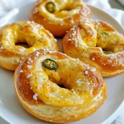 - 2 cups warm water (110°F) - 1 packet (2 ¼ teaspoons) active dry yeast - 2 tablespoons granulated sugar - 5 cups all-purpose flour - 1 tablespoon salt - ½ cup baking soda - 1 large egg (beaten for egg wash) - 1 cup sharp cheddar cheese, shredded - 2-3 jalapeños, finely chopped (seeds removed for less heat) - Coarse sea salt for sprinkling - If you don't have warm water, use room temperature water. - You can swap active dry yeast with instant yeast for a quicker rise. - If you want a milder cheese, try using mozzarella or Monterey Jack. - For a gluten-free option, use a 1:1 gluten-free flour blend. - If fresh jalapeños are not available, use pickled jalapeños instead. - You can use baking powder instead of baking soda, but it changes the taste. - Use a kitchen scale for precise flour measurements. - When measuring liquids, use a clear measuring cup to avoid spills. - Level off dry ingredients with a straight edge for accuracy. - For sticky dough, keep your hands and surfaces lightly floured. - Always check oven temperature with an oven thermometer for best results. {{ingredient_image_1}} Start by mixing warm water, yeast, and sugar. Use about 2 cups of warm water at 110°F. Add 1 packet of active dry yeast and 2 tablespoons of granulated sugar. Let this sit for about 5 minutes. You will see bubbles form on the surface. This means your yeast is active and ready. In a large bowl, whisk together 5 cups of all-purpose flour and 1 tablespoon of salt. Gradually pour in your yeast mixture. Mix it until a dough starts to form. Now, it is time to knead. Place the dough on a floured surface. Knead it for about 5 to 7 minutes. You want it to be smooth and elastic. After kneading, put the dough in a greased bowl. Cover it with a damp towel. Let it rise in a warm spot for about 1 hour or until it doubles in size. Once the dough has risen, punch it down. Divide it into 10 equal pieces. Roll each piece into a long rope, about 18 inches long. Slightly flatten the rope. Place 1 tablespoon of shredded sharp cheddar cheese and a few chopped jalapeños in the center. Fold the dough over the filling. Pinch it to seal. Now twist the ends together to shape it into a pretzel. Fold the ends down to the center. Next, you will poach the pretzels. Boil about 10 cups of water in a large pot and add ½ cup of baking soda. Be careful, as it will bubble. Gently drop each pretzel into the boiling water for about 30 seconds. Remove them with a slotted spoon. Place the pretzels on parchment-lined baking sheets. Brush the tops with a beaten egg and sprinkle with coarse sea salt. Finally, bake them in a preheated oven at 450°F for 12 to 15 minutes, until golden brown. To get the best dough, use warm water at 110°F. This helps the yeast grow. Mix the yeast with sugar and water first. Let it sit for 5 minutes until it gets frothy. This shows the yeast is active. When adding flour, mix gently at first. Then knead for 5 to 7 minutes. The dough should feel smooth and elastic. If it’s sticky, add a bit more flour. When filling the pretzels, use about a tablespoon of cheese and jalapeños. Place the filling in the center of the dough piece. Fold the dough over the filling carefully. Pinch the edges tightly to avoid leaks. If needed, wet your fingers to help seal it better. Make sure no filling peeks out. This keeps the cheese inside while baking. Before baking, boil each pretzel in water mixed with baking soda. This creates a nice crust. Boil them for about 30 seconds. After boiling, place them on a baking sheet. Brush the tops with a beaten egg for a shiny look. Sprinkle coarse sea salt on top before baking. Bake at 450°F for 12 to 15 minutes. Look for a deep golden color. This means your pretzels are ready to enjoy! Pro Tips Use Fresh Jalapeños: Fresh jalapeños will provide a vibrant flavor and a slight crunch. If you prefer more heat, keep some seeds in the filling! Knead Thoroughly: Proper kneading develops the gluten structure in the dough, ensuring your pretzels are chewy and have the perfect texture. Boiling is Key: The baking soda bath is essential for achieving that classic pretzel flavor and dark brown crust. Don’t skip this step! Experiment with Cheese: While sharp cheddar is delicious, try mixing in other cheeses like pepper jack or gouda for a unique twist on your stuffed pretzels. {{image_2}} You can swap the cheddar for other cheeses. Try mozzarella for a gooey inside. Cream cheese adds a rich and smooth texture. Pepper jack gives a spicy kick. You can also mix different cheeses for more flavor. Just remember to shred the cheese for easy melting. Jalapeños can be mild or hot. If you want less heat, remove the seeds. You can also use fewer jalapeños. For more spice, add extra jalapeños or try serrano peppers. You can even use pickled jalapeños for a tangy twist. Adjust the spice to fit your taste. Get creative with your fillings! You can add cooked bacon or sausage for a meaty treat. Spinach and feta create a fresh and tasty option. For a sweet twist, try adding chocolate chips. The possibilities are endless, so experiment with what you love. Have fun with different flavors! To store leftover pretzels, let them cool completely first. Place them in an airtight container. This helps keep them soft and fresh. You can also wrap them in plastic wrap or aluminum foil. Store them at room temperature for up to two days. For longer storage, consider freezing them. To reheat pretzels, preheat your oven to 350°F (175°C). Place the pretzels on a baking sheet. Warm them for about 10 minutes. This method restores their crispy outside and soft inside. You can also use a microwave. Heat for 15-20 seconds, but this may make them a bit chewy. If you want to freeze your pretzels, wrap each one tightly in plastic wrap. Then, place them in a freezer bag or container. They can last for up to three months in the freezer. When you’re ready to eat, thaw them in the fridge overnight. Reheat them in the oven for the best taste. You can easily prepare these pretzels ahead of time. Make the dough and fill it with cheese and jalapeños. After shaping, place each pretzel on a baking sheet. Cover the sheet with plastic wrap and refrigerate. When ready to bake, let them sit at room temperature for about 30 minutes. This helps the dough rise again. Then, boil and bake as usual. Yes, you can use gluten-free flour. Look for a blend designed for yeast baking. This helps the pretzels rise and stay soft. Follow the same steps in the recipe. However, the texture may differ from traditional pretzels. They might be denser but still tasty. Several dips pair well with these pretzels. Here are a few tasty options: - Spicy mustard - Cheese sauce - Ranch dressing - Salsa - Creamy jalapeño dip These dips add extra flavor and make the pretzels even more fun to eat! In this article, we explored how to make delicious pretzels. We covered key ingredients, provided substitutes, and gave measurement tips. The step-by-step instructions guide you through yeast prep, dough mixing, and shaping. We shared tips for perfect texture and baking. You can even try different cheese and spice options. Enjoy these pretzels fresh or stored for later. With the right care, you’ll savor every bite. Get creative with flavors and dips for your perfect snack. Happy baking!