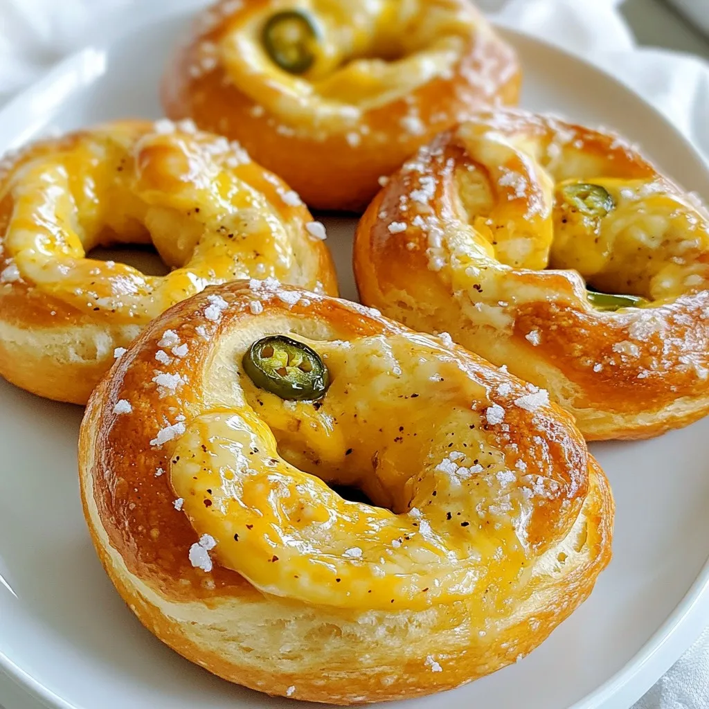 - 2 cups warm water (110°F) - 1 packet (2 ¼ teaspoons) active dry yeast - 2 tablespoons granulated sugar - 5 cups all-purpose flour - 1 tablespoon salt - ½ cup baking soda - 1 large egg (beaten for egg wash) - 1 cup sharp cheddar cheese, shredded - 2-3 jalapeños, finely chopped (seeds removed for less heat) - Coarse sea salt for sprinkling - If you don't have warm water, use room temperature water. - You can swap active dry yeast with instant yeast for a quicker rise. - If you want a milder cheese, try using mozzarella or Monterey Jack. - For a gluten-free option, use a 1:1 gluten-free flour blend. - If fresh jalapeños are not available, use pickled jalapeños instead. - You can use baking powder instead of baking soda, but it changes the taste. - Use a kitchen scale for precise flour measurements. - When measuring liquids, use a clear measuring cup to avoid spills. - Level off dry ingredients with a straight edge for accuracy. - For sticky dough, keep your hands and surfaces lightly floured. - Always check oven temperature with an oven thermometer for best results. {{ingredient_image_1}} Start by mixing warm water, yeast, and sugar. Use about 2 cups of warm water at 110°F. Add 1 packet of active dry yeast and 2 tablespoons of granulated sugar. Let this sit for about 5 minutes. You will see bubbles form on the surface. This means your yeast is active and ready. In a large bowl, whisk together 5 cups of all-purpose flour and 1 tablespoon of salt. Gradually pour in your yeast mixture. Mix it until a dough starts to form. Now, it is time to knead. Place the dough on a floured surface. Knead it for about 5 to 7 minutes. You want it to be smooth and elastic. After kneading, put the dough in a greased bowl. Cover it with a damp towel. Let it rise in a warm spot for about 1 hour or until it doubles in size. Once the dough has risen, punch it down. Divide it into 10 equal pieces. Roll each piece into a long rope, about 18 inches long. Slightly flatten the rope. Place 1 tablespoon of shredded sharp cheddar cheese and a few chopped jalapeños in the center. Fold the dough over the filling. Pinch it to seal. Now twist the ends together to shape it into a pretzel. Fold the ends down to the center. Next, you will poach the pretzels. Boil about 10 cups of water in a large pot and add ½ cup of baking soda. Be careful, as it will bubble. Gently drop each pretzel into the boiling water for about 30 seconds. Remove them with a slotted spoon. Place the pretzels on parchment-lined baking sheets. Brush the tops with a beaten egg and sprinkle with coarse sea salt. Finally, bake them in a preheated oven at 450°F for 12 to 15 minutes, until golden brown. To get the best dough, use warm water at 110°F. This helps the yeast grow. Mix the yeast with sugar and water first. Let it sit for 5 minutes until it gets frothy. This shows the yeast is active. When adding flour, mix gently at first. Then knead for 5 to 7 minutes. The dough should feel smooth and elastic. If it’s sticky, add a bit more flour. When filling the pretzels, use about a tablespoon of cheese and jalapeños. Place the filling in the center of the dough piece. Fold the dough over the filling carefully. Pinch the edges tightly to avoid leaks. If needed, wet your fingers to help seal it better. Make sure no filling peeks out. This keeps the cheese inside while baking. Before baking, boil each pretzel in water mixed with baking soda. This creates a nice crust. Boil them for about 30 seconds. After boiling, place them on a baking sheet. Brush the tops with a beaten egg for a shiny look. Sprinkle coarse sea salt on top before baking. Bake at 450°F for 12 to 15 minutes. Look for a deep golden color. This means your pretzels are ready to enjoy! Pro Tips Use Fresh Jalapeños: Fresh jalapeños will provide a vibrant flavor and a slight crunch. If you prefer more heat, keep some seeds in the filling! Knead Thoroughly: Proper kneading develops the gluten structure in the dough, ensuring your pretzels are chewy and have the perfect texture. Boiling is Key: The baking soda bath is essential for achieving that classic pretzel flavor and dark brown crust. Don’t skip this step! Experiment with Cheese: While sharp cheddar is delicious, try mixing in other cheeses like pepper jack or gouda for a unique twist on your stuffed pretzels. {{image_2}} You can swap the cheddar for other cheeses. Try mozzarella for a gooey inside. Cream cheese adds a rich and smooth texture. Pepper jack gives a spicy kick. You can also mix different cheeses for more flavor. Just remember to shred the cheese for easy melting. Jalapeños can be mild or hot. If you want less heat, remove the seeds. You can also use fewer jalapeños. For more spice, add extra jalapeños or try serrano peppers. You can even use pickled jalapeños for a tangy twist. Adjust the spice to fit your taste. Get creative with your fillings! You can add cooked bacon or sausage for a meaty treat. Spinach and feta create a fresh and tasty option. For a sweet twist, try adding chocolate chips. The possibilities are endless, so experiment with what you love. Have fun with different flavors! To store leftover pretzels, let them cool completely first. Place them in an airtight container. This helps keep them soft and fresh. You can also wrap them in plastic wrap or aluminum foil. Store them at room temperature for up to two days. For longer storage, consider freezing them. To reheat pretzels, preheat your oven to 350°F (175°C). Place the pretzels on a baking sheet. Warm them for about 10 minutes. This method restores their crispy outside and soft inside. You can also use a microwave. Heat for 15-20 seconds, but this may make them a bit chewy. If you want to freeze your pretzels, wrap each one tightly in plastic wrap. Then, place them in a freezer bag or container. They can last for up to three months in the freezer. When you’re ready to eat, thaw them in the fridge overnight. Reheat them in the oven for the best taste. You can easily prepare these pretzels ahead of time. Make the dough and fill it with cheese and jalapeños. After shaping, place each pretzel on a baking sheet. Cover the sheet with plastic wrap and refrigerate. When ready to bake, let them sit at room temperature for about 30 minutes. This helps the dough rise again. Then, boil and bake as usual. Yes, you can use gluten-free flour. Look for a blend designed for yeast baking. This helps the pretzels rise and stay soft. Follow the same steps in the recipe. However, the texture may differ from traditional pretzels. They might be denser but still tasty. Several dips pair well with these pretzels. Here are a few tasty options: - Spicy mustard - Cheese sauce - Ranch dressing - Salsa - Creamy jalapeño dip These dips add extra flavor and make the pretzels even more fun to eat! In this article, we explored how to make delicious pretzels. We covered key ingredients, provided substitutes, and gave measurement tips. The step-by-step instructions guide you through yeast prep, dough mixing, and shaping. We shared tips for perfect texture and baking. You can even try different cheese and spice options. Enjoy these pretzels fresh or stored for later. With the right care, you’ll savor every bite. Get creative with flavors and dips for your perfect snack. Happy baking!