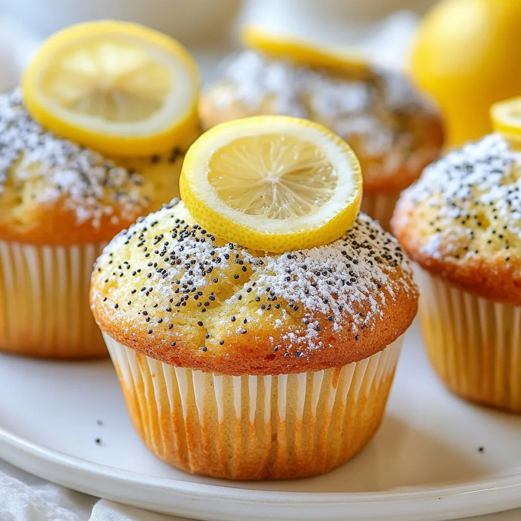 - 1 ½ cups all-purpose flour - 1 teaspoon baking powder - ½ teaspoon baking soda - ¼ teaspoon salt - 1 tablespoon poppy seeds - 1 cup granulated sugar - 1 large egg - ½ cup plain Greek yogurt - ½ cup vegetable oil - 2 tablespoons fresh lemon juice - Zest of 2 lemons - ½ teaspoon vanilla extract Using fresh lemons is key. Fresh lemons give a bright, zesty flavor. They make your muffins taste amazing. Look for lemons with smooth skin and a firm feel. This means they are juicy. Choosing the right Greek yogurt matters too. Use plain Greek yogurt for the best results. It adds moisture and a slight tang. This tang balances the sweetness from the sugar. Aim for a yogurt that is creamy and thick. If you want to swap out all-purpose flour, try almond flour. It’s gluten-free and adds a nutty flavor. Coconut flour is another option, but use less of it. It absorbs more moisture. For a healthier muffin, replace granulated sugar with honey or maple syrup. These sweeteners add flavor and moisture. You can also use coconut sugar for a lower glycemic index. Adjust the liquid in your recipe if you switch to liquid sweeteners. {{ingredient_image_1}} 1. Preheat your oven to 350°F (175°C). This is key for baking. 2. Line a 12-cup muffin tin with paper liners. You can also grease it with non-stick spray. 1. In a medium bowl, combine the flour, baking powder, baking soda, salt, and poppy seeds. 2. Whisk these together until they mix well. This helps the muffins rise evenly. 1. In another bowl, beat the sugar and egg together. Mix until it looks light and fluffy. 2. Then add the Greek yogurt, oil, lemon juice, lemon zest, and vanilla extract. Stir until it is smooth. 1. Gradually fold the dry mixture into the wet mixture. 2. Do this gently until just combined. It’s okay if there are a few lumps. 1. Fill the muffin tin cups about two-thirds full with batter. 2. Bake for 18-20 minutes. Use a toothpick to check if they are done. It should come out clean. 1. Let the muffins rest in the tin for about 5 minutes. This keeps them moist. 2. After that, transfer them to a wire rack to cool completely. This helps them stay fluffy. A great muffin starts with the right texture. Do not overmix your batter. Overmixing leads to tough muffins. Mix until the dry and wet ingredients just come together. A few lumps are okay; they help keep your muffins light. Measuring flour correctly is also key. Use the spoon-and-level method. Spoon the flour into your measuring cup, then level it off with a straight edge. This method prevents too much flour. Too much flour makes muffins dense. To boost flavor, consider adding extras like lemon zest or fresh blueberries. Both pair well with lemon. You can also use lemon extract for more zesty flavor. Just a few drops can brighten your muffins. One common mistake is overfilling the muffin cups. Fill each cup about two-thirds full. This gives muffins room to rise without spilling over. Another mistake is baking at the wrong temperature. Make sure your oven is preheated to 350°F (175°C). An incorrect temperature can lead to uneven baking. Always check with an oven thermometer for accuracy. Pro Tips Use Fresh Lemons: For the best flavor, always use fresh lemons for juice and zest instead of bottled lemon juice. Don’t Overmix: Mix the batter until just combined to ensure the muffins remain light and fluffy. A few lumps are okay! Cool Before Serving: Allow the muffins to cool completely on a wire rack to maintain their texture and prevent sogginess. Add Extra Poppy Seeds: For an enhanced crunch and a pop of flavor, sprinkle additional poppy seeds on top of the muffins before baking. {{image_2}} You can mix things up with these fun flavors. First, try blueberry lemon poppy seed muffins. Just fold in fresh blueberries into the batter. The berries add a sweet burst that pairs well with lemon. Next, consider raspberry lemon muffins. Add fresh raspberries instead of blueberries. The tartness of the raspberries enhances the lemon flavor, making a delightful treat. If you need a gluten-free option, swap the all-purpose flour with a gluten-free blend. Make sure it has a good binding agent. This way, you can enjoy the same tasty muffins without gluten. For those who prefer vegan options, replace the egg with a flax egg. Mix one tablespoon of ground flaxseed with three tablespoons of water. Let it sit for five minutes. You can also use a plant-based yogurt instead of Greek yogurt. You can change the spices based on the season. In winter, add a pinch of cinnamon or nutmeg for warmth. These spices blend well with lemon and poppy seeds. In summer, try adding fruits like diced peaches or strawberries. These fruits bring a fresh taste and add a lovely color to your muffins. To keep your lemon poppy seed muffins fresh, use an airtight container. This keeps them moist. If you don’t have one, a zip-top bag works too. Store them at room temperature for up to three days. Avoid the fridge, as it can dry them out. You can freeze these muffins for later. First, let them cool completely. Then wrap each muffin in plastic wrap. Place them in a freezer bag or container. Frozen muffins last about three months. To thaw, leave them out at room temp or microwave for a few seconds. To enjoy warm muffins, try reheating them in the oven. Preheat it to 350°F (175°C) and bake for about five to ten minutes. This keeps the muffins soft. You can also use a microwave. Heat for about 10-15 seconds, but be careful not to overdo it. This way, you keep the moisture and texture just right. To check if your muffins are done, use the toothpick test. Simply insert a toothpick into the center of a muffin. If it comes out clean or with just a few crumbs, your muffins are ready. If the toothpick has wet batter on it, bake for a few more minutes. This test helps you avoid undercooked muffins. Yes, you can make the batter ahead of time. Store it in the fridge for up to 24 hours. Just cover it tightly with plastic wrap or place it in an airtight container. When you are ready to bake, give it a gentle stir before filling the muffin cups. This keeps your muffins fresh and tasty. If you don’t have Greek yogurt, you can use plain yogurt or sour cream. Both will work well and keep the muffins moist. You can also use applesauce for a healthier twist. Just keep in mind that it may change the flavor a bit. These muffins go great with many things. Try serving them with butter or cream cheese for a tasty spread. They also pair well with fresh fruit, like strawberries or blueberries. A cup of tea or coffee makes a lovely drink choice, too. Enjoy them for breakfast, a snack, or even dessert! You learned how to make delicious lemon poppy seed muffins. We covered the key ingredients, steps, and helpful tips. Quality matters, so always pick fresh lemons and good Greek yogurt. Remember common mistakes like overfilling cups or not preheating your oven. You can also try fun variations and smart storage tips. With these tools, you'll create tasty treats every time. Enjoy baking!