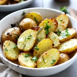 To make Parmesan Herb Roasted Fingerling Potatoes, gather these key items: - 1.5 pounds fingerling potatoes, halved lengthwise - 1/4 cup olive oil - 1/2 cup grated Parmesan cheese - 2 teaspoons garlic powder - 1 teaspoon onion powder - 1 tablespoon fresh rosemary, chopped - 1 tablespoon fresh thyme, chopped - Salt and pepper to taste - Fresh parsley, chopped (for garnish) You can add some fun twists to the dish with these optional ingredients: - Fresh basil for a sweet note - Lemon zest for a bright kick - Smoked paprika for a hint of spice - Red pepper flakes for heat Using the right tools can make cooking easier. Here are my top picks: - Large mixing bowl for tossing ingredients - Baking sheet lined with parchment paper - Sharp knife for cutting potatoes - Measuring cups and spoons for accuracy - Spatula for even spreading on the baking sheet These ingredients and tools set you up for success. Enjoy the process of making this tasty dish! {{ingredient_image_1}} First, gather your ingredients. You will need: - 1.5 pounds fingerling potatoes, halved lengthwise - 1/4 cup olive oil - 1/2 cup grated Parmesan cheese - 2 teaspoons garlic powder - 1 teaspoon onion powder - 1 tablespoon fresh rosemary, chopped - 1 tablespoon fresh thyme, chopped - Salt and pepper to taste - Fresh parsley, chopped (for garnish) Next, preheat your oven to 425°F (220°C). This step is important for crispy potatoes. In a large mixing bowl, add the halved fingerling potatoes. Pour in the olive oil, then sprinkle the garlic powder, onion powder, rosemary, thyme, salt, and pepper. Toss everything well. Make sure all potatoes are coated with the mix. Now, spread the potatoes in a single layer on a baking sheet lined with parchment paper. This makes cleanup easy. Roast the potatoes in the oven for about 25 minutes. You want them to turn golden brown and crispy. After 25 minutes, take the baking sheet out. Sprinkle the grated Parmesan cheese evenly over the potatoes. Return the baking sheet to the oven. Roast for another 10-15 minutes. Keep an eye on them until the cheese melts and bubbles. The potatoes should be tender inside. Once done, take them out and let them cool a bit. Garnish your potatoes with fresh parsley before serving. This adds color and freshness. For a lovely presentation, use a rustic wooden bowl or a bright serving platter. Pile the potatoes high for a tempting display. You can also add a sprig of fresh rosemary on top for extra flair. Enjoy your delicious Parmesan Herb Roasted Fingerling Potatoes! To get crispy potatoes, start by cutting them in half. This helps them cook faster. Use a large bowl to mix the potatoes with olive oil and seasonings. Toss well so every piece gets coated. Spread the potatoes on a baking sheet, making sure they’re in a single layer. This way, they roast evenly. High heat works best, so set your oven to 425°F (220°C). Roast them until they turn golden brown, about 25 minutes. Fresh herbs add great flavor to your potatoes. I love using rosemary and thyme. They bring a warm and earthy taste. You can also try parsley for a fresh touch. If you want more flavor, add garlic powder and onion powder. These spices work well together. Feel free to mix in other herbs like oregano or basil. Each choice gives the dish a unique twist. One mistake is overcrowding the baking sheet. If the potatoes are too close, they will steam instead of roast. This makes them soggy. Another mistake is not preheating the oven. Cooking at the right temperature is key for crispiness. Lastly, don’t skip the cheese! Sprinkling Parmesan adds a crunchy layer that makes the dish special. Make sure to watch the potatoes closely during the last minutes of roasting. This ensures they don’t burn. Pro Tips Choose Uniform Potatoes: Select fingerling potatoes that are similar in size to ensure even cooking and a consistent texture. Don't Skip the Parchment: Lining the baking sheet with parchment paper helps prevent sticking and makes cleanup a breeze. Experiment with Herbs: Feel free to substitute or add other herbs like thyme or oregano for a unique flavor twist. Serve Immediately: These potatoes are best enjoyed fresh out of the oven while they're still crispy and warm. {{image_2}} You can add garlic for a deeper flavor. Use 2-3 cloves of fresh garlic. Mince the garlic and mix it with the potatoes. This will give your dish a lovely, aromatic twist. The garlic will roast well, making it sweet and soft. Want a vegan option? Just skip the Parmesan cheese. You can use nutritional yeast instead. It adds a cheesy taste without dairy. Mix in 1/4 cup of nutritional yeast during the last roasting step. You’ll still get that nice, crispy texture and flavor. Feel free to mix in other veggies! Carrots, bell peppers, and zucchini work well. Cut them into similar sizes to the potatoes for even cooking. Toss them in the same olive oil and herbs. This adds color and nutrients to your dish. You’ll create a beautiful, vibrant plate that everyone will love. After enjoying your Parmesan herb roasted fingerling potatoes, store any leftovers right away. Place them in an airtight container. This helps keep them fresh. You can store them in the fridge for up to three days. Make sure they cool down before sealing. This way, they won’t steam and get soggy. To reheat your potatoes, use the oven for the best results. Preheat your oven to 350°F (175°C). Spread the potatoes on a baking sheet. Warm them for about 10 to 15 minutes. This will make them crispy again. You can also use a microwave, but they may not be as crispy. Heat them in short bursts until hot. You can freeze these tasty potatoes if you want to save them for later. First, let them cool completely. Then, spread them out on a baking sheet. Freeze them for about an hour until firm. After that, transfer them to a freezer bag. They can be frozen for up to three months. To cook them, just bake them straight from the freezer. Add a few extra minutes to the cooking time for the best results. Fingerling potatoes are small, thin potatoes shaped like fingers. They come in many colors, such as yellow, purple, and red. These potatoes are creamy and rich in flavor. Their unique shape makes them fun to cook and serve. They have a waxy texture, which helps them hold their shape during cooking. This makes them great for roasting. Yes, you can make this dish ahead of time. You can prep the potatoes and season them earlier in the day. Just cover them and store them in the fridge. When you're ready to cook, simply roast them as the recipe states. For the best taste, roast them fresh if you can. They taste best right out of the oven. These roasted potatoes pair well with many dishes. Try serving them with grilled chicken or fish for a complete meal. They also go great with a fresh salad. If you want a hearty meal, serve them with steak or pork chops. You can even enjoy them as a snack or side dish at a barbecue. Their flavor complements many foods, making them a versatile choice. This blog post covered everything you need to make the perfect roasted fingerling potatoes. You learned about the essential and optional ingredients, useful tools, and easy step-by-step instructions to follow. We also discussed tips for crispiness and how to add flavor. You can try various versions, store leftovers, and even find answers to common questions. Enjoying this simple yet delicious dish can enhance any meal. Cook with confidence and share your tasty results!