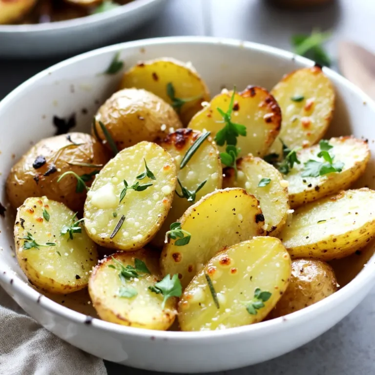 To make Parmesan Herb Roasted Fingerling Potatoes, gather these key items: - 1.5 pounds fingerling potatoes, halved lengthwise - 1/4 cup olive oil - 1/2 cup grated Parmesan cheese - 2 teaspoons garlic powder - 1 teaspoon onion powder - 1 tablespoon fresh rosemary, chopped - 1 tablespoon fresh thyme, chopped - Salt and pepper to taste - Fresh parsley, chopped (for garnish) You can add some fun twists to the dish with these optional ingredients: - Fresh basil for a sweet note - Lemon zest for a bright kick - Smoked paprika for a hint of spice - Red pepper flakes for heat Using the right tools can make cooking easier. Here are my top picks: - Large mixing bowl for tossing ingredients - Baking sheet lined with parchment paper - Sharp knife for cutting potatoes - Measuring cups and spoons for accuracy - Spatula for even spreading on the baking sheet These ingredients and tools set you up for success. Enjoy the process of making this tasty dish! {{ingredient_image_1}} First, gather your ingredients. You will need: - 1.5 pounds fingerling potatoes, halved lengthwise - 1/4 cup olive oil - 1/2 cup grated Parmesan cheese - 2 teaspoons garlic powder - 1 teaspoon onion powder - 1 tablespoon fresh rosemary, chopped - 1 tablespoon fresh thyme, chopped - Salt and pepper to taste - Fresh parsley, chopped (for garnish) Next, preheat your oven to 425°F (220°C). This step is important for crispy potatoes. In a large mixing bowl, add the halved fingerling potatoes. Pour in the olive oil, then sprinkle the garlic powder, onion powder, rosemary, thyme, salt, and pepper. Toss everything well. Make sure all potatoes are coated with the mix. Now, spread the potatoes in a single layer on a baking sheet lined with parchment paper. This makes cleanup easy. Roast the potatoes in the oven for about 25 minutes. You want them to turn golden brown and crispy. After 25 minutes, take the baking sheet out. Sprinkle the grated Parmesan cheese evenly over the potatoes. Return the baking sheet to the oven. Roast for another 10-15 minutes. Keep an eye on them until the cheese melts and bubbles. The potatoes should be tender inside. Once done, take them out and let them cool a bit. Garnish your potatoes with fresh parsley before serving. This adds color and freshness. For a lovely presentation, use a rustic wooden bowl or a bright serving platter. Pile the potatoes high for a tempting display. You can also add a sprig of fresh rosemary on top for extra flair. Enjoy your delicious Parmesan Herb Roasted Fingerling Potatoes! To get crispy potatoes, start by cutting them in half. This helps them cook faster. Use a large bowl to mix the potatoes with olive oil and seasonings. Toss well so every piece gets coated. Spread the potatoes on a baking sheet, making sure they’re in a single layer. This way, they roast evenly. High heat works best, so set your oven to 425°F (220°C). Roast them until they turn golden brown, about 25 minutes. Fresh herbs add great flavor to your potatoes. I love using rosemary and thyme. They bring a warm and earthy taste. You can also try parsley for a fresh touch. If you want more flavor, add garlic powder and onion powder. These spices work well together. Feel free to mix in other herbs like oregano or basil. Each choice gives the dish a unique twist. One mistake is overcrowding the baking sheet. If the potatoes are too close, they will steam instead of roast. This makes them soggy. Another mistake is not preheating the oven. Cooking at the right temperature is key for crispiness. Lastly, don’t skip the cheese! Sprinkling Parmesan adds a crunchy layer that makes the dish special. Make sure to watch the potatoes closely during the last minutes of roasting. This ensures they don’t burn. Pro Tips Choose Uniform Potatoes: Select fingerling potatoes that are similar in size to ensure even cooking and a consistent texture. Don't Skip the Parchment: Lining the baking sheet with parchment paper helps prevent sticking and makes cleanup a breeze. Experiment with Herbs: Feel free to substitute or add other herbs like thyme or oregano for a unique flavor twist. Serve Immediately: These potatoes are best enjoyed fresh out of the oven while they're still crispy and warm. {{image_2}} You can add garlic for a deeper flavor. Use 2-3 cloves of fresh garlic. Mince the garlic and mix it with the potatoes. This will give your dish a lovely, aromatic twist. The garlic will roast well, making it sweet and soft. Want a vegan option? Just skip the Parmesan cheese. You can use nutritional yeast instead. It adds a cheesy taste without dairy. Mix in 1/4 cup of nutritional yeast during the last roasting step. You’ll still get that nice, crispy texture and flavor. Feel free to mix in other veggies! Carrots, bell peppers, and zucchini work well. Cut them into similar sizes to the potatoes for even cooking. Toss them in the same olive oil and herbs. This adds color and nutrients to your dish. You’ll create a beautiful, vibrant plate that everyone will love. After enjoying your Parmesan herb roasted fingerling potatoes, store any leftovers right away. Place them in an airtight container. This helps keep them fresh. You can store them in the fridge for up to three days. Make sure they cool down before sealing. This way, they won’t steam and get soggy. To reheat your potatoes, use the oven for the best results. Preheat your oven to 350°F (175°C). Spread the potatoes on a baking sheet. Warm them for about 10 to 15 minutes. This will make them crispy again. You can also use a microwave, but they may not be as crispy. Heat them in short bursts until hot. You can freeze these tasty potatoes if you want to save them for later. First, let them cool completely. Then, spread them out on a baking sheet. Freeze them for about an hour until firm. After that, transfer them to a freezer bag. They can be frozen for up to three months. To cook them, just bake them straight from the freezer. Add a few extra minutes to the cooking time for the best results. Fingerling potatoes are small, thin potatoes shaped like fingers. They come in many colors, such as yellow, purple, and red. These potatoes are creamy and rich in flavor. Their unique shape makes them fun to cook and serve. They have a waxy texture, which helps them hold their shape during cooking. This makes them great for roasting. Yes, you can make this dish ahead of time. You can prep the potatoes and season them earlier in the day. Just cover them and store them in the fridge. When you're ready to cook, simply roast them as the recipe states. For the best taste, roast them fresh if you can. They taste best right out of the oven. These roasted potatoes pair well with many dishes. Try serving them with grilled chicken or fish for a complete meal. They also go great with a fresh salad. If you want a hearty meal, serve them with steak or pork chops. You can even enjoy them as a snack or side dish at a barbecue. Their flavor complements many foods, making them a versatile choice. This blog post covered everything you need to make the perfect roasted fingerling potatoes. You learned about the essential and optional ingredients, useful tools, and easy step-by-step instructions to follow. We also discussed tips for crispiness and how to add flavor. You can try various versions, store leftovers, and even find answers to common questions. Enjoying this simple yet delicious dish can enhance any meal. Cook with confidence and share your tasty results!