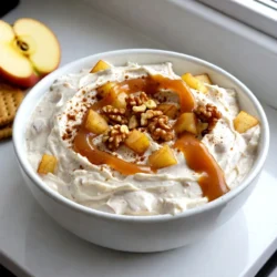 Cream cheese is the star of this dip. Use 8 ounces of softened cream cheese. This gives the dip its rich and creamy texture. Next, you'll need 1/2 cup of powdered sugar. This sweetens the dip nicely without making it grainy. For a tangy twist, add 1 cup of Greek yogurt. It makes the dip light and fluffy. You'll need 1/2 cup of caramel sauce, plus more for drizzling. This adds a lovely sweetness and smoothness. Choose 1 medium apple, diced. I like Granny Smith or Honeycrisp for their crispness and tartness. Add 1/2 teaspoon of cinnamon. It gives the dip a warm, comforting flavor that pairs well with apples. If you want some crunch, consider 1/4 cup of chopped walnuts or pecans. These add a nice texture. Serve the dip with sliced apples and graham crackers. They make perfect dippers and complement the flavors well. {{ingredient_image_1}} Start by taking 8 oz of softened cream cheese. Place it in a large mixing bowl. Use a hand mixer to beat it until it’s smooth and creamy. This step is key for a great texture. You want it to be fluffy and easy to mix. Next, add 1/2 cup of powdered sugar and 1 tsp of vanilla extract. Mix these in slowly until they combine well with the cream cheese. This adds sweetness and flavor. Make sure there are no lumps left in the mixture. Now, it's time to fold in 1 cup of Greek yogurt. This gives the dip a nice tangy taste. Use a spatula to mix it gently. Be careful not to over-mix; you want it creamy and smooth. Pour in 1/2 cup of caramel sauce. Stir this in carefully until it spreads evenly throughout the dip. The caramel adds a rich, sweet flavor that pairs perfectly with the apples. Take 1 medium apple, diced, and add it to the bowl. Preferably use a Granny Smith or Honeycrisp apple for a nice crunch. Add 1/2 tsp of cinnamon for warmth. Gently fold these in to keep the apple pieces intact. Finally, transfer the dip to a serving bowl. Drizzle some extra caramel sauce on top for added flair. If you want a nutty crunch, sprinkle 1/4 cup of chopped walnuts or pecans on top. Now your dip is ready to enjoy with sliced apples and graham crackers! Use Granny Smith or Honeycrisp apples for this dip. These apples add a nice tartness. Their crisp texture holds up well in the dip. You can also try Fuji apples for a sweeter option. Just pick apples that are firm and fresh. This helps enhance the flavor and crunch. To get a creamy dip, make sure the cream cheese is softened. Beat it well until smooth. Gradually add the powdered sugar and vanilla extract. This helps create a fluffy texture. Folding in Greek yogurt adds creaminess without making it too heavy. Stir gently to keep everything light and airy. You can add your own twist to this dip. Try mixing in chocolate chips for sweetness. Chopped nuts like walnuts or pecans add a crunchy texture. If you want a spicier flavor, add more cinnamon or even a pinch of nutmeg. Adjust the caramel sauce for more sweetness if you like. Serve this dip in a nice bowl. Drizzle extra caramel sauce on top for a pretty look. Use sliced apples and graham crackers for dipping. You can even add pretzels for a salty crunch. Arrange everything nicely on a platter for your guests. This makes for a fun and inviting presentation. Pro Tips Use Room Temperature Cream Cheese: Allowing your cream cheese to soften at room temperature helps achieve a smoother, creamier dip without lumps. Choose the Right Apples: For a perfect balance of sweetness and tartness, opt for Granny Smith or Honeycrisp apples, which pair well with the creamy dip. Customize Your Toppings: Feel free to get creative with toppings! Try adding chocolate chips, toffee bits, or even a sprinkle of sea salt for extra flavor. Make It Ahead: This dip can be prepared a few hours in advance. Just keep it covered in the fridge and add the caramel drizzle right before serving for freshness. {{image_2}} You can make this dip even better by adding nuts or chocolate. Walnuts or pecans give a nice crunch. Just chop them up and fold them in gently. If you love chocolate, try mixing in mini chocolate chips. They add a sweet touch that pairs great with apples. You can also drizzle melted chocolate on top for a fun twist. If you want a lighter dip, use yogurt instead of cream cheese. Greek yogurt is thick and creamy, making it a good choice. You can also try low-fat cream cheese for less fat. This keeps the dip tasty but lighter. If you want extra protein, use a high-protein yogurt. This way, you can enjoy the dip without feeling guilty. Change the flavors with the seasons for fun! In the fall, add pumpkin spice to give it a cozy vibe. Just mix in a teaspoon of pumpkin spice for a warm aroma. During the holidays, you can add a hint of nutmeg or ginger. These spices bring a festive feel to your dip. It's a great way to impress guests at parties! To keep your caramel apple cheesecake dip fresh, cover it well. Use plastic wrap or a lid. Store it in the fridge. This dip is best enjoyed cold. Choose a container that seals tightly. Glass or plastic containers work well. They help keep air out and flavors in. If you have a small container, that’s great for leftovers too. This dip will last about three days in the fridge. After that, it may lose some taste. You can serve it cold straight from the fridge. Reheating is not needed. Just stir it gently if it separates. Enjoy your dip with fresh apples and graham crackers! Yes, you can make this dip ahead of time. I recommend preparing it a day before your party. Just store it in the fridge in a sealed container. This helps the flavors mix well. When it's time to serve, just give it a quick stir and add more caramel on top. If you need a substitute for cream cheese, try using Greek yogurt or mascarpone cheese. Both options give a creamy texture. Greek yogurt makes it lighter, while mascarpone adds richness. You can also use dairy-free cream cheese if you prefer a vegan option. To make homemade caramel sauce, you only need sugar and water. Start by heating 1 cup of sugar and 1/4 cup of water in a saucepan. Stir until the sugar dissolves. Then, let it boil without stirring. Once it turns golden brown, remove it from heat and slowly add 1/2 cup of heavy cream. Be careful, as it will bubble up. Stir until smooth, then let it cool. I love using apples for this dip. Sliced Granny Smith or Honeycrisp apples are perfect. They are crisp and a bit tart. Other great options include pears, strawberries, and bananas. You can even try dipping pretzels or graham crackers for a fun twist. Yes, you can easily make this dip gluten-free. Just serve it with gluten-free graham crackers or fresh fruit. Many brands offer gluten-free options that taste great. Always check the labels to ensure they meet your needs. You can make a great Caramel Apple Cheesecake Dip with simple ingredients. We covered cream cheese, Greek yogurt, and caramel sauce, along with fresh apples and spices. I shared step-by-step instructions and tips to help you get the textures just right. Try adding nuts or seasonal flavors to make it your own. Don’t forget to store any leftovers properly to keep it fresh. Enjoy this fun dip with friends and family. It will be a hit for any occasion!