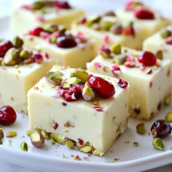 To make delicious cranberry pistachio fudge, you need a few key ingredients. Here’s what you will need: - 2 cups white chocolate chips - 1 can (14 oz) sweetened condensed milk - 1 cup dried cranberries, chopped - 1 cup unsalted pistachios, roughly chopped - 1 teaspoon vanilla extract - 1/2 teaspoon sea salt - Optional toppings: extra pistachios and cranberries These ingredients combine to create a sweet and crunchy treat. The white chocolate gives a creamy base, while the cranberries add a tart kick. The pistachios bring a nice crunch and nutty flavor. You can even dress it up with extra toppings to make it look fancy! Each bite bursts with flavor, making this fudge hard to resist. {{ingredient_image_1}} - Line the baking pan with parchment paper. Leave some paper over the edges. This helps with removal later. - Melt 2 cups of white chocolate chips with 1 can of sweetened condensed milk in a medium saucepan. Use low heat. Stir gently until the mix is smooth. - Take the pan off the heat. Add 1 teaspoon of vanilla extract and 1/2 teaspoon of sea salt. Stir until mixed well. - Now, fold in 1 cup of chopped dried cranberries and 1 cup of roughly chopped pistachios. Make sure they are evenly spread throughout the fudge. - Pour the mixture into your lined baking pan. Use a spatula to smooth the top. - If you like, sprinkle extra pistachios and cranberries on top. Lightly press them into the fudge. - Refrigerate the fudge for at least 2-3 hours until it is firm. When ready, lift the fudge out using the parchment overhang. - Cut the fudge into small squares or rectangles, then serve. With each step, you create a sweet treat that looks and tastes amazing! To make smooth fudge, you need to cool it properly. Cooling lets the fudge set well. If you skip this step, you might end up with a gooey mess. Patience is key; let it chill for 2-3 hours. To avoid grainy fudge, stir gently when melting. If you heat the chocolate too fast, it can seize up. Always use low heat and stir consistently until smooth. When serving your fudge, use a pretty platter. For a special touch, drizzle melted chocolate over the top. You can also paint the edges with edible gold dust. It makes your fudge look fancy and taste even better. You can cut the fudge into small squares or rectangles. Each piece should be bite-sized for easy enjoyment. Consider adding a few whole pistachios or cranberries on top for extra flair. One big mistake is overheating the chocolate. If it gets too hot, the texture will change and won't melt right. Always stick to low heat. Another common error is measuring ingredients incorrectly. Use precise measurements, as even a small mistake can change the taste or texture. Always double-check your amounts before mixing. Pro Tips Use High-Quality Chocolate: The flavor of your fudge will greatly depend on the quality of the white chocolate you choose. Opt for a premium brand for a richer taste. Chop Ingredients Evenly: When chopping cranberries and pistachios, aim for uniform pieces to ensure they distribute evenly throughout the fudge and provide a consistent texture. Let it Cool Gradually: After melting the chocolate, allow the mixture to cool slightly before adding the cranberries and pistachios. This helps maintain their texture and prevents them from becoming too soft. Store Properly: To keep your fudge fresh, store it in an airtight container in the refrigerator. It can last up to two weeks if kept properly. {{image_2}} You can boost the flavor of your fudge. Adding citrus zest is a great start. Try orange or lemon zest for a fresh twist. It gives a bright note that pairs well with cranberries. Using dark chocolate is another fun option. Swap the white chocolate chips for dark chocolate ones. This change gives a bolder taste that many enjoy. You can mix and match flavors until you find your favorite combo. Feel free to mix up the nuts and fruits. If you prefer walnuts or almonds, use those instead. Dried cherries or raisins can also work well in place of cranberries. This gives you the chance to create your own unique fudge. If you want a dairy-free version, use dairy-free chocolate chips and coconut milk. This way, you keep the rich flavor without any dairy. It’s perfect for those with dietary restrictions. You can make holiday-themed fudge too. Add peppermint extract for a festive touch. This is great for Christmas treats or parties. For seasonal twists, consider using pumpkin spice in the fall. You can mix in some chopped pecans for an autumn feel. Seasonal flavors can make your fudge feel special all year long. To keep your cranberry pistachio fudge fresh, store it in an airtight container. This helps prevent moisture loss and keeps flavors intact. You can place parchment paper between layers of fudge to stop sticking. For refrigeration, place the container in the fridge. The fudge can last longer this way. If you want to freeze it, wrap each piece in plastic wrap, then put them in a freezer bag. This method keeps the fudge tasty for months. Cranberry pistachio fudge can last up to two weeks in the fridge. When stored properly in the freezer, it can last up to three months. Always check for signs of spoilage. If you see any mold or off smells, discard the fudge. If your fudge becomes stale, you can restore some freshness. Place it in a warm spot for a few minutes. This helps soften the fudge. You can also microwave it for a few seconds, but be careful not to melt it completely. Enjoy your fudge at its best! You can store Cranberry Pistachio Fudge in an airtight container. Keep it in the fridge for best results. If you want to store it longer, you can freeze it. Just wrap it well in plastic wrap before placing it in a freezer bag. This way, it stays fresh for a few months. Yes, you can make this fudge ahead of time. It sets well in the fridge and stays tasty for days. Making it a few days before a party saves you time. Just remember to cut it into squares before serving. If you want a swap for white chocolate, try using dark chocolate. It will give your fudge a richer taste. You can also use milk chocolate if you prefer a sweeter flavor. Just make sure to adjust the sweetness of the condensed milk if you use a different chocolate. Yes, Cranberry Pistachio Fudge is gluten-free. All the ingredients in the recipe contain no gluten. Just double-check the labels on your chocolate and condensed milk to ensure they are gluten-free. This makes it a safe treat for those with gluten sensitivities. You now know how to make delicious Cranberry Pistachio Fudge with simple steps. We covered the right ingredients, preparation, and how to avoid common mistakes. Remember to focus on cooling time for the perfect texture. Get creative with flavors and storage tips to enjoy this treat longer. Whether for a holiday or just a snack, this fudge is fun to make and share. Embrace your inner chef and enjoy your homemade fudge today!