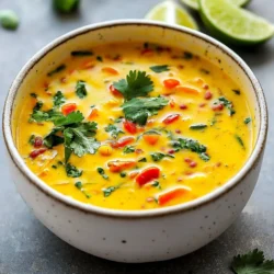To make Coconut Curry Lentil Soup, gather these ingredients: - 1 cup red lentils, rinsed - 1 can (13.5 oz) coconut milk - 4 cups vegetable broth - 1 medium onion, diced - 3 cloves garlic, minced - 1 tablespoon fresh ginger, minced - 2 tablespoons curry powder - 1 teaspoon turmeric - 1 teaspoon cumin - 1 medium carrot, diced - 1 red bell pepper, diced - 1 cup baby spinach - 2 tablespoons olive oil - Salt and pepper to taste - Fresh cilantro for garnish (optional) - Lime wedges for serving (optional) This soup is not just tasty; it's good for you too. Here’s a quick look at the nutrition: - Calories: About 300 per serving - Protein: 10g - Carbohydrates: 45g - Fiber: 15g - Fat: 10g The red lentils provide protein and fiber. Coconut milk adds healthy fat. This Coconut Curry Lentil Soup fits many diets. It is: - Vegan: No animal products are used. - Gluten-Free: All ingredients are free from gluten. It's perfect for anyone looking to eat plant-based meals. Enjoy this warm, hearty soup without worry! {{ingredient_image_1}} Start by gathering your ingredients. You need red lentils, coconut milk, vegetable broth, and fresh veggies. Heat olive oil in a large pot over medium heat. Add diced onion and cook for about 5 minutes. The onion should be soft. Next, stir in minced garlic and ginger. Cook for 2 minutes until you smell the aroma. Now, add curry powder, turmeric, and cumin. Stir well to coat the onions. Cook this mix for 1-2 minutes. It brings out the spices' flavors. Add diced carrots and red bell pepper. Cook for another 3-4 minutes until the veggies soften. Then, add the rinsed red lentils, vegetable broth, and coconut milk. Bring this mixture to a boil. Once boiling, reduce the heat to a simmer and cover the pot. Let the soup cook for about 25-30 minutes. The lentils should be tender when done. When the soup is ready, add baby spinach. Stir until it wilts. Finally, season with salt and pepper to taste. Serve your soup hot. Garnish with fresh cilantro and lime wedges for extra flavor. Timing matters when cooking. Heat the olive oil slowly to avoid burning. Cook the onions until they are clear but not brown. This step builds the base flavor. When adding spices, low heat helps release their essence. Once you add the lentils and liquids, bring to a steady boil. Then, reduce the heat. A gentle simmer helps the lentils cook evenly. Overcooking can make the soup mushy. Keep an eye on the clock for the 25-30 minutes. Accurate measurements ensure the best taste. Use a measuring cup for the red lentils and coconut milk. Rinse the lentils under cold water to remove any dust. Dice your veggies evenly. This helps them cook at the same rate. For spices, use measuring spoons. Too much curry can overpower the soup. If you want to tweak flavors, add a little spice at a time. This way, you can control the taste. Remember, cooking is about balance. To make your coconut curry lentil soup really pop, focus on layering flavors. Start with fresh ingredients for the best taste. Don't rush cooking the onion, garlic, and ginger. Sauté them until soft and fragrant. This step builds a strong base. When adding spices, heat them a bit to release their oils. This makes your soup so much tastier. Finally, finish with a squeeze of lime. It brightens the whole dish and balances the creaminess of the coconut milk. One common mistake is not rinsing the lentils. Rinsing removes dirt and grit. It also helps them cook evenly. Another mistake is skipping the sauté step. Cooking the aromatics is key to rich flavors. Avoid adding all the ingredients at once. Layering them gives better taste and texture. Lastly, don’t forget to taste as you cook. Adjusting salt and pepper makes a big difference. You need a few basic tools to make this soup. A large pot is essential for cooking everything together. A wooden spoon works well for stirring. Use a good knife for chopping vegetables. A cutting board is handy for prep work. If you have an immersion blender, use it for a smoother texture. It makes blending easy right in the pot. Pro Tips Use Fresh Spices: Fresh spices provide a more vibrant flavor profile. If possible, use whole spices and grind them just before adding to the soup for maximum aroma. Adjust Creaminess: For a creamier texture, blend a portion of the soup before adding the spinach. This adds richness while still keeping some lentils whole for texture. Top with Coconut Milk: Drizzle a little coconut milk on top when serving. It not only enhances the visual appeal but also adds a lovely creaminess to each bite. Add Heat: If you enjoy a bit of spice, consider adding a chopped chili or a pinch of cayenne pepper while cooking to give the soup an extra kick. {{image_2}} You can easily change this soup to fit your diet. For a gluten-free option, use gluten-free vegetable broth. If you're vegan, this recipe is already perfect since it uses coconut milk. For a protein boost, swap in chickpeas instead of lentils. They add a nice texture and flavor. Want to make your soup stand out? Try adding more spices. A pinch of cayenne pepper gives it heat. You can also add a dash of smoked paprika for a smoky taste. If you like veggies, toss in some zucchini or sweet potatoes. They add sweetness and color, making the soup even better. Serving this soup can be fun! You can top it with fresh cilantro for a pop of flavor. A squeeze of lime juice brightens the dish. Serve it with crusty bread or warm naan for a hearty meal. For a light side, pair it with a simple salad. This makes a well-rounded dinner that everyone will enjoy. After you enjoy your coconut curry lentil soup, store any leftovers. Let the soup cool first. Pour it into an airtight container. Seal it tightly. Place the container in the fridge. Your soup can stay fresh for up to three days. If you want to keep the soup longer, freezing is a great option. Use freezer-safe containers or bags. Leave some space at the top for expansion. This soup freezes well for about three months. When you are ready to eat, thaw it overnight in the fridge. To reheat, pour it into a pot. Heat it on low. Stir often to avoid sticking. You can also use a microwave. Heat it in short bursts, stirring in between. Most ingredients in this soup have a good shelf life. Red lentils last for about a year when stored dry. Coconut milk can stay good for a few months unopened. Once opened, use it within a week. Fresh vegetables like onions and carrots last about a week in the fridge. Spinach wilts faster, so use it within a few days. Always check for any signs of spoilage before using ingredients. Yes, you can use dried lentils. Just rinse one cup of dried red lentils. Use the same amount in the recipe. Dried lentils take longer to cook, about 25-30 minutes. Be sure to check for doneness before serving. If you need a substitute, try almond milk or soy milk. These options add creaminess but may lack the same flavor. You can also use cashew cream for a richer texture. Adjust spices to enhance the taste. To add heat, include diced jalapeños or red pepper flakes. You can also add a dash of cayenne pepper. Start with small amounts. Taste as you go to find your perfect spice level. Enjoy the warmth that spice brings! This blog post covered all you need to know for a great soup. We listed ingredients, gave nutrition facts, and shared tips for special diets. You learned step-by-step how to prepare and cook. I shared ways to enhance flavor and avoid mistakes. We also talked about variations and how to store leftovers. In closing, making soup can be simple and fun. With these tips, you can create a dish that suits your tastes and diet. Enjoy exploring new flavors and sharing your soup with others!