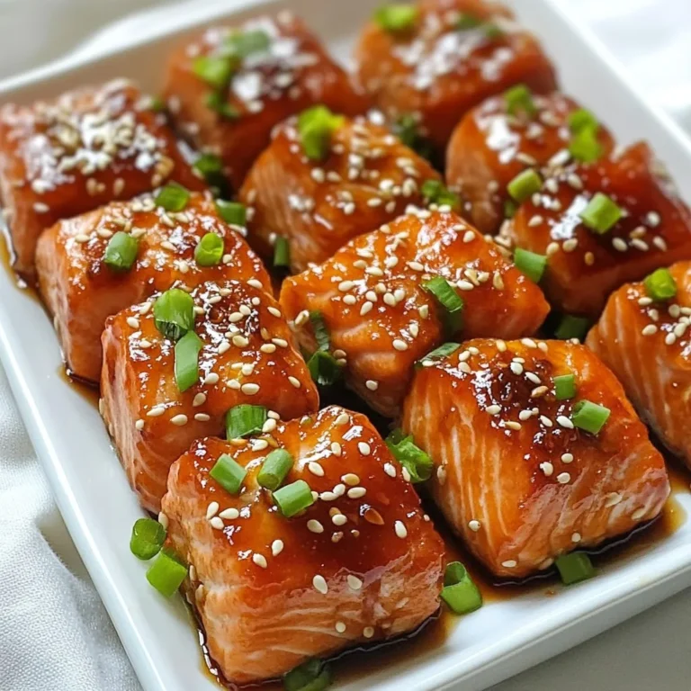 - 1 lb fresh salmon fillet - 1/4 cup pure maple syrup - 2 tablespoons soy sauce - 1 tablespoon Dijon mustard - 1 tablespoon olive oil - 1 teaspoon garlic powder - 1 teaspoon fresh ginger, grated - Salt and pepper to taste - Garnishes: sesame seeds and chopped green onions Gathering fresh ingredients is key. I always choose a quality salmon fillet. It should have a bright color and a fresh smell. Pure maple syrup is vital for flavor. It adds sweetness and depth to the dish. Soy sauce gives a nice umami kick. Dijon mustard adds a bit of tanginess. Olive oil keeps the salmon moist. Garlic powder and fresh ginger round out the taste. Salt and pepper are essential for seasoning. They help bring out all the flavors. Don't forget the garnishes! Sesame seeds and green onions make the dish pop. They add a nice crunch and color. This simple list makes for a tasty meal. Enjoy the process of cooking with these fresh ingredients! {{ingredient_image_1}} In a medium bowl, combine the maple syrup, soy sauce, Dijon mustard, olive oil, garlic powder, and grated ginger. Mix these ingredients well. Whisk until you get a smooth glaze. This step is key to the flavor. Now, take your salmon pieces and add them to the glaze. Gently toss the salmon to coat each piece evenly. Cover the bowl with plastic wrap. Place it in the fridge for 30 minutes. This marinating time allows the salmon to soak up all that delicious flavor. Preheat your oven to 400°F (200°C). Line a baking sheet with parchment paper for easy cleanup. Arrange the marinated salmon bites on the prepared sheet, leaving some space between each piece. Drizzle any extra marinade over the top. Bake the salmon bites for 12 to 15 minutes. They are done when they flake easily with a fork. For a caramelized finish, switch to broil for the last 2 minutes. Keep a close eye on them to avoid burning. Once done, let them cool for a few minutes before serving. To cook salmon just right, look for clear signs. The fish should change from bright pink to a more opaque color. It should also flake easily with a fork. If you're unsure, a thermometer can help. Aim for an internal temperature of 145°F (63°C) for safe eating. This ensures your salmon stays juicy and tender. A great tip is to save some marinade before baking. Drizzle it over the salmon bites right before they go in the oven. This adds extra flavor and moisture. For marination time, try to let the salmon sit for at least 30 minutes. If you have more time, a few hours can deepen the flavor even more. Garnishing makes your dish look fancy. Sprinkle sesame seeds and chopped green onions on top. They add a nice crunch and color. As for sides, serve these bites with steamed rice or a fresh salad. Both pair well and enhance the meal's taste. You can even add a light dipping sauce for some extra zing. Pro Tips Marinate for Maximum Flavor: Allow the salmon to marinate for at least 30 minutes; this enhances the flavor and tenderness of the fish. Check for Doneness: Salmon is perfectly cooked when it flakes easily with a fork. Avoid overcooking to keep it moist and tender. Use Parchment Paper: Lining your baking sheet with parchment paper prevents sticking and makes cleanup a breeze. Add Fresh Herbs: For extra freshness, consider garnishing with chopped fresh herbs like dill or cilantro before serving. {{image_2}} You can easily switch up the glaze. Try using honey instead of maple syrup. Honey gives a sweet yet different taste. You can also add citrus zest, like lemon or orange. This addition brightens the flavor and adds a fresh touch. Different cuts of salmon work well here. You can use salmon steaks instead of fillets. Just remember, cooking times may change. If you use canned salmon, make sure to drain it well. Canned salmon cooks faster, so check it at around 8 minutes. If you're gluten-free, use tamari instead of soy sauce. It gives the same great flavor. For vegan options, switch salmon for tofu or tempeh. Marinate and bake them just like the salmon bites for a tasty dish! To keep your leftover salmon bites fresh, follow these tips: - Refrigeration: Place the salmon bites in the fridge within two hours of cooking. This helps prevent bacteria growth. - Containers: Use an airtight container for storage. Glass containers or BPA-free plastic ones work well. When reheating your salmon bites, you want to keep them moist. Here are some methods: - Oven Method: Preheat your oven to 350°F (175°C). Place the bites on a baking sheet. Heat for about 10 minutes. - Microwave Method: Use a microwave-safe plate. Cover the bites with a damp paper towel. Heat for 1 to 2 minutes, checking often. Freezing your salmon bites is easy. Here’s how: - Freezing Steps: First, let the bites cool completely. Then, place them in a single layer on a baking sheet. Freeze for 1 to 2 hours. Once frozen, transfer to a freezer bag or airtight container. - Thawing: To thaw, place them in the fridge overnight. You can also use the microwave on a low setting. Freezing may change the texture slightly, but the taste remains delicious. Yes, you can use frozen salmon. Frozen salmon is often just as good as fresh. It is easy to store and lasts longer. However, thawing it properly is key. Thaw it in the fridge overnight or use cold water for a quick thaw. This helps keep the fish firm. If you don’t thaw it well, it can turn mushy when you cook it. Always check for quality before using frozen salmon. Maple glazed salmon pairs well with many sides. Here are a few great options: - Steamed broccoli: It adds a nice crunch. - Quinoa: This grain is light and fills you up. - Roasted sweet potatoes: Their sweetness matches well with the glaze. - Mixed green salad: A fresh salad balances the meal nicely. These sides enhance the flavors of the salmon and make for a complete meal. To reduce the sweetness, try these tips: - Use less maple syrup: Cut the amount in half. - Add more soy sauce: It adds saltiness, which helps balance sweetness. - Incorporate citrus juice: Lemon or lime juice adds acidity. - Use a dash of vinegar: Rice vinegar or apple cider vinegar works well. These changes help create a more balanced glaze without losing flavor. This blog post shared a simple maple glazed salmon recipe. You learned about needed ingredients, preparation steps, and tips for perfect results. It covered variations, storage tips, and frequently asked questions. Remember, you can tweak the glaze or use different cuts of salmon. Experiment with flavors that suit your taste. With practice, you’ll create delicious salmon bites that impress anyone at your table. Enjoy cooking!