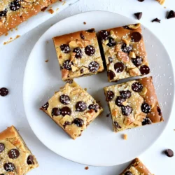 To make Peanut Butter Chocolate Chip Blondies, you'll need these key ingredients: - 1 cup creamy peanut butter - 3/4 cup brown sugar, packed - 1/2 cup granulated sugar - 2 large eggs - 1 teaspoon vanilla extract - 1 cup all-purpose flour - 1/2 teaspoon baking powder - 1/4 teaspoon salt - 1 cup semi-sweet chocolate chips - 1/2 cup chopped nuts (optional, such as walnuts or pecans) You can customize your blondies by adding: - 1/2 cup white chocolate chips for a sweeter touch - 1/2 cup caramel bits for extra gooeyness - 1/2 cup shredded coconut for a tropical twist These options will give your blondies unique flavors and textures. If you have dietary needs, consider these substitutions: - Use almond butter or sunflower seed butter instead of peanut butter for nut-free options. - Replace granulated sugar with coconut sugar for a lower-glycemic option. - Swap all-purpose flour with gluten-free flour to make them gluten-free. These swaps keep the blondies delicious while meeting your dietary needs. {{ingredient_image_1}} First, set your oven to 350°F (175°C). This heat will help the blondies bake evenly. Next, grab a 9x9 inch baking pan. You can grease the pan with butter or spray oil. For easy removal, line it with parchment paper. This step makes serving much easier. In a large mixing bowl, add 1 cup of creamy peanut butter. Then, mix in 3/4 cup of packed brown sugar and 1/2 cup of granulated sugar. Use a spatula or a mixer to blend these until smooth. Next, crack in 2 large eggs, adding them one at a time. Stir well after each egg. Finally, pour in 1 teaspoon of vanilla extract to add flavor. Mix until everything is creamy and well combined. In another bowl, whisk together 1 cup of all-purpose flour, 1/2 teaspoon of baking powder, and 1/4 teaspoon of salt. This mix will give your blondies structure. Gradually add the dry mix to your wet ingredients. Gently fold it in until just combined. Avoid over-mixing to keep the texture light. Now, fold in 1 cup of semi-sweet chocolate chips and 1/2 cup of chopped nuts if you like. Make sure they spread evenly throughout the batter. Pour the batter into your prepared pan. Spread it out evenly using a spatula. Place the pan in your preheated oven. Bake for 25-30 minutes. Look for golden edges and a toothpick inserted in the center. It should come out mostly clean, but a few moist crumbs are okay. Once done, take the pan out and let it cool for about 10 minutes. After that, move the blondies to a wire rack to cool fully before cutting them into squares. To keep your blondies moist, use creamy peanut butter. It adds rich creaminess. Also, do not over-bake. Check for doneness at 25 minutes. A toothpick should come out with a few moist crumbs. That means they are just right. Letting them cool in the pan helps keep moisture too. For a soft and chewy blondie, fold the dry ingredients gently. Over-mixing will make them tough. Use room temperature eggs for better mixing. This helps create a light texture. When you bake, the edges should be golden while the center remains soft. This balance gives you the perfect bite. You can easily change the flavor of your blondies. Try adding spices like cinnamon for warmth. Swap semi-sweet chocolate chips for dark or milk chocolate. Want a nutty crunch? Toss in walnuts or pecans. You can even add a splash of maple syrup for extra sweetness. The options are endless! Pro Tips Use Room Temperature Ingredients: Allow your eggs and peanut butter to come to room temperature before mixing. This helps create a smoother batter and ensures even baking. Check for Doneness: Instead of relying solely on the baking time, use a toothpick to check for doneness. Pull it out when it has a few moist crumbs sticking to it for a fudgier texture. Storage Tips: Store blondies in an airtight container at room temperature for up to a week, or freeze them for longer storage. Just make sure to wrap them well to prevent freezer burn. Experiment with Mix-Ins: Feel free to customize your blondies with different mix-ins like butterscotch chips, dried fruits, or coconut flakes for a unique twist on this classic treat. {{image_2}} You can make a nut-free version of these blondies. Simply use sunbutter instead of peanut butter. This keeps the creamy texture and taste. Sunbutter works well, and it’s safe for those with nut allergies. You can switch the chocolate chips for other options. Try milk chocolate for a sweeter treat. Or use dark chocolate for a rich, bold flavor. You can also use white chocolate for a fun twist. Each choice adds a different taste to your blondies. Enhancing flavor is easy and fun. You can add a pinch of cinnamon for warmth. Or try a splash of almond extract for a nutty flavor. You can even mix in a bit of cocoa powder for a chocolatey twist. Other spices like nutmeg or cardamom can also work well. These small changes can make your blondies unique and special. To keep your blondies fresh, store them in an airtight container. Line the container with parchment paper for easy removal. Keep them at room temperature, away from heat. This helps maintain their soft texture and flavor. Freezing blondies is easy and keeps them fresh longer. First, let them cool completely. Cut the blondies into squares. Wrap each square in plastic wrap. Place the wrapped squares in a freezer-safe bag or container. Label with the date. They will stay fresh for up to three months. When stored properly, blondies last about a week at room temperature. If you freeze them, they can last up to three months. Thaw them in the fridge or at room temperature. Enjoy them warm, or heat them in the microwave for a few seconds. This makes them soft and tasty again. Yes, you can make these blondies gluten-free. Use a gluten-free flour blend instead of all-purpose flour. This swap works well and keeps the blondies tasty. Just make sure the blend has a good structure for baking. You can use white sugar for a lighter taste. Another option is coconut sugar, which gives a caramel-like flavor. If you want a deeper flavor, mix white sugar with molasses to mimic brown sugar. Check the edges first. They should look golden and slightly crisp. Insert a toothpick into the center. If it comes out with a few moist crumbs, they are ready. Overbaking can make them dry, so watch closely. You can, but the texture will change. Natural peanut butter may make the blondies more crumbly. If using it, look for one with no added sugar or oil. Stir well before measuring to mix the oils back in. Yes, get creative! You can add nuts like walnuts or pecans. Try adding dried fruit for a chewy bite. You can also mix in white chocolate chips or butterscotch for a fun twist. Making blondies is simple and fun. We covered key ingredients, step-by-step instructions, and helpful tips. You can easily customize your blondies with different flavors or dietary needs. Remember to store them properly to keep them fresh. Now, it’s time to whip up a batch. Enjoy the process and share your yummy blondies with friends and family. You’ll become a blondie expert in no time!