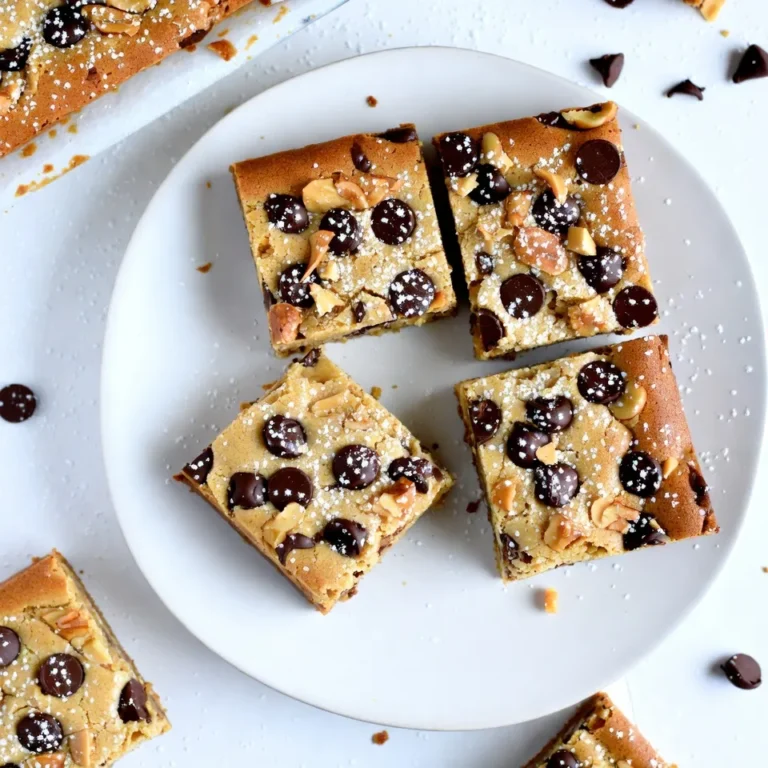 To make Peanut Butter Chocolate Chip Blondies, you'll need these key ingredients: - 1 cup creamy peanut butter - 3/4 cup brown sugar, packed - 1/2 cup granulated sugar - 2 large eggs - 1 teaspoon vanilla extract - 1 cup all-purpose flour - 1/2 teaspoon baking powder - 1/4 teaspoon salt - 1 cup semi-sweet chocolate chips - 1/2 cup chopped nuts (optional, such as walnuts or pecans) You can customize your blondies by adding: - 1/2 cup white chocolate chips for a sweeter touch - 1/2 cup caramel bits for extra gooeyness - 1/2 cup shredded coconut for a tropical twist These options will give your blondies unique flavors and textures. If you have dietary needs, consider these substitutions: - Use almond butter or sunflower seed butter instead of peanut butter for nut-free options. - Replace granulated sugar with coconut sugar for a lower-glycemic option. - Swap all-purpose flour with gluten-free flour to make them gluten-free. These swaps keep the blondies delicious while meeting your dietary needs. {{ingredient_image_1}} First, set your oven to 350°F (175°C). This heat will help the blondies bake evenly. Next, grab a 9x9 inch baking pan. You can grease the pan with butter or spray oil. For easy removal, line it with parchment paper. This step makes serving much easier. In a large mixing bowl, add 1 cup of creamy peanut butter. Then, mix in 3/4 cup of packed brown sugar and 1/2 cup of granulated sugar. Use a spatula or a mixer to blend these until smooth. Next, crack in 2 large eggs, adding them one at a time. Stir well after each egg. Finally, pour in 1 teaspoon of vanilla extract to add flavor. Mix until everything is creamy and well combined. In another bowl, whisk together 1 cup of all-purpose flour, 1/2 teaspoon of baking powder, and 1/4 teaspoon of salt. This mix will give your blondies structure. Gradually add the dry mix to your wet ingredients. Gently fold it in until just combined. Avoid over-mixing to keep the texture light. Now, fold in 1 cup of semi-sweet chocolate chips and 1/2 cup of chopped nuts if you like. Make sure they spread evenly throughout the batter. Pour the batter into your prepared pan. Spread it out evenly using a spatula. Place the pan in your preheated oven. Bake for 25-30 minutes. Look for golden edges and a toothpick inserted in the center. It should come out mostly clean, but a few moist crumbs are okay. Once done, take the pan out and let it cool for about 10 minutes. After that, move the blondies to a wire rack to cool fully before cutting them into squares. To keep your blondies moist, use creamy peanut butter. It adds rich creaminess. Also, do not over-bake. Check for doneness at 25 minutes. A toothpick should come out with a few moist crumbs. That means they are just right. Letting them cool in the pan helps keep moisture too. For a soft and chewy blondie, fold the dry ingredients gently. Over-mixing will make them tough. Use room temperature eggs for better mixing. This helps create a light texture. When you bake, the edges should be golden while the center remains soft. This balance gives you the perfect bite. You can easily change the flavor of your blondies. Try adding spices like cinnamon for warmth. Swap semi-sweet chocolate chips for dark or milk chocolate. Want a nutty crunch? Toss in walnuts or pecans. You can even add a splash of maple syrup for extra sweetness. The options are endless! Pro Tips Use Room Temperature Ingredients: Allow your eggs and peanut butter to come to room temperature before mixing. This helps create a smoother batter and ensures even baking. Check for Doneness: Instead of relying solely on the baking time, use a toothpick to check for doneness. Pull it out when it has a few moist crumbs sticking to it for a fudgier texture. Storage Tips: Store blondies in an airtight container at room temperature for up to a week, or freeze them for longer storage. Just make sure to wrap them well to prevent freezer burn. Experiment with Mix-Ins: Feel free to customize your blondies with different mix-ins like butterscotch chips, dried fruits, or coconut flakes for a unique twist on this classic treat. {{image_2}} You can make a nut-free version of these blondies. Simply use sunbutter instead of peanut butter. This keeps the creamy texture and taste. Sunbutter works well, and it’s safe for those with nut allergies. You can switch the chocolate chips for other options. Try milk chocolate for a sweeter treat. Or use dark chocolate for a rich, bold flavor. You can also use white chocolate for a fun twist. Each choice adds a different taste to your blondies. Enhancing flavor is easy and fun. You can add a pinch of cinnamon for warmth. Or try a splash of almond extract for a nutty flavor. You can even mix in a bit of cocoa powder for a chocolatey twist. Other spices like nutmeg or cardamom can also work well. These small changes can make your blondies unique and special. To keep your blondies fresh, store them in an airtight container. Line the container with parchment paper for easy removal. Keep them at room temperature, away from heat. This helps maintain their soft texture and flavor. Freezing blondies is easy and keeps them fresh longer. First, let them cool completely. Cut the blondies into squares. Wrap each square in plastic wrap. Place the wrapped squares in a freezer-safe bag or container. Label with the date. They will stay fresh for up to three months. When stored properly, blondies last about a week at room temperature. If you freeze them, they can last up to three months. Thaw them in the fridge or at room temperature. Enjoy them warm, or heat them in the microwave for a few seconds. This makes them soft and tasty again. Yes, you can make these blondies gluten-free. Use a gluten-free flour blend instead of all-purpose flour. This swap works well and keeps the blondies tasty. Just make sure the blend has a good structure for baking. You can use white sugar for a lighter taste. Another option is coconut sugar, which gives a caramel-like flavor. If you want a deeper flavor, mix white sugar with molasses to mimic brown sugar. Check the edges first. They should look golden and slightly crisp. Insert a toothpick into the center. If it comes out with a few moist crumbs, they are ready. Overbaking can make them dry, so watch closely. You can, but the texture will change. Natural peanut butter may make the blondies more crumbly. If using it, look for one with no added sugar or oil. Stir well before measuring to mix the oils back in. Yes, get creative! You can add nuts like walnuts or pecans. Try adding dried fruit for a chewy bite. You can also mix in white chocolate chips or butterscotch for a fun twist. Making blondies is simple and fun. We covered key ingredients, step-by-step instructions, and helpful tips. You can easily customize your blondies with different flavors or dietary needs. Remember to store them properly to keep them fresh. Now, it’s time to whip up a batch. Enjoy the process and share your yummy blondies with friends and family. You’ll become a blondie expert in no time!
