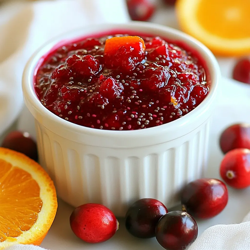 To make cranberry orange chia jam, you need just a few key ingredients: - 2 cups fresh or frozen cranberries - 1/2 cup orange juice - Zest of 1 orange - 1/4 cup honey or maple syrup - 1/4 cup chia seeds - 1/4 teaspoon cinnamon (optional) - Pinch of salt These ingredients create a bright, tangy flavor. The chia seeds help thicken the jam. They also add fiber and healthy fats. Using fresh orange juice and zest enhances the taste. You can choose between fresh or frozen cranberries. Fresh cranberries have a crisp bite and vibrant flavor. They are great if you find them in season. Frozen cranberries are just as good. They are often picked at their peak. You can use them without thawing. Both options work well in this recipe. For sweetness, you can use honey or maple syrup. Honey gives a floral note that pairs well with the tart cranberries. Maple syrup adds a rich, earthy sweetness. If you prefer less sweetness, adjust the amount used. The jam's flavor will still shine through. Choose the sweetener that you enjoy most! {{ingredient_image_1}} First, take a medium saucepan. Add 2 cups of cranberries and 1/2 cup of orange juice. Turn the heat to medium. Stir the mixture now and then. Cook until the cranberries burst and soften. This will take about 10 minutes. You will hear and see them pop. This sounds fun and helps release their juices. When the cranberries are soft, remove the pot from the heat. Now, add the zest of one orange. This adds bright flavor. Next, stir in 1/4 cup of honey or maple syrup. Adjust the amount to how sweet you like it. Then, sprinkle in 1/4 cup of chia seeds. These seeds will help thicken the jam. Optionally, add 1/4 teaspoon of cinnamon for warmth. Finally, add a pinch of salt to balance the flavors. Mix everything well until the seeds are spread evenly. Let the mixture sit for 5 to 10 minutes. This time helps the chia seeds absorb liquid and thicken the jam. After it thickens, you can mash the mixture a bit more. Use a fork or a potato masher for this. It helps if you want a smoother jam. Once done, pour the jam into a clean jar. Allow it to cool before sealing. You can store this delicious jam in the fridge for up to two weeks. To make the jam just right, cook the cranberries until they burst. This usually takes about 10 minutes. Stir them often so they don’t stick. After cooking, let the mix sit for 5 to 10 minutes. The chia seeds will help thicken the jam. If you want a smoother texture, mash it lightly with a fork. You can change the flavor by adding spices or fruits. For a warm touch, try adding a pinch of cinnamon. You might also mix in ginger for a zesty kick. If you prefer more fruit, consider adding diced apples or pears. This gives the jam a unique twist and adds more sweetness. This jam pairs well with many foods. Spread it on toast or homemade bread for breakfast. You can also serve it with cheese and crackers for a sweet snack. It makes a great topping for yogurt or oatmeal too. Try it on pancakes or waffles for a delicious treat! Pro Tips Use Fresh Ingredients: For the best flavor, use freshly squeezed orange juice and fresh cranberries if possible. Adjust Sweetness: Depending on your taste preference and the tartness of the cranberries, feel free to adjust the amount of honey or maple syrup. Experiment with Flavors: Add additional spices like nutmeg or ginger for a unique twist in flavor. Storage Tips: Ensure your jar is sterilized before storing the jam to extend its shelf life and maintain freshness. {{image_2}} You can switch up the sweetener in this jam. If you want a different taste, try agave nectar or coconut sugar. Both options work well with cranberries. Just remember to adjust the amount based on how sweet you want it. You might need less agave since it is sweeter than honey. Adding fruits can change the taste and make it fun. You can mix in chopped apples or pears for added sweetness and texture. They pair nicely with the tartness of cranberries. Just add them when you cook the cranberries. A half-cup of chopped fruit is a good amount to start with. If you want a sugar-free jam, use stevia or erythritol. These sweeteners give you the sweetness without the sugar. You can also skip sweeteners altogether if you like the tart flavor of cranberries. Just keep in mind that the jam will be less sweet, but still tasty! To keep your jam fresh, use a clean jar with a tight lid. Let it cool before sealing. This helps avoid moisture build-up. Always store the jam in the fridge after it cools. Avoid leaving it out for long periods. Homemade cranberry orange chia jam lasts up to two weeks in the fridge. This is a good time frame for enjoying its fresh taste. If you see any mold or if it smells off, throw it away. Safety first! You can freeze the jam for longer storage. Pour it into an airtight container, leaving some space at the top. This allows for expansion. The jam can last for up to six months in the freezer. When ready to use, thaw it in the fridge overnight. Enjoy your jam later with the same great flavor! Homemade Cranberry Orange Chia Jam lasts about two weeks in the fridge. Store it in a clean jar and seal it well. The jam may thicken more as it sits. If you notice any off smells or colors, it’s best to discard it. Using dried cranberries is not ideal for this jam. Dried cranberries lack the moisture needed for a good texture. If you want to try it, soak the dried cranberries in water first. This step helps them plump up and mix better. Chia seeds offer many health benefits. They are high in fiber, which aids digestion. They also contain omega-3 fatty acids, good for heart health. Plus, chia seeds can help you feel full, making them great for snacks. A little goes a long way in boosting nutrition. In this article, we explored how to make delicious cranberry jam. We discussed key ingredients, like fresh or frozen cranberries and sweeteners. You learned step-by-step instructions for cooking, mixing, and thickening. Our tips helped you achieve smooth texture and tasty flavors. We covered variations, storage best practices, and answered common questions. Making jam is fun and easy! Enjoy experimenting with this recipe and sharing it with others. Keep these tips in mind for the best results. Your homemade jam will impress!