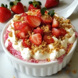 When making this tasty Strawberry Cheesecake Dip, you need a few simple ingredients. Each plays a key role in creating the creamy and sweet flavor. Here’s what you will need: - 1 cup cream cheese, softened - 1/2 cup powdered sugar - 1 teaspoon vanilla extract - 1 cup heavy whipping cream - 1 cup fresh strawberries, hulled and diced - 1/2 teaspoon lemon juice - Graham cracker crumbs, for serving - Additional whole strawberries, for garnish These ingredients come together to create a dip that everyone will love. The cream cheese adds richness, while the whipped cream gives it a light and fluffy texture. Fresh strawberries add sweetness and a pop of color. The lemon juice brightens the flavor, and the graham cracker crumbs add a nice crunch. Using fresh, quality ingredients makes a big difference. Look for ripe strawberries for the best taste. You can also adjust the sweetness by adding more or less powdered sugar. Enjoy mixing these ingredients to create a delightful treat! {{ingredient_image_1}} 1. Combining the cream cheese mixture In a mixing bowl, add the softened cream cheese, powdered sugar, and vanilla extract. Use an electric mixer to beat the mixture until it is smooth and creamy. This step is key for a great dip. 2. Whipping the heavy cream In a separate bowl, take the heavy whipping cream. Whip it until it forms stiff peaks. This means the cream should stand up when you lift the mixer. Stiff peaks give the dip a light texture. 3. Folding in strawberries In a small bowl, mix the diced strawberries with lemon juice. This adds flavor and keeps the strawberries fresh. Gently fold the strawberries into the cream cheese mixture. Be careful not to break them up too much. You want to keep those nice chunks of fruit. 1. Transfer and garnish Once your dip is ready, transfer it to a serving bowl. Top it with some extra diced strawberries and a sprinkle of graham cracker crumbs. This adds a nice crunch and looks great. 2. Chilling for enhanced flavor For the best taste, chill the dip in the fridge for about 30 minutes. Chilling lets the flavors blend together and makes every bite even more delicious. You can serve it right away, but chilling makes it even better! To make the best strawberry cheesecake dip, you need to whip the cream well. Start with cold heavy cream for the best results. Beat it using a mixer. You want to see stiff peaks form. This means the cream holds its shape. For a smooth dip, mix the cream cheese with sugar first. Use an electric mixer until it is creamy and free of lumps. Then, fold in the whipped cream gently. This keeps the dip fluffy and light. Choosing the right dippers makes a big difference. Graham crackers are a classic choice. They add a nice crunch. Fresh fruit like apple slices or banana pieces work great too. You can even use pretzels for a sweet and salty mix. For a fun presentation, serve the dip in a pretty bowl. Top it with whole strawberries and a sprinkle of graham cracker crumbs. You can also chill the dip for 30 minutes. This makes the flavors even better! Pro Tips Use Room Temperature Cream Cheese: Ensuring your cream cheese is at room temperature will make it easier to mix and help achieve a smoother dip. Whip Cream to Stiff Peaks: Make sure to whip the heavy cream until stiff peaks form; this will give your dip a light and airy texture. Customize with Other Fruits: Feel free to experiment by adding other fruits like blueberries or raspberries for added flavor and color. Chill for Best Flavor: Chilling the dip for at least 30 minutes allows the flavors to meld together beautifully, enhancing the overall taste. {{image_2}} You can easily change the taste of your strawberry cheesecake dip. Here are two fun ideas: - Chocolate Strawberry Cheesecake Dip: Add 1/4 cup of cocoa powder to the cream cheese mixture. This gives a rich chocolate flavor that pairs well with strawberries. You can also fold in mini chocolate chips for extra delight. - Mixed Berry Cheesecake Dip: Swap out strawberries for other berries like blueberries or raspberries. Just use a mix of 1 cup of your favorite berries. This adds a burst of color and flavor to your dip. You can make this dip fit your needs by swapping out some ingredients. - Alternative sweeteners: If you want a lower-sugar option, use stevia or monk fruit sweetener instead of powdered sugar. Start with 1/4 cup and adjust to taste. - Dairy-free options: For a dairy-free version, use vegan cream cheese and coconut cream. This keeps the dip creamy while making it suitable for those who avoid dairy. To keep your strawberry cheesecake dip fresh, store it in an airtight container. This stops air from getting in and keeps it creamy. You can also use plastic wrap, pressing it tightly against the dip surface. The dip stays good for up to three days in the fridge. After that, it might lose its flavor and texture. You might wonder if you can reheat the dip. I recommend not reheating it. This dip tastes best cold and fresh. If you warm it, the texture may change. It could become runny or lose its fluffiness. If you must, use the microwave. Heat it very gently in short bursts. Check it often so it doesn’t get too warm. Enjoy it as a cold, sweet treat! Can I make this dip ahead of time? Yes, you can make this dip ahead of time. I often prepare it a few hours before serving. This way, the flavors blend well. Just cover it tightly and keep it in the fridge. How long can I store the dip in the fridge? You can store the dip in the fridge for up to three days. Make sure to keep it in an airtight container to keep it fresh. If it starts to lose its texture, just give it a quick stir before serving. What can I use instead of cream cheese? If you want a cream cheese substitute, try Greek yogurt or mascarpone cheese. Both will give a rich taste. You can also use non-dairy cream cheese if you want a vegan option. Just keep in mind that the texture may change a bit. In this blog post, we explored how to make a delicious Strawberry Cheesecake Dip. You learned about the key ingredients, including cream cheese and fresh strawberries, and followed step-by-step instructions for preparation. We also shared tips for perfecting your dip and offered variations to keep it fun. Final thoughts: This dip is easy to make and tastes delightful. Enjoy it with friends or family at your next gathering! It’s a sure way to impress everyone.