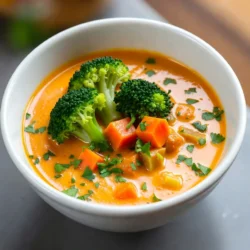 - 4 cups broccoli florets - 1 medium onion, chopped - 2 cloves garlic, minced - 2 carrots, diced Fresh ingredients bring life to your soup. Broccoli florets add a nice crunch and bright color. The onion gives a sweet flavor, while garlic adds depth. Carrots add a hint of sweetness and a lovely texture. - 1/4 cup butter - 1/4 cup all-purpose flour - 4 cups vegetable broth - 2 cups whole milk You need pantry staples for a creamy base. Butter adds richness, while flour thickens your soup. Vegetable broth gives a savory taste, and whole milk provides creaminess. These ingredients create a comforting foundation for your dish. - 2 cups shredded sharp cheddar cheese - 1 teaspoon Dijon mustard - Salt and pepper to taste - 1/2 teaspoon paprika (optional) - Fresh parsley, chopped (for garnish) Seasoning is key to great flavor. Sharp cheddar cheese gives a rich, cheesy taste. Dijon mustard adds a tangy kick. Salt and pepper enhance all the flavors. Paprika adds a touch of warmth, and fresh parsley brightens your dish as a garnish. {{ingredient_image_1}} To start, you need to sauté the onion and garlic. Melt 1/4 cup of butter in a large pot over medium heat. Add the chopped onion and minced garlic. Cook this mix for about 4 to 5 minutes until the onion looks clear. Next, it’s time to add the broccoli and carrots. Toss in 4 cups of broccoli florets and 2 diced carrots. Stir them together. Cook for another 5 minutes. You want the veggies to soften a bit but not turn mushy. After the veggies are ready, you create a roux. Sprinkle 1/4 cup of all-purpose flour over the vegetables. Stir constantly for about 2 minutes. This will help thicken your soup later. Now, add the vegetable broth. Slowly pour in 4 cups while whisking. This helps avoid lumps. Bring this mixture to a gentle boil. Once boiling, reduce the heat to low. Next, incorporate the milk. Pour in 2 cups of whole milk and stir well. Let this cook for 10 to 15 minutes. This step allows the soup to thicken nicely. Finally, add the cheese and seasonings. Stir in 2 cups of shredded sharp cheddar cheese until it melts. Then mix in 1 teaspoon of Dijon mustard, salt, pepper, and optional paprika. Give it a good stir. Remove the pot from heat. Let the soup sit for 5 minutes before serving. If you want a creamier texture, use an immersion blender. Serve hot, and don’t forget to garnish with fresh parsley. Enjoy! To get the best flavor in your soup, choose sharp cheddar cheese. It adds rich taste and depth. A good blend of flavors comes from good cheese. You can also adjust cooking times. If you prefer a thicker soup, cook it a bit longer. Don’t rush; patience helps the flavors mix well. Texture plays a big role. Blending the soup gives it a creamy feel. Use an immersion blender or a regular blender for this. If you prefer chunkier soup, blend just half. When choosing broccoli, fresh broccoli is best. It gives a bright color and better crunch. Frozen broccoli works too, but it may change the texture slightly. Pair your soup with a crusty bread or a fresh salad. A side of crackers adds a nice crunch. For a garnish, fresh parsley looks great on top. You can also sprinkle extra cheese for a cheesy touch. Consider adding a dollop of sour cream for creaminess. Your soup will look as good as it tastes! Pro Tips Use Fresh Broccoli: For the best flavor and nutrition, opt for fresh broccoli florets instead of frozen ones. Fresh broccoli retains its vibrant color and crisp texture, enhancing the overall soup experience. Customize the Cheese: Feel free to mix different types of cheese! Combining sharp cheddar with Gruyère or Monterey Jack can add depth and complexity to the flavor of your soup. Adjust the Thickness: If you prefer a thinner soup, simply add more vegetable broth or milk until you reach your desired consistency. For a thicker texture, blend a portion of the soup and stir it back in. Make It Ahead: This soup stores well in the fridge for up to 3 days. Reheat gently on the stove, adding a splash of milk or broth if it thickens too much during storage. {{image_2}} Gluten-free alternatives To make this soup gluten-free, swap all-purpose flour for cornstarch or a gluten-free flour blend. Mix the cornstarch with a little water to form a slurry. Stir this in after adding the broth. The soup will still thicken nicely. Vegan version tips For a vegan version, use plant-based butter and non-dairy milk, like almond or coconut milk. Replace cheese with a vegan cheese option or nutritional yeast for a cheesy flavor. You can also add more veggies for extra texture. Adding spices To boost flavor, try adding spices like cayenne pepper or garlic powder. A sprinkle of nutmeg can also add warmth. These spices make the soup more exciting and delicious. Including proteins You can easily add proteins to the soup. Cooked chicken, chickpeas, or tofu blend well in this dish. This will create a more filling meal and add extra nutrition. Using seasonal vegetables Make this soup even better by adding seasonal veggies. Try adding peas in spring or squash in fall. Seasonal produce gives the soup fresh flavors and vibrant colors. Other cheese options While sharp cheddar is classic, you can use other cheeses. Gruyère or fontina adds a unique taste. Mixing different cheeses creates a rich and creamy soup that's hard to resist. To store your leftover soup, let it cool first. Then, transfer it to an airtight container. This keeps it fresh. The soup stays good in the fridge for about 3 to 4 days. Always check for any off smells or changes in texture before eating. If you want to freeze the soup, pour it into freezer-safe containers. Leave some space at the top, as soup expands when frozen. The soup can last up to 3 months in the freezer. When ready to eat, move the container to the fridge overnight to thaw. You can reheat the soup on the stovetop or in the microwave. For stovetop, heat it gently in a pot over medium heat. Stir often to avoid sticking. If using a microwave, heat in short bursts, stirring in between. To prevent separation, avoid boiling the soup after adding milk. Stir well for a smooth texture before serving. To spice up this soup, add red pepper flakes or cayenne pepper. Start with a pinch, then taste. You can also mix in jalapeños for a fresh kick. Adding a splash of hot sauce can give it a nice heat too. Yes, you can use low-fat milk. It will still work well but may change the soup’s creaminess. If you want a thicker texture, consider adding a little more cheese. If you want to swap cheddar cheese, try Gruyère or Monterey Jack. Both offer a great taste and melt nicely. For a dairy-free option, use vegan cheese brands that melt well. Yes, this soup can be frozen. Just let it cool completely before putting it in a freezer-safe container. It can last up to three months in the freezer. When ready, thaw it in the fridge overnight before reheating. Serve the soup hot in a bowl, garnished with fresh parsley. It pairs well with crusty bread or a salad. For a fun twist, try serving it in a bread bowl for a complete meal experience. This blog post shared how to make a delicious soup. We discussed fresh ingredients, like broccoli, onion, and garlic, along with pantry staples. I showed you how to create a smooth base using simple steps. We explored tips for the best flavor and texture. You can even customize this soup with dietary adjustments and seasonal options. Remember, proper storage keeps your soup fresh longer. Enjoy creating this dish, and feel free to experiment with your favorite flavors!