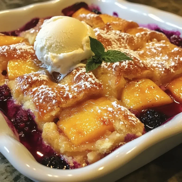 - 2 cups fresh blackberries - 2 cups fresh peaches, peeled and sliced - 1 cup granulated sugar (divided) - 1 cup all-purpose flour - 1 tablespoon baking powder - ½ teaspoon salt - 1 teaspoon ground cinnamon - 2 tablespoons cornstarch - 1 teaspoon vanilla extract - 1 teaspoon lemon juice - ½ cup unsalted butter, melted - 1 cup milk - Optional: vanilla ice cream for serving Gathering fresh ingredients is key. I use ripe blackberries for a sweet burst of flavor. Peaches add a juicy richness that complements the blackberries. Always choose firm yet ripe fruit for the best taste. For dry ingredients, I divide the sugar. Half goes into the fruit mix, and half blends with the flour. This balance creates a great sweetness throughout. The flour, baking powder, and salt build the base, while cinnamon gives a warm kick. In the additional ingredients, cornstarch helps thicken the fruit juices. Vanilla and lemon juice brighten the flavor. Butter and milk create a rich batter. Optional ice cream adds a creamy touch when serving. Each ingredient plays a role in making this cobbler delightful. {{ingredient_image_1}} First, preheat your oven to 350°F (175°C). This helps the cobbler bake evenly. Next, grease a 9x13 inch baking dish. Use butter or cooking spray. This step keeps the cobbler from sticking. In a mixing bowl, combine 2 cups of fresh blackberries and 2 cups of sliced peaches. Add ½ cup of granulated sugar. Sprinkle in 2 tablespoons of cornstarch. Pour in 1 teaspoon of vanilla extract and 1 teaspoon of lemon juice. Toss the fruit well. This mix coats the fruit nicely. Then, pour the fruit mixture into your greased baking dish. In another large bowl, mix 1 cup of all-purpose flour, 1 tablespoon of baking powder, ½ teaspoon of salt, and the remaining ½ cup of sugar. Add 1 teaspoon of ground cinnamon for extra flavor. Pour in ½ cup of melted unsalted butter and 1 cup of milk. Stir until just combined. The batter will be lumpy, which is fine. Now, spoon the batter evenly over the fruit. Try to spread it out, but do not mix it in. Bake your cobbler in the preheated oven for 45-50 minutes. Look for a golden brown top. You can check doneness with a toothpick. If it comes out clean, your cobbler is ready. Remove it from the oven and let it cool for a few minutes before serving. To get a golden top on your cobbler, bake it until it is brown. This usually takes about 45-50 minutes. Check it often. Use a toothpick to see if it comes out clean. If not, give it a little more time. For the right consistency, mix the batter gently. You want it to be lumpy. Overmixing makes the cobbler tough. The lumps help it rise and stay soft. Serve your cobbler warm. This makes the flavors pop. A scoop of vanilla ice cream on top adds sweetness and creaminess. Drizzle some syrup from the cobbler around the plate for a nice touch. This looks great and tastes even better. One mistake is overmixing the batter. This can make the cobbler hard. Remember, lumps are good! Another common error is not greasing the dish. If you skip this step, the cobbler may stick. Always use butter or cooking spray to coat the dish well. This will help you serve it easily. Pro Tips Choose Ripe Peaches: For the best flavor, make sure your peaches are ripe and juicy. They should yield slightly to pressure and have a sweet aroma. Don’t Overmix the Batter: When combining the wet and dry ingredients, mix just until combined. Overmixing can lead to a dense cobbler. Let it Cool: Allow the cobbler to cool for a few minutes before serving. This helps the juices thicken and makes it easier to serve. Add a Twist: Consider adding a pinch of nutmeg or a splash of almond extract to the batter for a unique flavor twist! {{image_2}} You can change the fruits in this cobbler to suit your taste. If you like, try using different berries. Raspberries or blueberries work well with the peaches. You can also add other fruits like strawberries or even apples. Each fruit brings its unique flavor, making your cobbler special. If you need gluten-free options, switch the all-purpose flour for a gluten-free blend. Many brands create great mixes that work well in baking. For those watching sugar intake, replace granulated sugar with a sugar substitute. Just follow the package instructions for the best results. To make the cobbler even more exciting, think about adding spices. A pinch of nutmeg or ginger can really elevate the flavor. You might also try incorporating extracts like almond or orange. A teaspoon of either can bring a fresh twist to your dish. These simple changes can make your cobbler a standout dessert. To keep your blackberry peach cobbler fresh, follow these tips: - Best practices for refrigeration: Allow the cobbler to cool completely. Cover it with plastic wrap or aluminum foil. Store it in the fridge for up to three days. This keeps it moist and tasty. - Freezing options: If you want to save it longer, freeze the cobbler. Cut it into portions and wrap each piece tightly in plastic wrap. Place them in an airtight container. It can last up to three months in the freezer. When you're ready to enjoy your cobbler again, reheating it is simple: - How to reheat for optimal taste: Preheat your oven to 350°F (175°C). Place the cobbler in a baking dish. Cover it with foil to prevent burning. Heat for about 20 minutes or until warm. - Oven vs. microwave: The oven is best for keeping the texture. The microwave is quicker but may make it soggy. If you use the microwave, heat in short bursts. Check often to avoid overheating. Knowing how long your cobbler lasts is key: - Duration in the fridge: The cobbler stays fresh in the fridge for about three days. After that, it may lose its flavor and texture. - Signs of spoilage: Look for mold or an off smell. If it looks dry or hard, it's time to toss it. Always trust your instincts; if it seems off, don’t eat it. Look for a golden-brown top. The edges should be bubbly, and the center should look set. This means the cobbler has cooked through. For a quick check, use the toothpick test. Insert a toothpick in the center of the cobbler. If it comes out clean, your cobbler is ready. If not, bake it a bit longer and check again. Yes, you can! To make it ahead, prepare the fruit mixture and batter in separate bowls. Store them in the fridge for up to a day. When you are ready to bake, combine them in the baking dish and bake as usual. This keeps the flavors fresh and tasty. Serve your cobbler warm for the best flavor. Pair it with a scoop of vanilla ice cream on top. The cold ice cream melts into the warm cobbler. This creates a delightful contrast. You can also drizzle some syrup from the cobbler around the plate. This adds extra flair to your presentation. Enjoy every bite! This blackberry and peach cobbler recipe combines fresh and dry ingredients to create a delicious treat. You learned how to prepare the fruit and batter, along with important baking tips. Try different fruit options and avoid common mistakes for the best results. Serve it warm with vanilla ice cream for added pleasure. Remember to store leftovers correctly to enjoy later. With these steps, you can create a lovely cobbler that delights everyone. Enjoy the sweet rewards of your baking!