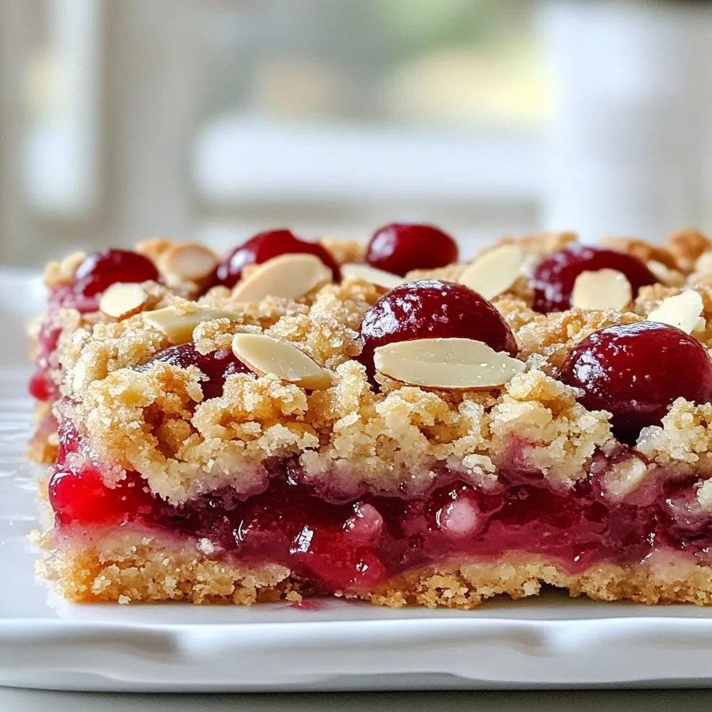 For these Cherry Almond Crumble Bars, you need a simple list of ingredients. Here’s what you’ll need: - 2 cups fresh or frozen cherries, pitted and halved - 1 tablespoon cornstarch - 1 tablespoon lemon juice - 1/2 cup almond flour - 1 cup rolled oats - 1/2 cup all-purpose flour - 1/2 cup brown sugar - 1/2 teaspoon baking powder - 1 teaspoon vanilla extract - 1/4 teaspoon salt - 1/2 cup unsalted butter, softened - 1/2 cup sliced almonds for topping Each ingredient plays a key role in creating the perfect balance of flavors and textures. The cherries bring a sweet and tart taste, while the almond flour adds a nutty flavor. The rolled oats and all-purpose flour create the right crumble texture. Cornstarch thickens the cherry filling and lemon juice brightens the flavor. Brown sugar gives sweetness and richness. Baking powder helps the crumble rise, while salt enhances all the flavors. Finally, unsalted butter and vanilla extract bind everything together beautifully. Using sliced almonds on top not only adds crunch but also a lovely nutty taste. Each bite will make you want more! {{ingredient_image_1}} First, set your oven to 350°F (175°C). This temperature gives the bars a nice, even bake. Grab an 8x8 inch baking dish and line it with parchment paper. Make sure to leave some paper hanging over the edges. This helps you lift the bars out easily later. In a bowl, add 2 cups of cherries. You can use fresh or frozen ones; both work well. Add 1 tablespoon of cornstarch and 1 tablespoon of lemon juice. Gently toss the cherries until they are well coated. Let this sit while you prepare the crumble. In another bowl, mix together the following dry ingredients: - 1/2 cup almond flour - 1 cup rolled oats - 1/2 cup all-purpose flour - 1/2 cup brown sugar - 1/2 teaspoon baking powder - 1/4 teaspoon salt After mixing, add 1/2 cup of softened unsalted butter and 1 teaspoon of vanilla extract. Use your fingers or a pastry cutter to mix it until you have coarse crumbs. Press about 2/3 of the crumble mixture firmly into the bottom of your prepared baking dish. This will be the base. Next, spread the cherry mixture evenly over the crumble. Top the cherries with the rest of the crumble mixture. Finally, sprinkle some sliced almonds on top for a tasty crunch. Place the baking dish in the oven and bake for 30-35 minutes. Look for a golden brown top and bubbling cherries. Once baked, let the bars cool completely in the pan. When cool, lift them out using the parchment paper and cut into squares. Enjoy your delicious Cherry Almond Crumble Bars! Choose cherries that are bright and firm. Look for deep red colors. Avoid any with bruises or soft spots. If you can, try to smell them; fresh cherries have a sweet scent. When shopping, check for seasonal cherries. They taste better and are usually cheaper. To get a crunchy topping, use cold butter. Cut it into small pieces before adding it to the dry mix. This helps create more crumbs. You can also mix in some nuts like pecans or walnuts. These add both texture and flavor, making each bite special. Serve the bars on a wooden board for a rustic look. Dust the top with powdered sugar for a sweet touch. Add fresh cherries around the bars to make the dish pop. Cut them into squares and stack them for a fun display. This makes your treat look as good as it tastes! Pro Tips Use Fresh Cherries: For the best flavor, opt for fresh cherries when in season. They provide a juicier and more vibrant taste compared to frozen ones. Customize the Sweetness: Feel free to adjust the brown sugar quantity based on your preference for sweetness or the tartness of the cherries used. Chill the Butter: For a flakier crumble, consider chilling the butter before mixing it into the dry ingredients. This helps maintain a crumbly texture. Storage Tips: Store leftover bars in an airtight container at room temperature for up to 3 days or refrigerate for longer freshness. {{image_2}} You can change the filling with many fruits. Try blueberries, raspberries, or peaches. Each fruit offers a new taste. Mix fruits for a fun blend, too. For a tropical twist, use diced mango or pineapple. These fruits work well with almond flavor. If you need gluten-free bars, make easy swaps. Use gluten-free all-purpose flour instead of regular flour. You can also use certified gluten-free oats. This keeps the texture right while making it safe for all. Always check labels to ensure no gluten sneaks in! Adding spices makes these bars even better. Consider cinnamon or nutmeg for warmth. A pinch of cardamom gives a unique twist. You can also try almond extract for a stronger flavor. Just a few drops can change the whole taste. Mixing in a bit of vanilla can add depth, too. To keep your cherry almond crumble bars fresh, store them in an airtight container. Place parchment paper between layers if stacking. This prevents sticking. Keep them at room temperature for up to three days. For longer storage, move them to the fridge. They can last up to a week this way. Freezing is a great option for longer storage. First, cut the bars into squares. Wrap each piece tightly in plastic wrap. Place the wrapped bars in a freezer-safe bag or container. They can stay frozen for up to three months. When you're ready to enjoy, just thaw them in the fridge or at room temperature. To reheat your bars, preheat the oven to 350°F (175°C). Place the bars on a baking sheet lined with parchment paper. Heat for about 10 minutes or until warm. This method keeps the crumble crispy and the cherries juicy. Enjoy them warm with a scoop of ice cream for a tasty treat! Yes, you can use canned cherries. Just make sure to drain them well. Canned cherries can be softer, so adjust the baking time. They will add a nice sweetness to your bars. You can use all-purpose flour if you want. Another option is oat flour, which adds a unique taste. Just keep in mind that the texture may change slightly. These bars last about 3 to 5 days at room temperature. Store them in an airtight container to keep them fresh. If you want them to last longer, try freezing them. Yes, you can make them vegan easily. Use a vegan butter substitute and replace the butter with coconut oil. You can also use a flax egg instead of regular eggs if you want to bind the mixture. These bars work well for picnics, potlucks, or family gatherings. They are also great for baking at home when you want a sweet treat. Serve them at birthday parties or holiday celebrations for added joy. You now have a simple recipe for cherry almond crumble bars. We covered all you need, from the ingredients to the step-by-step baking process. I shared tips for selecting the best cherries and added ideas for variations and storage. Keep this guide handy for any occasion; these bars can impress anyone! Trust me, they will love the taste. Enjoy baking and sharing this treat with friends and family!