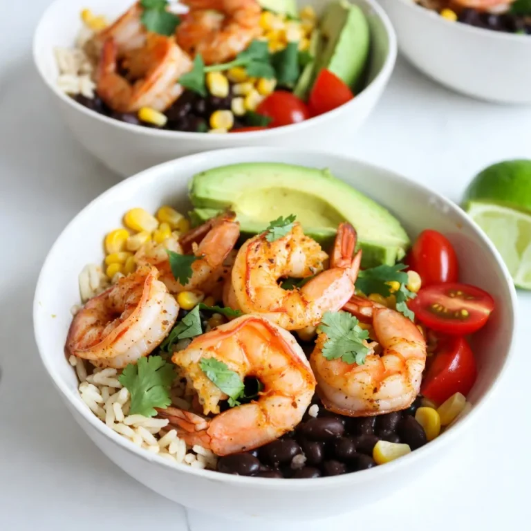 To make Spicy Shrimp Taco Bowls, gather these ingredients: - 1 lb shrimp, peeled and deveined - 2 tablespoons olive oil - 1 teaspoon chili powder - 1 teaspoon cumin - 1/2 teaspoon smoked paprika - 1/4 teaspoon cayenne pepper (adjust to taste) - Salt and pepper to taste - 1 cup jasmine rice - 2 cups vegetable broth or water - 1 can black beans, rinsed and drained - 1 cup corn kernels (fresh or frozen) - 1 avocado, sliced - 1 cup cherry tomatoes, halved - 1/4 cup fresh cilantro, chopped - Juice of 1 lime - 1/2 cup sour cream or Greek yogurt (optional for topping) You can easily adapt this recipe. Here are some ideas: - Swap shrimp for chicken or tofu if you prefer. - Use brown rice instead of jasmine rice for more fiber. - Replace black beans with kidney beans or chickpeas. - Choose dairy-free yogurt to keep it plant-based. - For a gluten-free option, ensure all packaged items are certified gluten-free. Choosing fresh shrimp and produce makes a big difference in taste. Here’s how: - Look for shrimp that smell fresh, not fishy. - Choose shrimp with a firm texture and a slight sheen. - For produce, pick avocados that yield slightly when pressed. - Select bright tomatoes with no blemishes for the best flavor. - Fresh cilantro should be vibrant and fragrant, not wilted. These simple tips ensure your Spicy Shrimp Taco Bowls are full of flavor and freshness. Enjoy the colorful mix of ingredients as you create your meal! {{ingredient_image_1}} Start by rinsing the jasmine rice. Place the rice in a fine-mesh strainer. Rinse it under cold water until the water runs clear. This step removes excess starch and helps the rice stay fluffy. Next, pour the rinsed rice into a medium saucepan. Add 2 cups of vegetable broth or water. Bring this mixture to a boil over high heat. Once it boils, lower the heat and cover the pot. Simmer for about 15 minutes until the rice is tender and the liquid is absorbed. Fluff the rice with a fork to keep it light. While the rice cooks, let's prepare the shrimp. In a large bowl, add 1 pound of peeled and deveined shrimp. Pour in 2 tablespoons of olive oil. Then, sprinkle in 1 teaspoon of chili powder, 1 teaspoon of cumin, 1/2 teaspoon of smoked paprika, and 1/4 teaspoon of cayenne pepper. Season with salt and pepper to taste. Toss the shrimp until they are well coated with the spices. Heat a skillet over medium-high heat. Once hot, add the seasoned shrimp. Cook for 3 to 5 minutes. Turn the shrimp halfway through cooking. You want them pink and cooked through. Remove them from the heat to keep them juicy. Now, it's time to build your taco bowls! Grab four serving bowls. Start by adding a layer of the fluffy jasmine rice to each bowl. Next, spoon in black beans and corn. You can use canned black beans, just rinse and drain them first. Top each bowl with the spicy shrimp. Then, add sliced avocado and halved cherry tomatoes. Finish with a sprinkle of fresh cilantro. Squeeze lime juice over each bowl for a burst of flavor. If you like, add sour cream or Greek yogurt on top for creaminess. Enjoy your delicious creation! To cook shrimp just right, aim for a few key points. Start by heating your skillet to medium-high. This step helps the shrimp sear and adds flavor. Toss the shrimp in olive oil and spices first. This mix ensures every piece gets coated well. Cook the shrimp for about 3-5 minutes. Watch for them turning pink and curling. Once they do, they are done. Don't overcook, or they will become tough. Spices make this dish shine, but you can adjust them. If you like more heat, add more cayenne pepper. For a milder touch, cut back on the chili powder. You can also try adding lime zest for a fresh twist. A dash of garlic powder or onion powder can enhance the flavor too. Just taste as you go. This way, you can find the perfect balance for your palate. Meal prep is easy with these taco bowls. Start by cooking the rice and shrimp. Store them in separate containers. This keeps them fresh until you are ready to eat. You can also prepare the black beans and corn ahead of time. Just mix them together, so they are ready to go. When it's time to eat, assemble your bowls. This method saves time and makes weeknight dinners a breeze. Pro Tips Perfectly Cooked Shrimp: Be careful not to overcook the shrimp; they should turn pink and opaque. Remove them from the heat as soon as they are just cooked through to maintain their tender texture. Rice Rinse: Rinsing the jasmine rice helps remove excess starch, preventing it from becoming gummy and ensuring each grain remains fluffy. Spice Adjustment: Adjust the cayenne pepper according to your spice tolerance. Start with less and add more if you prefer a spicier kick. Fresh Ingredients: Use fresh lime juice for the best flavor. The acidity brightens up the dish and balances the spices beautifully. {{image_2}} If you want a meatless meal, try using roasted veggies. Bell peppers, zucchini, and mushrooms work well. You can also swap shrimp for grilled tofu. It soaks up flavor and has a great texture. Add black beans and corn for protein. Top with avocado and fresh cilantro for a tasty finish. You can adjust the spice to fit your taste. If you like it mild, skip the cayenne pepper. Use just chili powder and cumin for flavor. Want it hotter? Add more cayenne or some jalapeños. You can also serve hot sauce on the side. That way, everyone can spice their bowl as they like. For gluten-free bowls, make sure to use gluten-free tortillas or skip them altogether. The rice and beans are naturally gluten-free. If you want a dairy-free option, use avocado or a dairy-free yogurt instead of sour cream. Many stores offer delicious dairy-free products now. Check labels to ensure they meet your needs. To keep your spicy shrimp taco bowls fresh, store them in airtight containers. Divide the shrimp, rice, and toppings into separate containers. This helps maintain texture and flavor. Make sure to cool the ingredients to room temperature before sealing them. Store in the fridge for up to three days. When ready to eat, take out the rice and shrimp. Heat them in the microwave for two to three minutes. Stir halfway to ensure even heating. If the rice seems dry, add a splash of water before heating. For crispy shrimp, reheat them in a skillet over medium heat for about five minutes. You can freeze the shrimp taco bowls, but it’s best to freeze them without toppings. Place the shrimp, rice, and beans in freezer-safe bags or containers. Be sure to squeeze out air before sealing. They can last up to three months in the freezer. To thaw, place in the fridge overnight before reheating. If you don't have jasmine rice, you can try other types. Here are some good options: - Long-grain white rice - Brown rice - Quinoa - Cauliflower rice Each substitute has a different texture and flavor, but they work well. For brown rice, add more cooking time. Quinoa cooks faster, so check it often. You can tell shrimp is cooked when it turns pink. It should also curl into a C shape. To be sure, you can cut one open. The inside should be opaque, not clear. If you overcook shrimp, they can become tough. Yes, you can use frozen shrimp! Just make sure to thaw them first. To thaw, place them in cold water for about 15 minutes. Once thawed, pat them dry before cooking. This helps the shrimp absorb the spices better. In this blog post, we covered how to make Spicy Shrimp Taco Bowls. You learned about the best ingredients and their substitutes. I shared tips for cooking shrimp and assembling your bowls step by step. We discussed variations for different diets and storage tips for leftovers. Remember, you can create a meal that suits your tastes and needs. I hope you feel ready to cook! Enjoy making these tasty bowls.